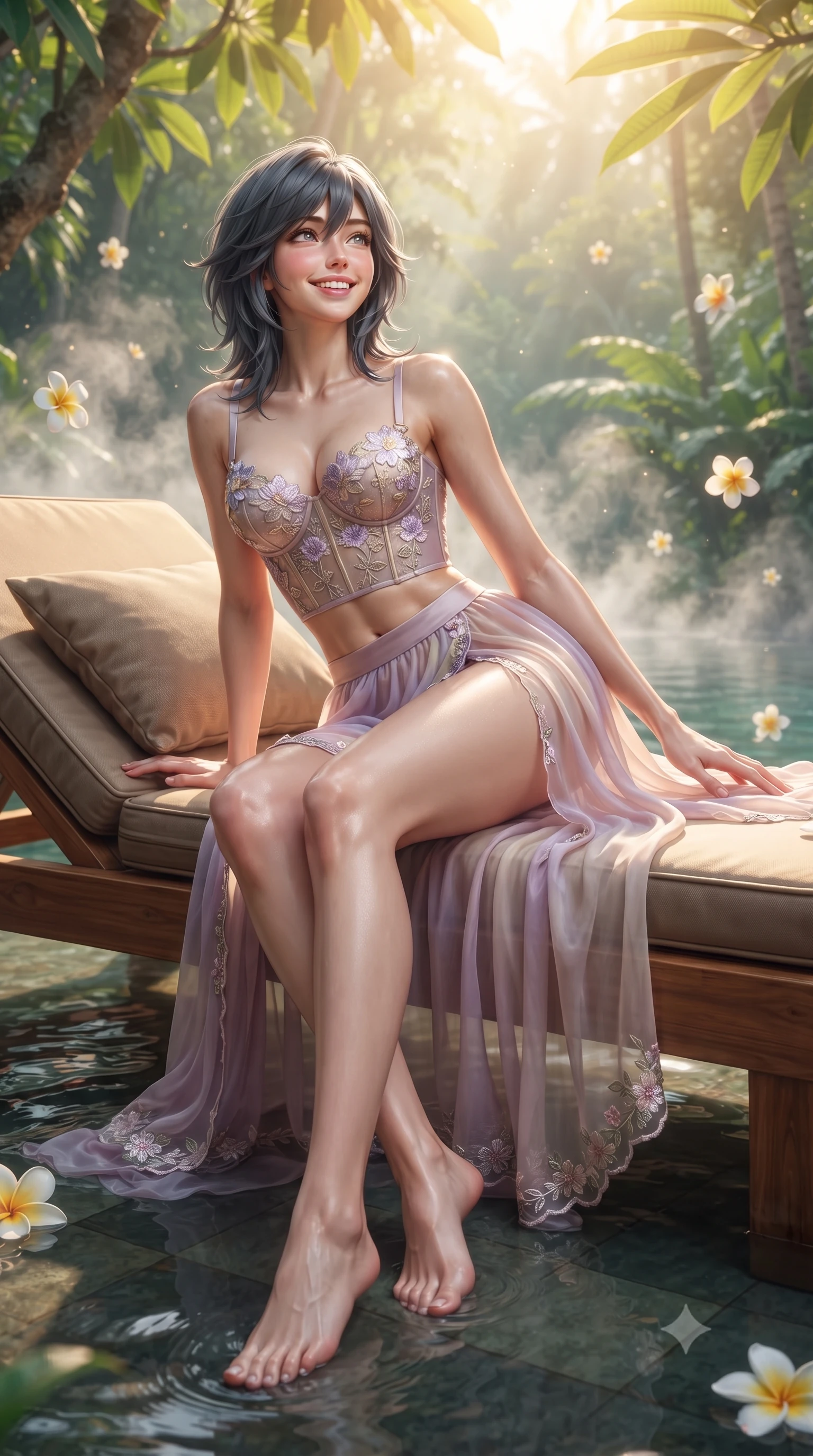 score_9, masterpiece, best quality, ultra-detailed, high-budget anime keyframe, editorial fashion photography, tasteful artistic composition, Caucasian woman. low angle full-body shot from head to toe showing her feet, filling the entire 9:16 vertical frame with her statuesque presence, stretching her vertical silhouette. reclining languidly on her side across the sunbed with one knee drawn up, her radiant smile and arched hip curve commanding the 9:16 vertical frame with youthful sensual charisma while wading lightly through the warm mineral infinity pool with hips cocked back, casting an enchanting, sun-dazed bedroom-gaze toward the canopy. The composition keeps background elements in soft focus with dreamy creamy bokeh. rising morning mist vapors and floating frangipani blossoms softened in exotic Balinese shallow focus. She has an exceptionally tall and slender model-like 8.5-heads proportion, an ultra-slim waist, a flat toned midriff, narrow delicate ribcage, and beautifully sculpted feminine hips creating a graceful, slim hourglass silhouette without any bulky heaviness, with impossibly long slender legs. sharp v-shaped jawline, high-bridge nose, intricate jewel-like sparkling eyes with depth, thick eyelashes, glossy parted lips with a natural peach sheen, bright cheerful beaming smile with an enchanting and coquettish sensual glint, exuding both youthful cute charm and seductive allure, flawlessly proportioned anatomical accuracy, strict slender model proportions, natural body alignment, perfectly sculpted long slender limbs, ultra-slim waistline, clean dynamic posture without body distortion. wearing a delicate floral embroidery bustier top paired with a flowy high-slit chiffon maxi skirt with a side hip opening in soft lilac and champagne shimmer, crafted from soft cozy cashmere yarn with an airy drape, complemented by delicate embroidered floral trim along the hem, the form-fitting cut adhering flawlessly to her sculpted flat midriff and slender torso, emphasizing her long leg lines and perfectly proportioned willowy build. bathed in warm tropical golden morning sunlight filtering through jungle canopy foliage. ultra-reflective glossy finish, specular highlights, rich textural contrasts, high-contrast stereoscopic depth, volumetric dynamic lighting, 2k, ultra detail, master piece, 9:16 ratio