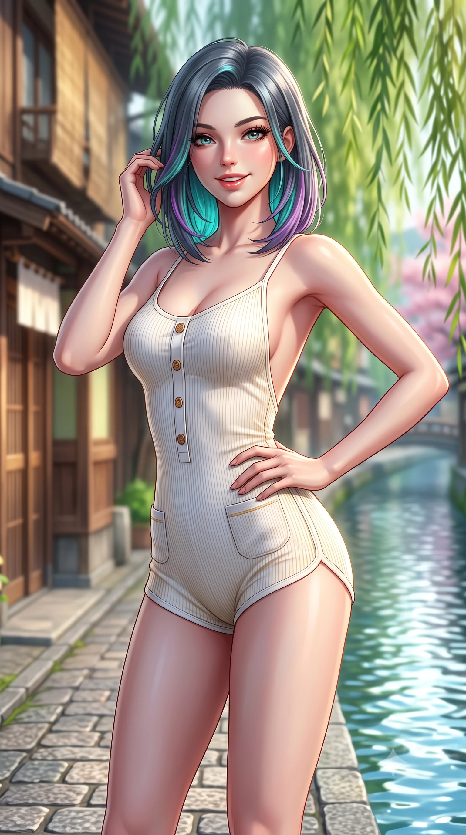 score_9, masterpiece, best quality, ultra-detailed, high-budget anime keyframe, semi-realistic 3D game render, editorial fashion photography, tasteful artistic composition, Caucasian woman. close-up cowboy shot from the waist and thighs up, the character dominates the composition, filling the frame with her large presence. twisting her slender torso in an alluring contrapposto stance, one hand resting on her sculpted hip while flashing a radiant, playful smile with parted glossy lips while standing poised on the cobblestone canal path beside historic wooden machiya teahouses, twisting her slender torso in an alluring contrapposto stance. The composition keeps background elements in soft focus with dreamy creamy bokeh. swaying emerald weeping willow branches and historic wooden teahouse facades blurred into soft jade, amber, and cherry blossom bokeh. She has an exceptionally elegant, slender, and willowy female figure with an ultra-slim waist, flat toned midriff, narrow ribcage, and sculpted feminine hips creating an alluring, slim hourglass silhouette without bulk. sharp v-shaped jawline, high-bridge nose, intricate jewel-like sparkling eyes with depth, thick eyelashes, glossy parted lips with a natural peach sheen, bright cheerful beaming smile with an enchanting and coquettish sensual glint, exuding both youthful cute charm and seductive allure, flawlessly proportioned anatomical accuracy, strict slender model proportions, natural body alignment, perfectly sculpted long slender limbs, ultra-slim waistline, clean dynamic posture without body distortion. wearing a second-skin stretch cotton camisole romper with high-cut leg openings and an open back in pure alabaster white and sun-kissed gold, formed from supple second-skin stretch ribbed knit clinging to her form, finished with neat front wooden buttons and delicate pocket details, the form-fitting cut adhering flawlessly to her sculpted flat midriff and slender torso, emphasizing her long leg lines and perfectly proportioned willowy build. illuminated by crystal water specular reflections accentuating her sculpted midriff, narrow waist, and curvy hips. highly saturated vibrant anime colors, detailed shading with soft gradients, rich glossy textures, high-contrast stereoscopic depth, volumetric dynamic lighting, master piece, 9:16 ratio