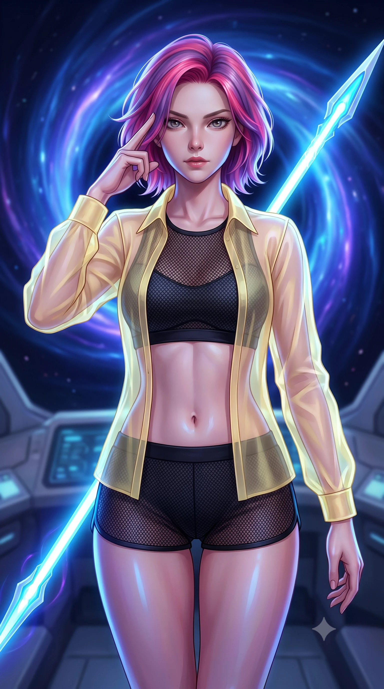 score_9, masterpiece, best quality, ultra-detailed, high-budget anime keyframe, editorial fashion photography, tasteful artistic composition, Caucasian woman. close-up cowboy shot from the waist and thighs up, the character dominates the composition, filling the frame with her large presence, background elements kept in soft focus. pressing two fingers to her temple while holding a light-spear diagonally behind her in a composed thoughtful gesture, the background shows a soft-focus a high-tech pilot cockpit facing a swirling gravity well in deep space. She has an exceptionally elegant, slender, and willowy female figure with an ultra-slim waist, a gracefully sculpted slender torso, and a refined silhouette. sharp v-shaped jawline, high-bridge nose, intricate jewel-like eyes with depth, thick eyelashes, glossy lips with a natural sheen. wearing a form-contouring sheer organza combat shirt in pale yellow, worn open over a carbon-mesh crop top and micro-shorts. intense blue and violet light ripples from the singularity casting dynamic reflections. highly saturated vibrant anime colors, detailed shading with soft gradients, rich glossy textures, high-contrast stereoscopic depth, volumetric dynamic lighting, master piece, 9:16 ratio