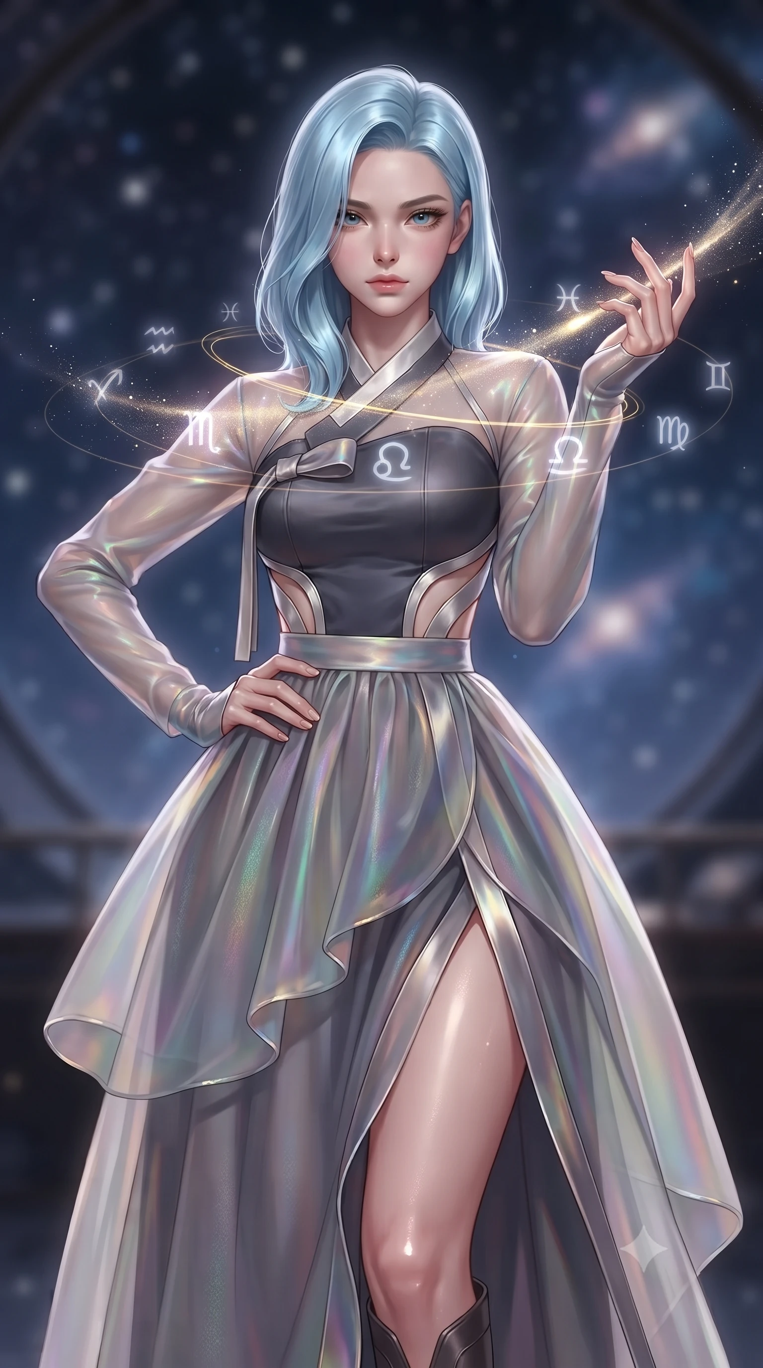 score_9, masterpiece, best quality, ultra-detailed, high-budget anime keyframe, editorial fashion photography, tasteful artistic composition, Korean woman. close-up cowboy shot from the waist and thighs up, the character dominates the composition, filling the frame with her large presence, background elements kept in soft focus. Holding a confident power pose with one hand on her hip, gazing directly into the camera with quiet intensity threading brilliant comet dust through a golden celestial loom, translucent zodiac glyphs orbiting around her delicate hands. She has an exceptionally elegant, slender, and willowy female figure with an ultra-slim waist, a gracefully sculpted slender torso, and a refined silhouette. sharp v-shaped jawline, high-bridge nose, intricate jewel-like eyes with depth, thick eyelashes, glossy lips with a natural sheen. wearing a modern fusion silk hanbok dress with a structured bodice in charcoal grey and platinum, crafted from iridescent chiffon that shifts colors in the light, featuring clean architectural cutouts along her slender torso, the glove-like fit emphasizing her statuesque silhouette. surrounded by a glowing aura of starlight and shimmering celestial rays. ultra-reflective glossy finish, specular highlights, metallic sheen, high-contrast stereoscopic depth, volumetric dynamic lighting, 2k, ultra detail, master piece, 9:16 ratio