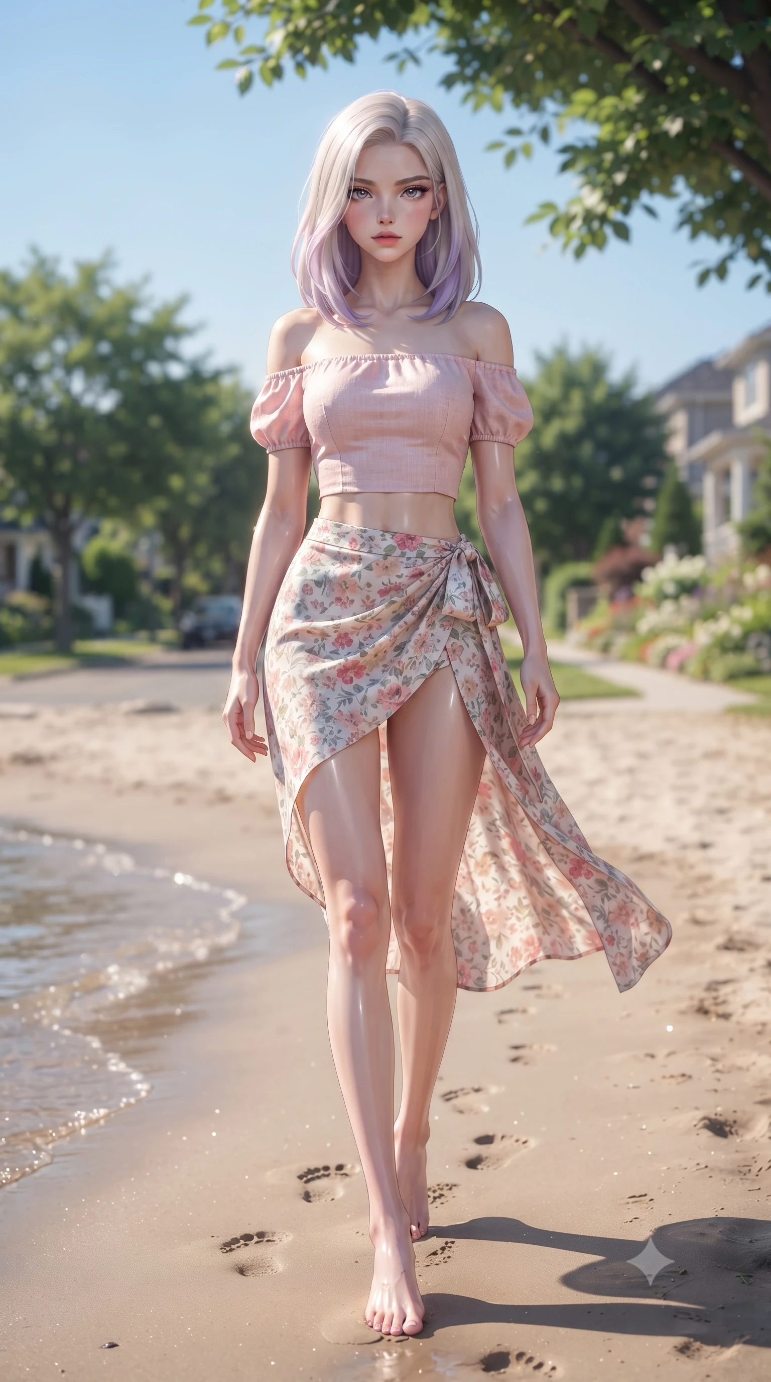 score_9, masterpiece, best quality, ultra-detailed, high-budget anime keyframe, editorial fashion photography, tasteful artistic composition, Caucasian woman woman. low angle full-body shot from head to toe showing her feet, filling the entire 9:16 vertical frame with her statuesque presence, stretching her vertical silhouette. walking slowly along the shoreline, leaving footprints in the wet sand the background shows a soft-focus a quiet residential street lined with green trees and neat gardens under a clear sky. She has an absolutely perfect, statuesque 8.5-heads proportion, an exceptionally tall and slender model-like female figure with impossibly long slender legs and an ultra-slim waist. sharp v-shaped jawline, high-bridge nose, intricate jewel-like eyes with depth, thick eyelashes, glossy lips with a natural sheen. wearing a form-contouring chic off-shoulder crop top in light pink linen, paired with a high-slit floral print wrap skirt. soft dappled sunlight filtering through roadside tree leaves. ultra-reflective glossy finish, specular highlights, metallic sheen, high-contrast stereoscopic depth, volumetric dynamic lighting, 2k, ultra detail, master piece, 9:16 ratio