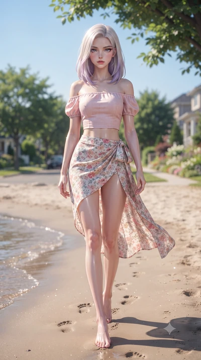 score_9, masterpiece, best quality, ultra-detailed, high-budget anime keyframe, editorial fashion photography, tasteful artistic composition, Caucasian woman woman. low angle full-body shot from head to toe showing her feet, filling the entire 9:16 v