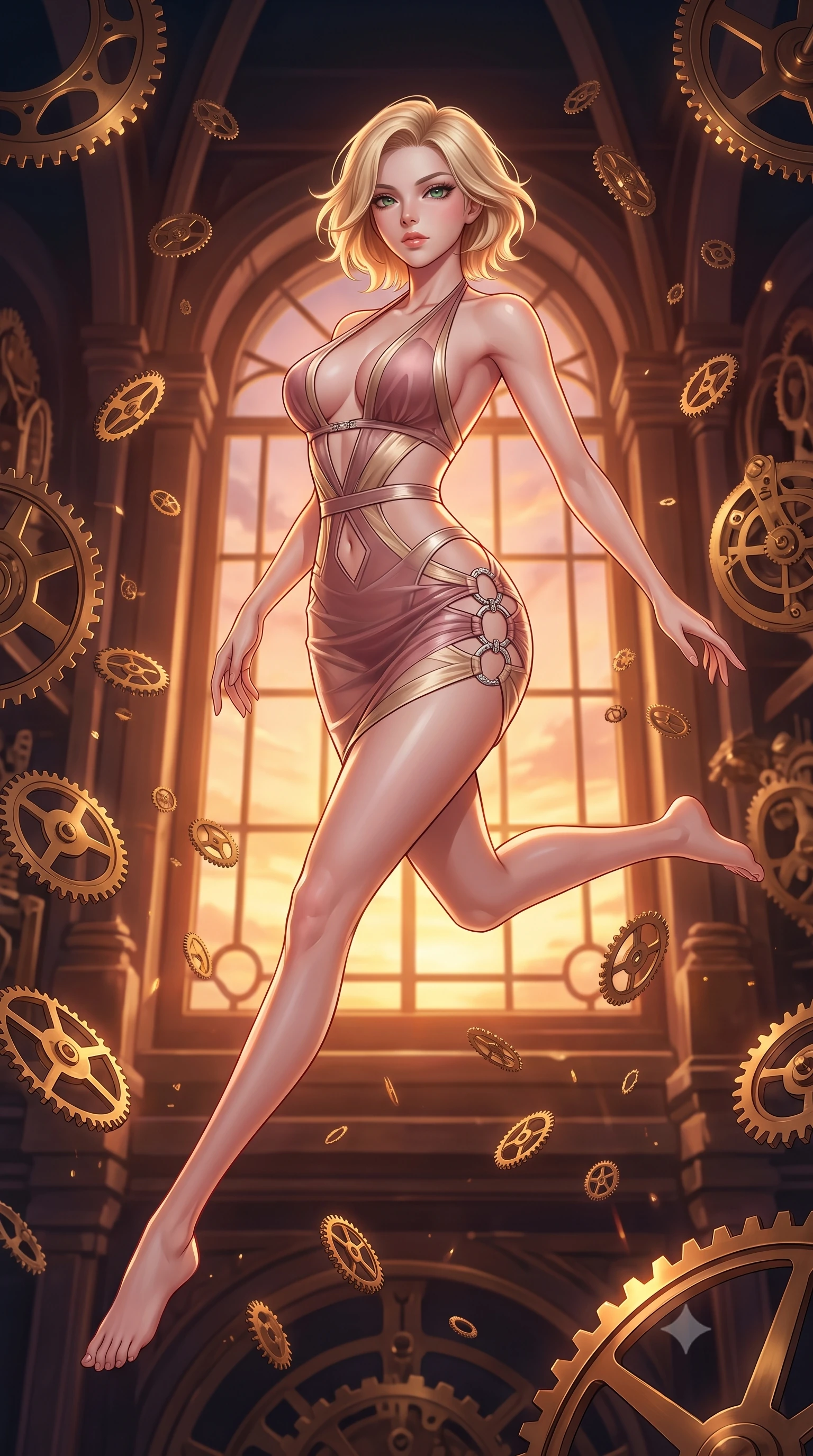 score_9, masterpiece, best quality, ultra-detailed, high-budget anime keyframe, editorial fashion photography, tasteful artistic composition, Caucasian woman. low angle full-body shot from head to toe showing her feet, filling the entire 9:16 vertical frame with her statuesque presence, stretching her vertical silhouette. leaping gracefully through mid-air with statuesque elegance, her impossibly long slender legs stretched in perfect balance while pivoting sharply with her torso tilted as brass gears rain around her in slow motion, dramatic twilight amber light streaming through a massive clock tower window. She has an absolutely perfect, statuesque 8.5-heads proportion, an exceptionally tall and slender model-like female figure with impossibly long slender legs and an ultra-slim waist. sharp v-shaped jawline, high-bridge nose, intricate jewel-like eyes with depth, thick eyelashes, glossy lips with a natural sheen, flawlessly proportioned anatomical accuracy, natural body alignment, perfectly sculpted elegant limbs, clean dynamic posture without body distortion. wearing a deep-scoop halter bodycon dress with hip cutouts connected by silver rings in dusty rose and champagne gold, woven from fine semi-opaque sheer organza, featuring subtle geometric cutouts that highlight her ultra-slim midriff, the glove-like fit emphasizing her statuesque silhouette during motion. bathed in warm twilight amber backlighting and rich metallic specular glow. highly saturated vibrant anime colors, detailed shading with soft gradients, rich glossy textures, high-contrast stereoscopic depth, volumetric dynamic lighting, master piece, 9:16 ratio