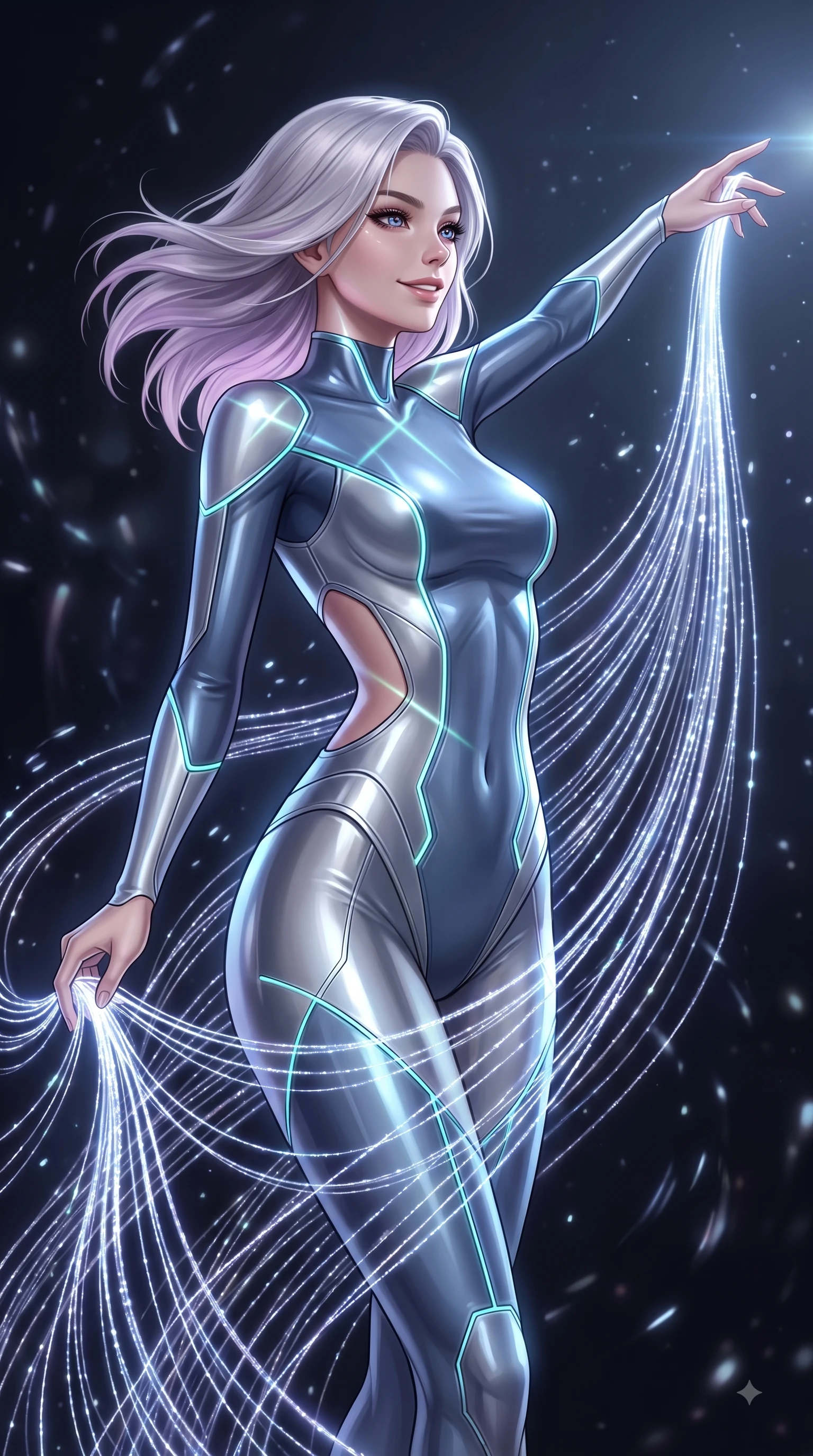 score_9, masterpiece, best quality, ultra-detailed, high-budget anime keyframe, editorial fashion photography, tasteful artistic composition, Caucasian woman. close-up cowboy shot from the waist and thighs up, the character dominates the composition, filling the frame with her large presence, background elements kept in soft focus. Extending one arm in an elegant stretch toward the light while smiling with magnetic self-assurance while weaving a shimmering dress of light threads that flow around her figure in zero-gravity, glowing fiber optic motes drifting like fireflies in the dark background. She has an exceptionally elegant, slender, and willowy female figure with an ultra-slim waist, a gracefully sculpted slender torso, and a refined silhouette. sharp v-shaped jawline, high-bridge nose, intricate jewel-like eyes with depth, thick eyelashes, glossy lips with a natural sheen, flawlessly proportioned anatomical accuracy, natural body alignment, perfectly sculpted elegant limbs, clean dynamic posture without body distortion. wearing a skin-tight cybernetic bodysuit with glowing neon seams and side cutouts in slate blue and metallic silver, formed from sleek second-skin neoprene, featuring clean architectural cutouts along her slender torso, the glove-like fit emphasizing her statuesque silhouette during motion. bathed in sharp geometric laser grid highlights and soft ambient fill. ultra-reflective glossy finish, specular highlights, metallic sheen, high-contrast stereoscopic depth, volumetric dynamic lighting, 2k, ultra detail, master piece, 9:16 ratio