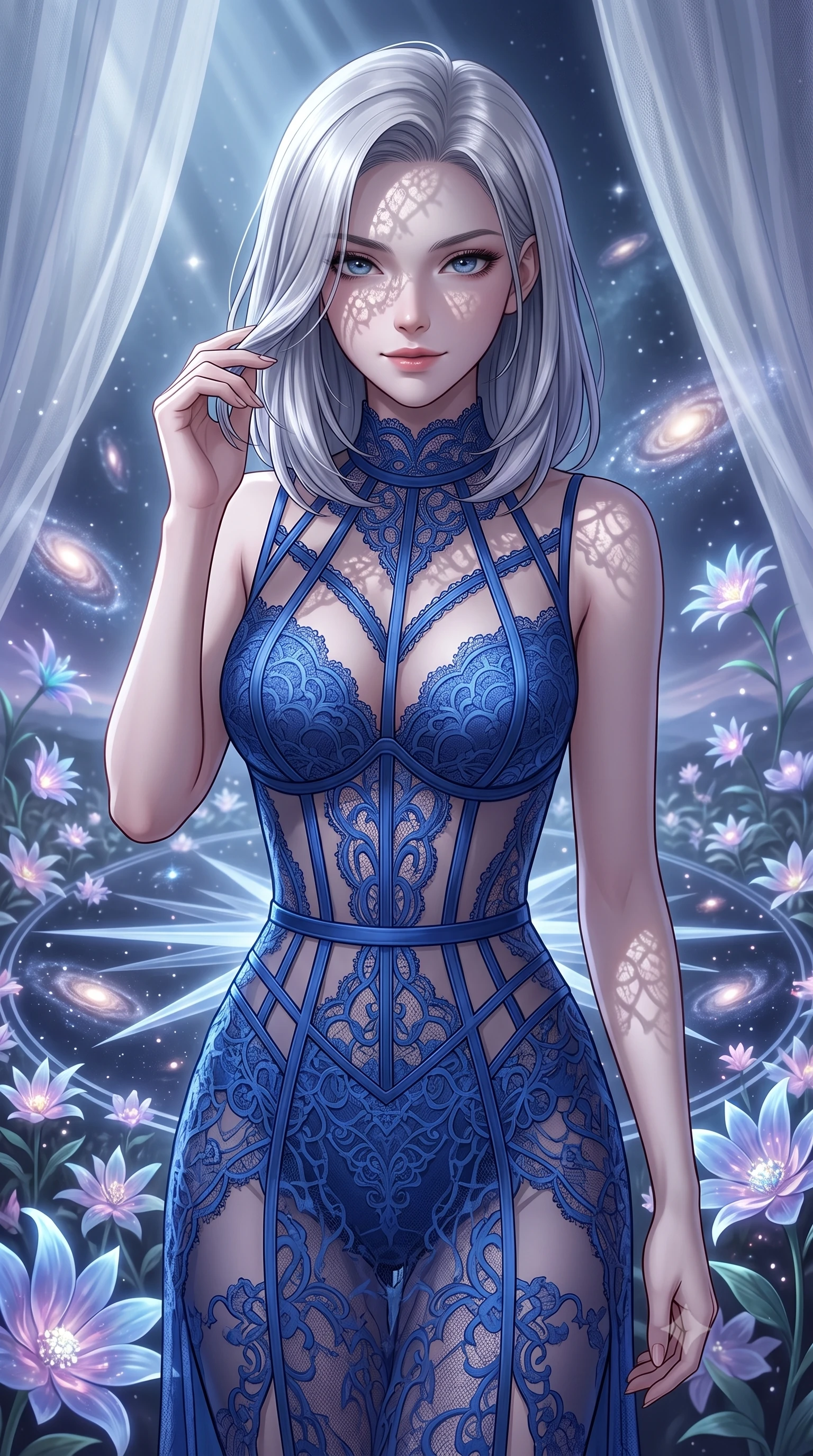 score_9, masterpiece, best quality, ultra-detailed, high-budget anime keyframe, editorial fashion photography, tasteful artistic composition, Caucasian woman, strictly human ears. close-up cowboy shot from the waist and thighs up, the character dominates the composition, filling the frame with her large presence, background elements kept in soft focus. Gently brushing hair from her face with an enigmatic half-smile. set against a soft-focus background of a cosmic garden where luminous flowers are arranged in enormous compass rose patterns each petal-arm pointing toward a different visible galaxy with stellar winds gently swaying the astral blooms. She has an exceptionally elegant and slender, willowy female figure with an ultra-slim waist, a gracefully sculpted slender torso, and a refined slim physique. sharp v-shaped jawline, high-bridge nose, intricate jewel-like eyes with depth, thick eyelashes, glossy lips with a natural sheen. wearing a lace cage dress in cobalt blue, with a detailed corset waist and sheer panels that highlight her slender torso. cold silver moonlight filtered through translucent gossamer curtains casting delicate shadows. 2k, ultra detail, master piece, 9:16 ratio