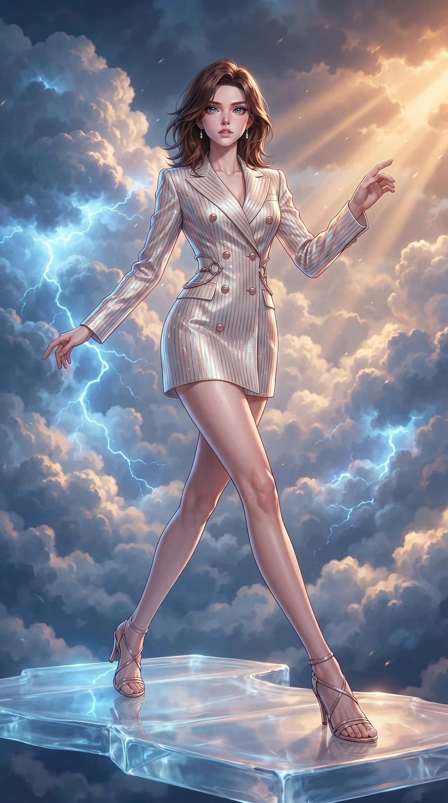 score_9, masterpiece, best quality, ultra-detailed, high-budget anime keyframe, editorial fashion photography, tasteful artistic composition, Korean woman. low angle full-body shot from head to toe showing her feet, filling the entire 9:16 vertical frame with her statuesque presence, stretching her vertical silhouette. forging dynamically through the scene, her vertical silhouette beautifully stretched poised on a sky platform as gentle internal lightning flashes illuminate cloud walls, volumetric cumulus cloud textures illuminated from within by electric light. She has an absolutely perfect, statuesque 8.5-heads proportion, an exceptionally tall and slender model-like female figure with impossibly long slender legs and an ultra-slim waist. sharp v-shaped jawline, high-bridge nose, intricate jewel-like eyes with depth, thick eyelashes, glossy lips with a natural sheen. wearing a double-breasted blazer dress with metallic pin-stripes in pearl white and rose gold, crafted from iridescent chiffon that shifts colors in the light, accented with delicate chrome ring hardware framing her waist, the form-contouring material highlighting her ultra-slim waist and long lines. bathed in a dual-tone palette of electric blue and warm amber sky rays. highly saturated vibrant anime colors, detailed shading with soft gradients, rich glossy textures, high-contrast stereoscopic depth, volumetric dynamic lighting, master piece, 9:16 ratio