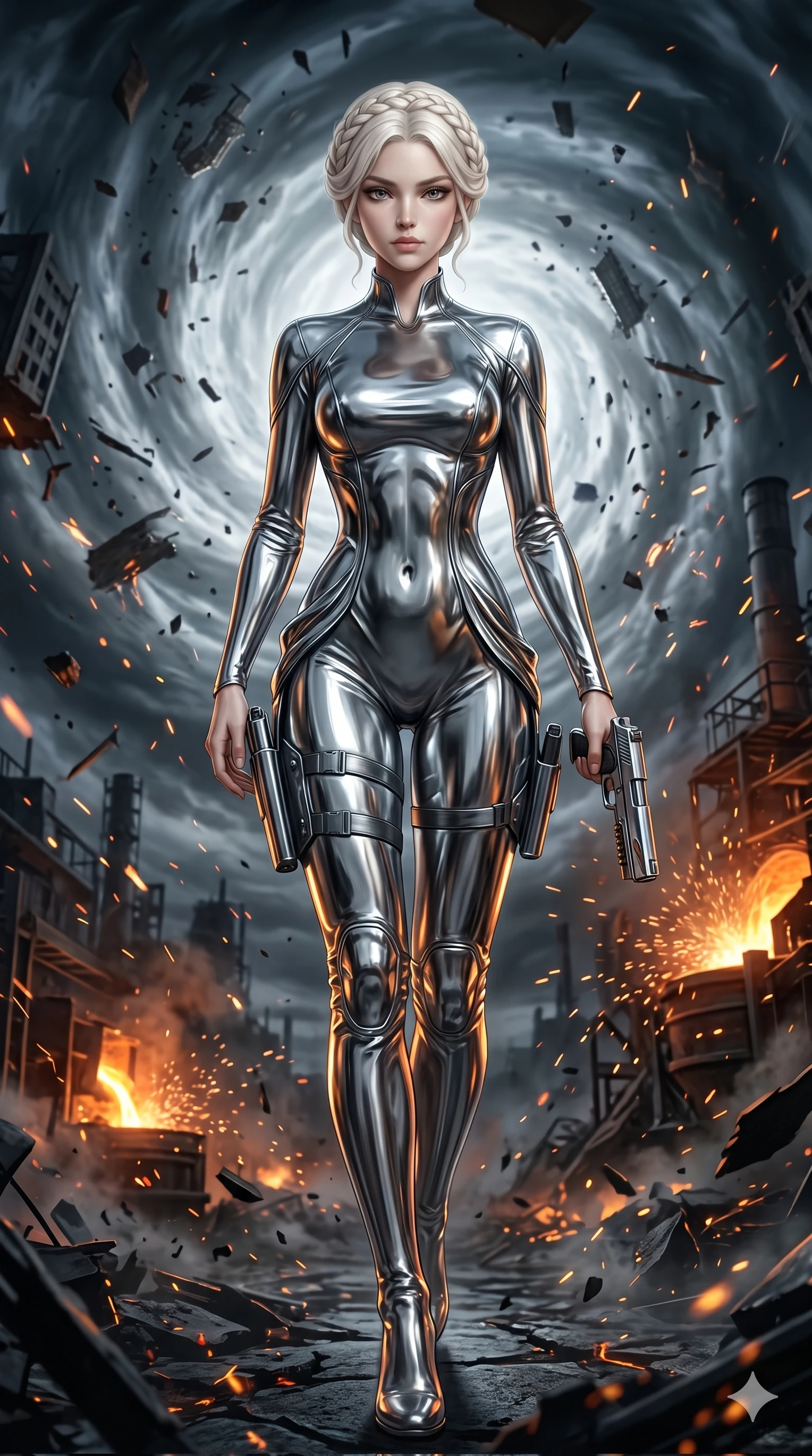 score_9, masterpiece, best quality, ultra-detailed, Photorealistic 8k CG, masterpiece, hyper-realistic SSS skin texture, cinematic ray-tracing, every pore and strand of hair rendered with extreme precision, 8k resolution, Caucasian woman with pale skin, blonde hair, and (strictly human ears). Cinematic low angle perspective showcasing her towering height and perfect 8-heads proportion. Standing in the eye of a terrifying hurricane with absolute calm, the debris of a destroyed city circling her in a violent vortex. She has an absolutely perfect 8-heads proportion, an exceptionally tall and slender female figure with impossibly long slender legs and an ultra-slim waist, her statuesque height and towering silhouette dominating the vertical 9:16 frame. Her face is a masterpiece featuring a sharp v-shaped jawline, high-bridge nose, intricate jewel-like eyes with depth, thick eyelashes, and glossy lips with a natural sheen. She is wearing a Sleek tactical uniform with thigh-high holsters, with a sleek modern design crafted from Molten liquid mercury that flows and reflects the environment with metallic perfection, featuring elegant design elements that emphasize her ultra-slim waist and hips. The scene is set in a gritty industrial factory with glowing molten metal, flying sparks, and deep shadows, illuminated by dynamic strobe effects that capture her movement in a series of sharp fragments. 2k, ultra detail, master piece, 9:16 ratio