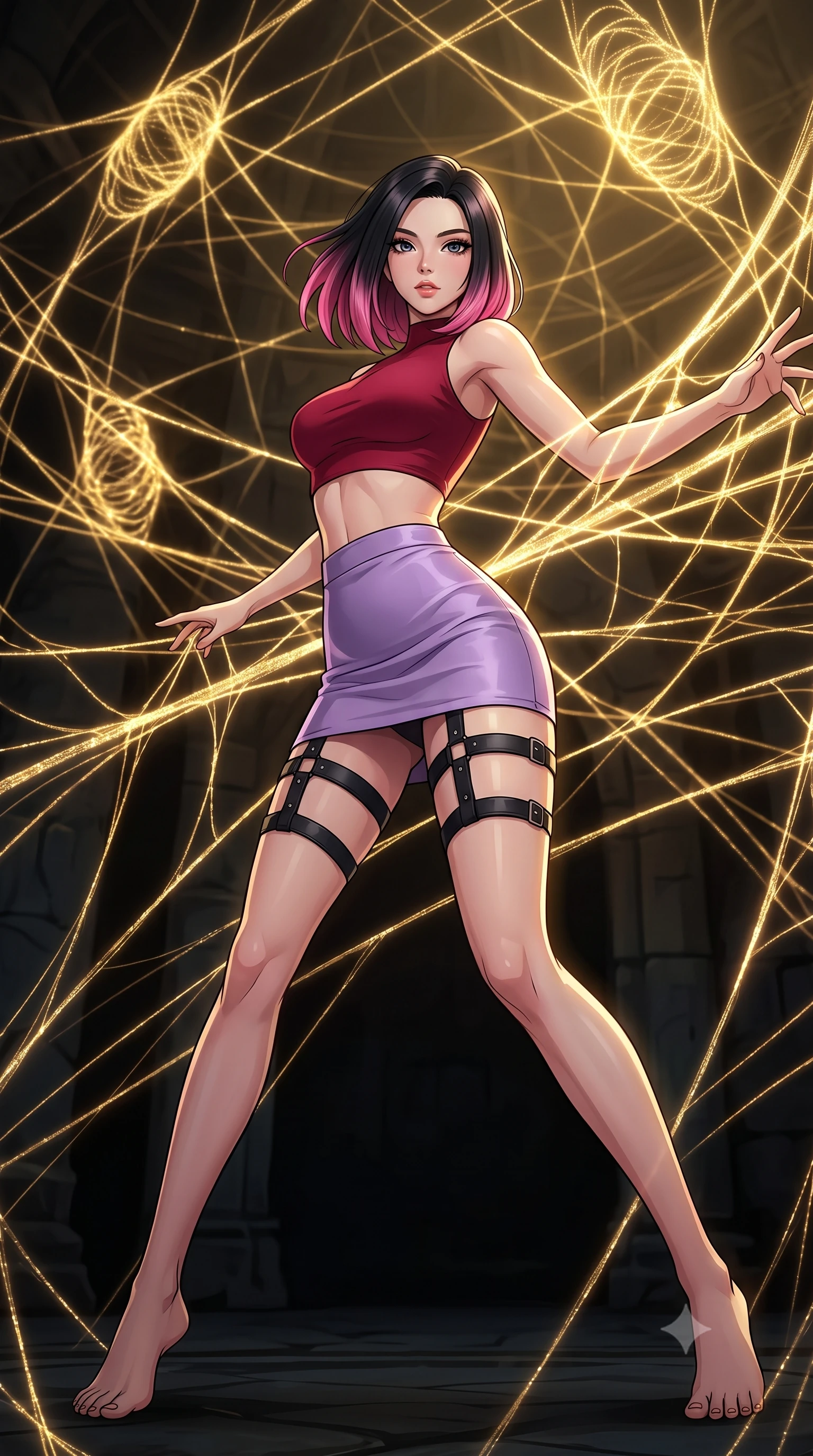 score_9, masterpiece, best quality, ultra-detailed, high-budget anime keyframe, clean line-art, cel-shading, Korean woman. low angle full-body shot from head to toe showing her feet, filling the entire 9:16 vertical frame with her statuesque presence, stretching her vertical silhouette. dodging backward with feline agility while casting an energy barrier through a dark chamber where golden light filaments are spinning into cocoons in the air, creating a dense web of light. She has a statuesque 8.5-heads proportion, an exceptionally tall, slender and willowy model-like build with impossibly long legs and a highly sculpted ultra-slim waist. sharp v-shaped jawline, high-bridge nose, intricate jewel-like eyes with depth, thick eyelashes, glossy lips with a natural sheen. wearing catching and diffusing the glowing particles, shimmering softly in response to the surrounding light, a body-hugging matte crimson crop top paired with matching high-waist lavender mini skirt and black leather thigh straps. dramatic chiaroscuro with a single golden key light sculpting her silhouette. highly saturated vibrant anime colors, intense vivid color palette, volumetric dynamic lighting, 2k, ultra detail, master piece, 9:16 ratio