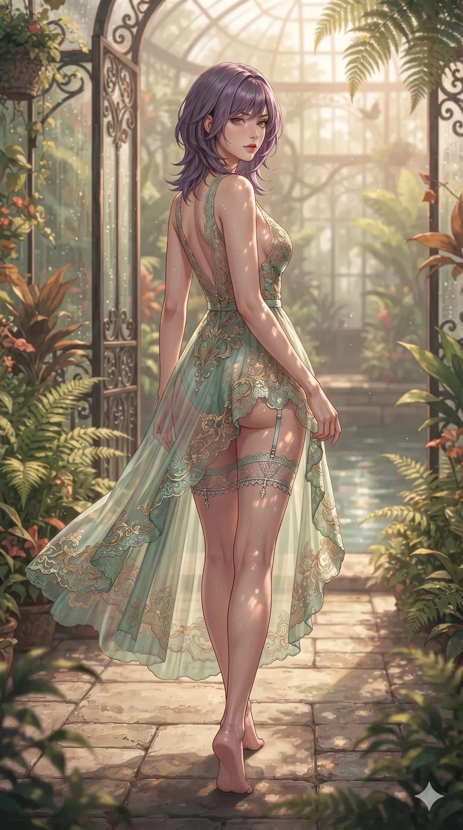 score_9, masterpiece, best quality, ultra-detailed, high-budget anime keyframe, editorial fashion photography, tasteful artistic composition, Japanese woman. low angle full-body shot from head to toe showing her feet, filling the entire 9:16 vertical frame with her statuesque presence, stretching her vertical silhouette. walking along the waterfront terrace with poise, looking back over her bare shoulder with an irresistible smoldering bedroom-gaze while twisting her slender torso in an alluring contrapposto stance, dappled sunbeam patterns and glossy leaf reflections tracing her flat midriff and hourglass curves. The background shows a soft-focus warm botanical greenhouse mist softened in palatial orangerie shallow focus. She has an exceptionally tall and slender model-like 8.5-heads proportion, an ultra-slim waist, a flat toned midriff, narrow delicate ribcage, and beautifully sculpted feminine hips creating a graceful, slim hourglass silhouette without any bulky heaviness, with impossibly long slender legs. sharp v-shaped jawline, high-bridge nose, intricate jewel-like sparkling eyes with depth, thick eyelashes, glossy parted lips with a natural sheen, intensely captivating and seductive bedroom-eyes expression, exuding both youthful cute charm and sovereign luxury allure, flawlessly proportioned anatomical accuracy, strict slender model proportions, natural body alignment, perfectly sculpted long slender limbs, ultra-slim waistline, clean dynamic posture without body distortion. wearing a plunge-front sheer illusion tulle slip dress with liquid platinum ribbon stripes hugging her curves in celadon jade and antique gold-leaf, made of delicate semi-sheer French Chantilly lace with intricate eyelash edges, finished with delicate crystal-encrusted thigh garter straps glinting in the dim light, the glove-like clinging cut tightly following the natural contour of her hips and long slender legs with youthful 8.5-heads elegance. bathed in the radiant, sun-drenched greenhouse light filtering through textured glass panes creating high-contrast dappled highlights. ultra-reflective glossy finish, specular highlights, rich textural contrasts, high-contrast stereoscopic depth, volumetric dynamic lighting, 2k, ultra detail, master piece, 9:16 ratio