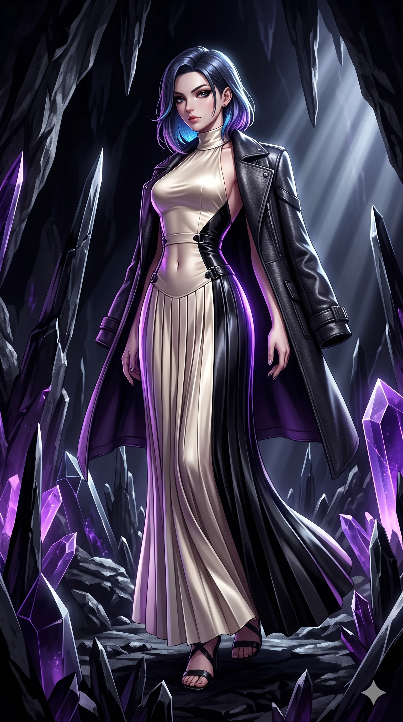 score_9, masterpiece, best quality, ultra-detailed, high-budget anime keyframe, semi-realistic 3D game render, editorial fashion photography, tasteful artistic composition, Caucasian woman. low angle full-body shot from head to toe showing her feet, filling the entire 9:16 vertical frame with her statuesque presence, stretching her vertical silhouette. executing a slow, elegant turn as her liquid gown flutters around her slender legs, glancing over her shoulder with an intoxicating bedroom-gaze while twisting her slender torso in an alluring S-curve between jagged obsidian spires, purple bioluminescence illuminating her flat midriff and hips. The surrounding environment is rendered in vivid detail and crisp panoramic clarity: detailed structured dark leather coat drape, titanium buckle clasps, and geometric mineral formations in razor-sharp precision. She has an absolutely perfect, statuesque 8.5-heads proportion, an exceptionally tall and slender model-like female figure with impossibly long slender legs, an ultra-slim waist, a flat toned midriff, narrow delicate ribcage, and beautifully sculpted feminine hips creating a graceful, slim hourglass silhouette without any bulky heaviness. sharp v-shaped jawline, high-bridge nose, intricate jewel-like dark sparkling eyes with hypnotic seductive depth, thick curled eyelashes, glossy parted lips with a natural wine sheen, alluring bedroom-eyes with an enigmatic smoldering smile, exuding magnetic sovereign charisma and dark avant-garde glamour, flawlessly proportioned anatomical accuracy, strict slender model proportions, natural body alignment, perfectly sculpted long slender limbs, ultra-slim waistline, clean dynamic posture without body distortion. wearing a high-neck liquid satin evening cape gown with modest pleated column skirt in celestial champagne ivory and high-gloss jet black, woven from bespoke high-density barathea wool with refined ceremonial hold, adorned with minimalist black onyx hardware framing the silhouette, the bespoke structured tailoring following the natural line of her 8.5-heads silhouette with refined elegance. lit by cold silver beams and violet crystal luminescence cutting through pitch-black subterranean darkness. highly saturated vibrant anime colors, detailed shading with soft gradients, rich glossy textures, high-contrast stereoscopic depth, volumetric dynamic lighting, master piece, 9:16 ratio