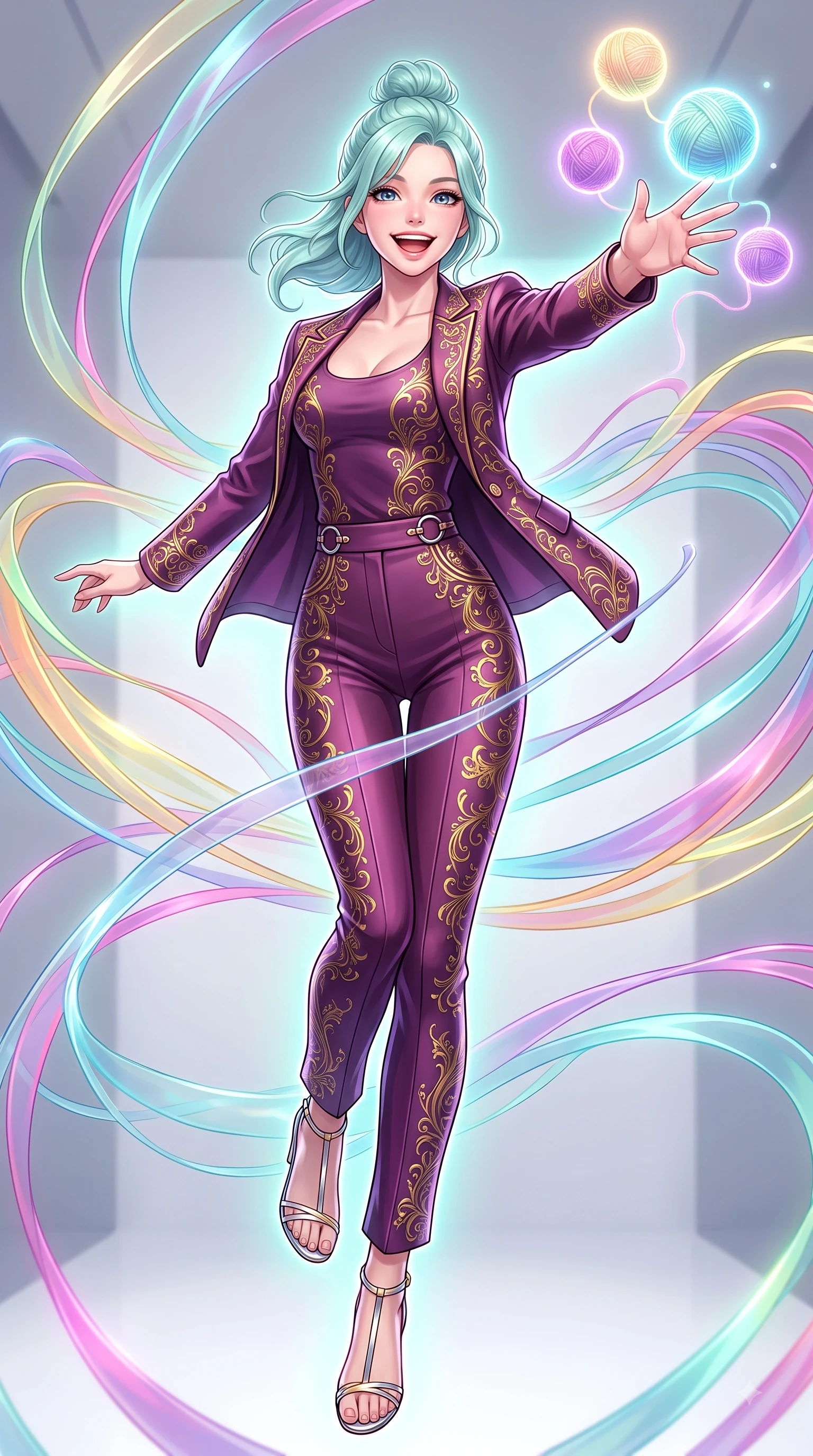 score_9, masterpiece, best quality, ultra-detailed, high-budget anime keyframe, editorial fashion photography, tasteful artistic composition, Japanese woman. low angle full-body shot from head to toe showing her feet, filling the entire 9:16 vertical frame with her statuesque presence, stretching her vertical silhouette. performing a cheerful mid-air rotation with flawless poise, her radiant smile capturing pure happy energy while reaching forward with a cheerful arm stretch to touch a cluster of glowing yarn spheres, translucent silk ribbons swirling around her figure like bright streams. She has an absolutely perfect, statuesque 8.5-heads proportion, an exceptionally tall and slender model-like female figure with impossibly long slender legs and an ultra-slim waist. sharp v-shaped jawline, high-bridge nose, intricate jewel-like eyes with depth, thick eyelashes, glossy lips with a natural sheen, flawlessly proportioned anatomical accuracy, natural body alignment, perfectly sculpted elegant limbs, clean dynamic posture without body distortion. wearing a tailored silk blazer over a form-contouring scoop-neck top and slacks in plum purple and gold filigree, formed from sleek second-skin neoprene, accented with delicate chrome ring hardware framing her waist, the tailored fabric tightly following every curve of her athletic build. surrounded by a vibrant fluorescent aura with bright specular rim lights. highly saturated vibrant anime colors, detailed shading with soft gradients, rich glossy textures, high-contrast stereoscopic depth, volumetric dynamic lighting, master piece, 9:16 ratio
