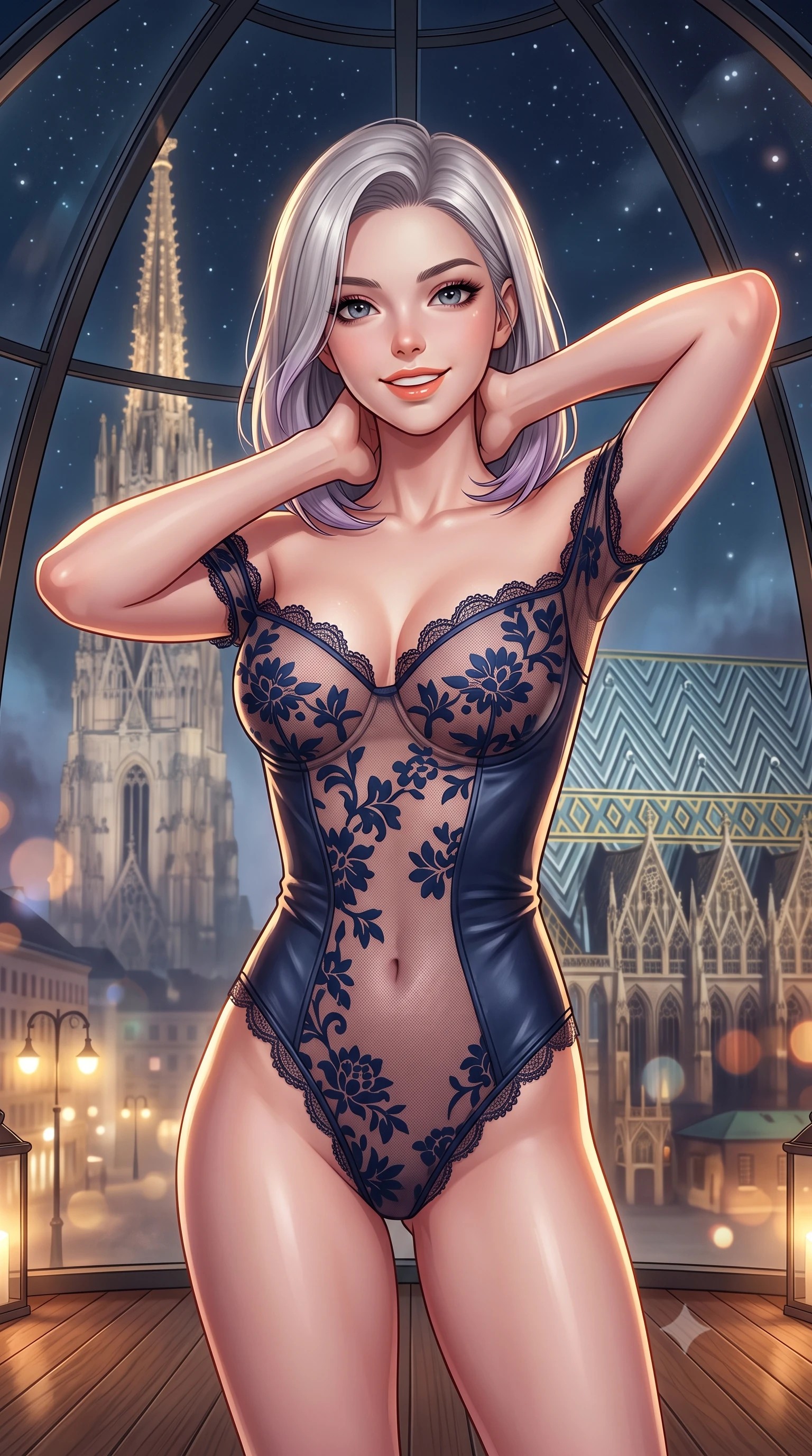 score_9, masterpiece, best quality, ultra-detailed, high-budget anime keyframe, semi-realistic 3D game render, editorial fashion photography, tasteful artistic composition, Caucasian woman. close-up cowboy shot from the waist and thighs up, the character dominates the composition, filling the frame with her large presence. resting both hands lightly behind her neck with elbows raised, arching her spine to highlight her narrow waist, flat midriff, and breathtaking collarbones while standing poised on the heated teak terrace beneath the panoramic glass dome, arching her lower back as the illuminated gothic spire of Stephansdom glows in midnight mist. The background shows a soft-focus diamond-patterned glazed tile roof and illuminated spire of St. Stephen's Cathedral, historic boulevard streetlights, and starry sky blurred into topaz, sapphire, and obsidian bokeh. She has an exceptionally elegant, slender, and willowy female figure with an ultra-slim waist, flat toned midriff, narrow ribcage, and sculpted feminine hips creating an alluring, slim hourglass silhouette without bulk. sharp v-shaped jawline, high-bridge nose, intricate jewel-like sparkling eyes with depth, thick eyelashes, glossy parted lips with a natural peach sheen, bright cheerful beaming smile with an enchanting and coquettish sensual glint, exuding both youthful cute charm and seductive allure, flawlessly proportioned anatomical accuracy, strict slender model proportions, natural body alignment, perfectly sculpted long slender limbs, ultra-slim waistline, clean dynamic posture without body distortion. wearing an off-the-shoulder sheer-illusion mesh bodysuit with strategic floral flocking and high-cut leg openings in Brittany pink granite rose and deep Atlantic navy, woven from buttery-soft stretch lambskin leather adhering to her body like a second skin, finished with scalloped eyelash lace trim framing her sweetheart neckline with intimate elegance, the liquid-tight tailored fabric clinging flawlessly to her narrow waist and rounded feminine hips, emphasizing every millimeter of her sculpted slim hourglass curves without any bulky heaviness. illuminated by glass reflection bounce and sharp platinum-gold rim lights defining her dewy collarbones, ultra-slim waist, and curvy hips. highly saturated vibrant anime colors, detailed shading with soft gradients, rich glossy textures, high-contrast stereoscopic depth, volumetric dynamic lighting, master piece, 9:16 ratio