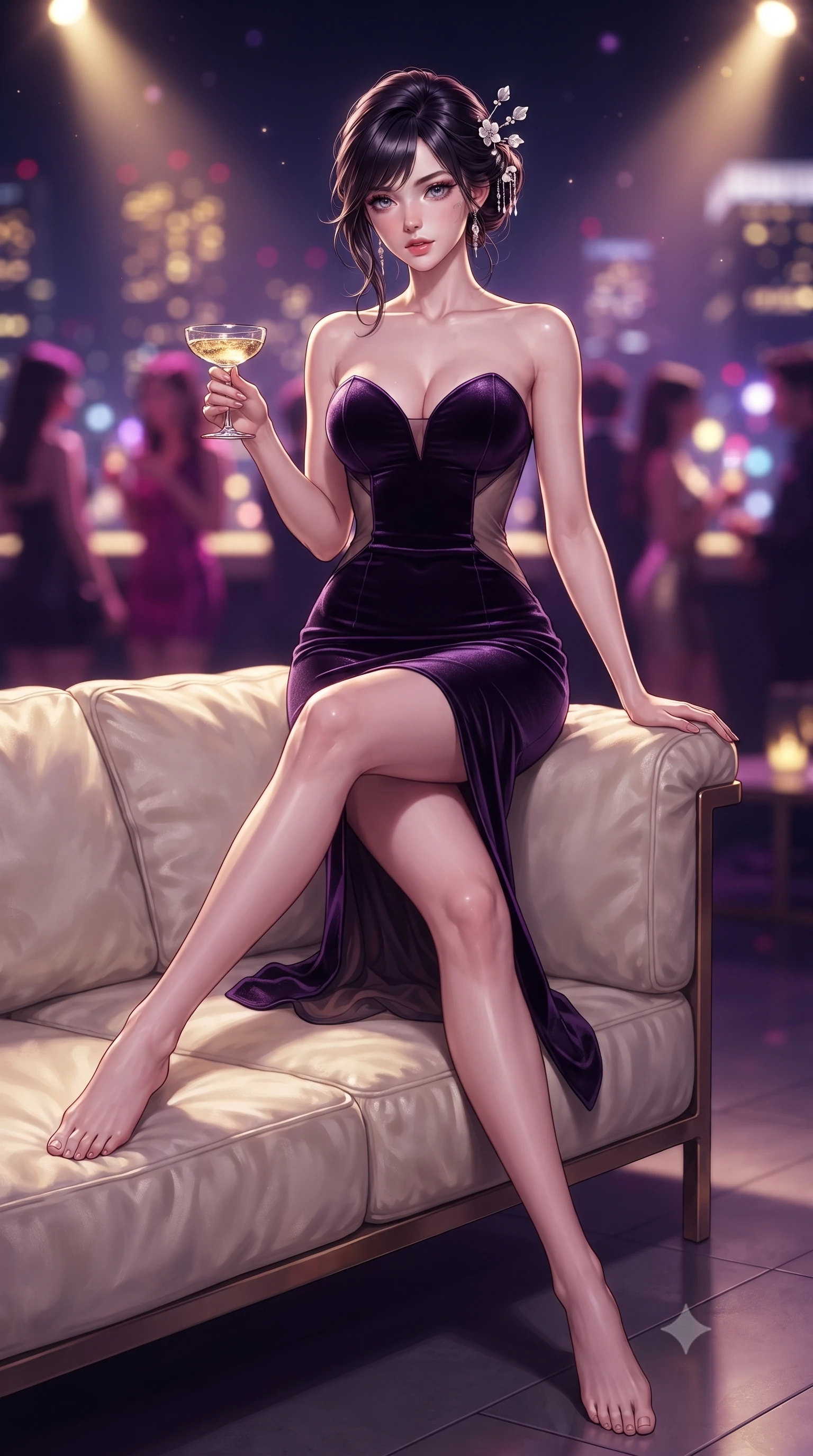 score_9, masterpiece, best quality, ultra-detailed, high-budget anime keyframe, editorial fashion photography, tasteful artistic composition, Japanese woman. low angle full-body shot from head to toe showing her feet, filling the entire 9:16 vertical frame with her statuesque presence, stretching her vertical silhouette. stepping slowly toward the camera with hypnotic grace, hips swaying in an alluring sensual rhythm that accentuates her curvy hourglass silhouette and long slender legs while lounging gracefully on a plush white outdoor sofa with one knee drawn up, holding a champagne coupe with effortless high-society poise. The background shows a soft-focus the glittering sea of Tokyo city lights, moving nightclub spotlights, and chic patrons blurred into magenta, gold, and violet bokeh. She has an absolutely perfect, statuesque 8.5-heads proportion, an exceptionally tall and slender model-like female figure with impossibly long slender legs, an ultra-slim waist, a flat toned midriff, narrow delicate ribcage, and beautifully sculpted feminine hips creating a graceful, slim hourglass silhouette without any bulky heaviness. sharp v-shaped jawline, high-bridge nose, sparkling eyes with hypnotic seductive depth, thick curled eyelashes, glossy parted lips with a natural dewy peach sheen, alluring bedroom-eyes with an enchanting coquettish smile, exuding magnetic siren charisma and sophisticated glamour, flawlessly proportioned anatomical accuracy, strict slender model proportions, natural body alignment, perfectly sculpted long slender limbs, ultra-slim waistline, clean dynamic posture without body distortion. wearing a deep sweetheart-neckline velvet bodycon dress with sheer side-torso cutouts accentuating her hourglass curves in dual-tone high-contrast neon monochrome, made of delicate semi-sheer Korean gossamer organza with subtle pearlescent glints, finished with delicate mother-of-pearl hairpin ornaments glinting in her dark glossy hair, the form-contouring silhouette accentuating her sculpted flat midriff, narrow delicate ribcage, and gracefully curvy hips with intoxicating allure. bathed in dynamic purple and gold nightclub spotlight sweeps paired with ambient skyline glow. ultra-reflective glossy finish, specular highlights, rich textural contrasts, high-contrast stereoscopic depth, volumetric dynamic lighting, 2k, ultra detail, master piece, 9:16 ratio