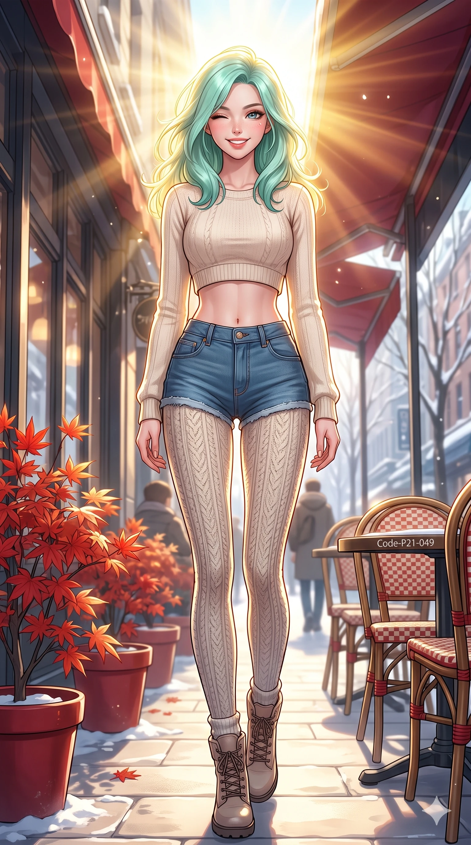 score_9, masterpiece, best quality, ultra-detailed, high-budget anime keyframe, vibrant anime aesthetic, Japanese woman. low angle full-body shot from head to toe showing her feet, filling the entire 9:16 vertical frame with her statuesque presence, stretching her vertical silhouette. She is standing in the winter sun, winking and smiling delightfully at the camera by a street cafe terrace filled with red maple pots (Code-P21-049). She has an absolutely perfect 8-heads proportion, an exceptionally tall and slender female figure with impossibly long slender legs and an ultra-slim waist. V-shaped jawline, high-bridge nose, intricate jewel-like eyes with depth, thick eyelashes, glossy lips with a natural sheen. wearing a crop top showing her bare midriff and denim micro-shorts in winter knit. She is drenched in brilliant midday winter sunbeams, casting a radiant halo around her hair. 2k, ultra detail, master piece, 9:16 ratio
