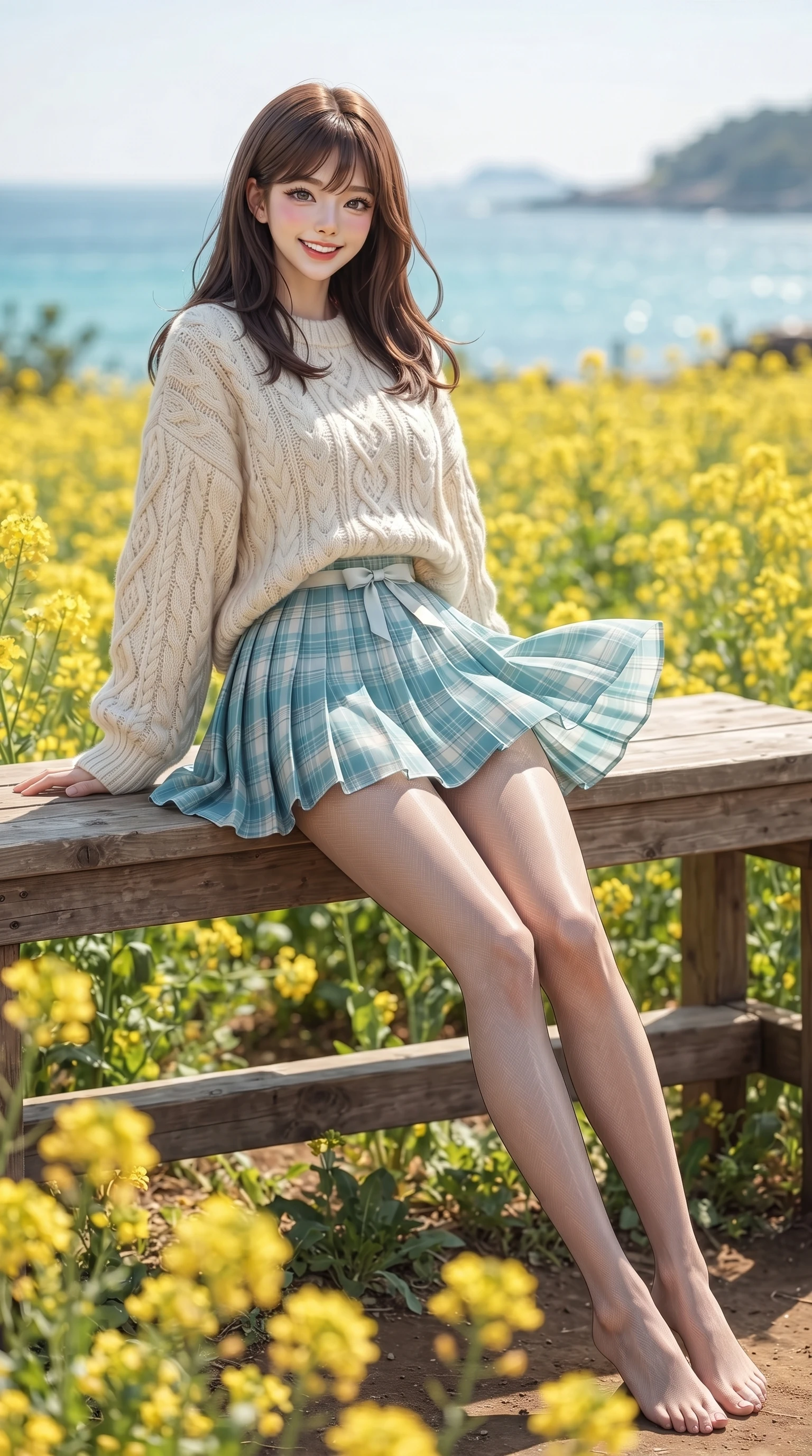 score_9, masterpiece, best quality, ultra-detailed, high-budget anime keyframe, editorial fashion photography, tasteful artistic composition, Korean woman. low angle full-body shot from head to toe showing her feet, filling the entire 9:16 vertical frame with her statuesque presence, stretching her vertical silhouette. pivoting dynamically with a fresh infectious smile, her ultra-slim waist creating a sweeping fluid curve while sitting playfully on a wooden bench surrounded by yellow canola flower fields with a radiant beaming smile. The composition keeps background elements in soft focus with dreamy bokeh. sparkling turquoise sea waves and distant island horizons blurred into smooth ocean bokeh. She has an absolutely perfect, statuesque 8.5-heads proportion, an exceptionally tall and slender model-like female figure with impossibly long slender legs and an ultra-slim waist. sharp v-shaped jawline, high-bridge nose, intricate jewel-like eyes with depth, thick eyelashes, glossy lips with a natural sheen, flawlessly proportioned anatomical accuracy, natural body alignment, perfectly sculpted elegant limbs, clean dynamic posture without body distortion. wearing a cozy oversized cable-knit sweater paired with a chic pleated plaid mini skirt in ocean turquoise and sea-salt white, made of fine lightweight chiffon that flutters gently in the breeze, accented with a dainty waist ribbon bow, the breezy lightweight fabric fluttering softly against her delicate frame. surrounded by a fresh, sun-drenched, and relaxing vacation atmosphere. ultra-reflective glossy finish, specular highlights, metallic sheen, high-contrast stereoscopic depth, volumetric dynamic lighting, 2k, ultra detail, master piece, 9:16 ratio