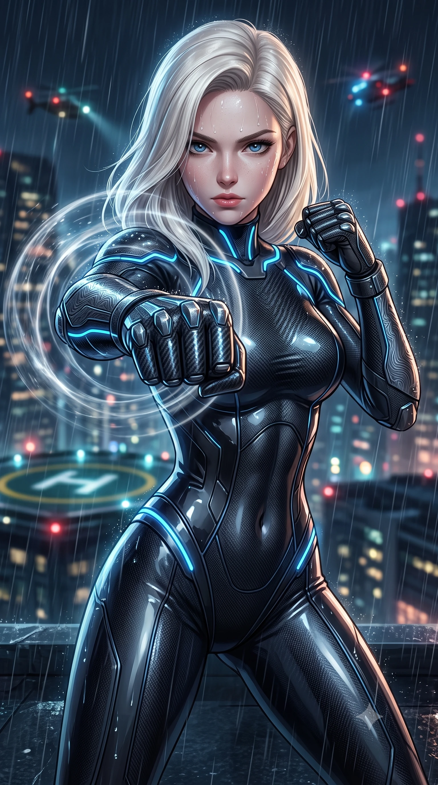 score_9, masterpiece, best quality, ultra-detailed, high-budget anime keyframe, semi-realistic 3D game render, editorial fashion photography, tasteful artistic composition, Caucasian woman. close-up cowboy shot from the waist and thighs up, the character dominates the composition, filling the frame with her large presence. thrusting a high-speed kinetic punch toward the camera, a visible conical shockwave distortion wrapping around her sleek carbon forearm while delivering a lightning-fast kinetic punch on a rain-swept skyscraper rooftop, generating a visible conical air-distortion shockwave. The composition keeps background elements in soft focus with creamy bokeh. helipad landing lights and flying vehicle navigation beacons softened in moody shallow focus. She has an exceptionally elegant, slender, and willowy female figure with an ultra-slim waist, a gracefully sculpted slender torso, toned flat midriff, and a refined slim silhouette. sharp v-shaped jawline, high-bridge nose, intricate jewel-like eyes with depth, thick eyelashes, glossy lips with a natural sheen, flawlessly proportioned anatomical accuracy, strict slender model proportions, natural body alignment, perfectly sculpted long slender limbs, ultra-slim waistline, clean dynamic posture without body distortion. wearing an aerodynamic dark titanium carbon-mesh jumper with glowing blue fiber lines and reinforced Damascus-pattern arm guards in monochrome white enamel carbon with high-contrast black panels, formed from high-gloss patent carbon-plating with specular chiaroscuro reflections, accented with glowing fiber-optic conduits tracing her collarbones and hip curves, the form-contouring material adhering flawlessly to her sculpted flat midriff and slender torso, emphasizing her long leg lines and perfectly proportioned willowy build. surrounded by an electrifying, fierce, and passionately powerful martial valkyrie atmosphere. rich saturated anime colors with glowing neon highlights, detailed shading with soft gradients, rich glossy textures, high-contrast stereoscopic depth, volumetric dynamic lighting, master piece, 9:16 ratio