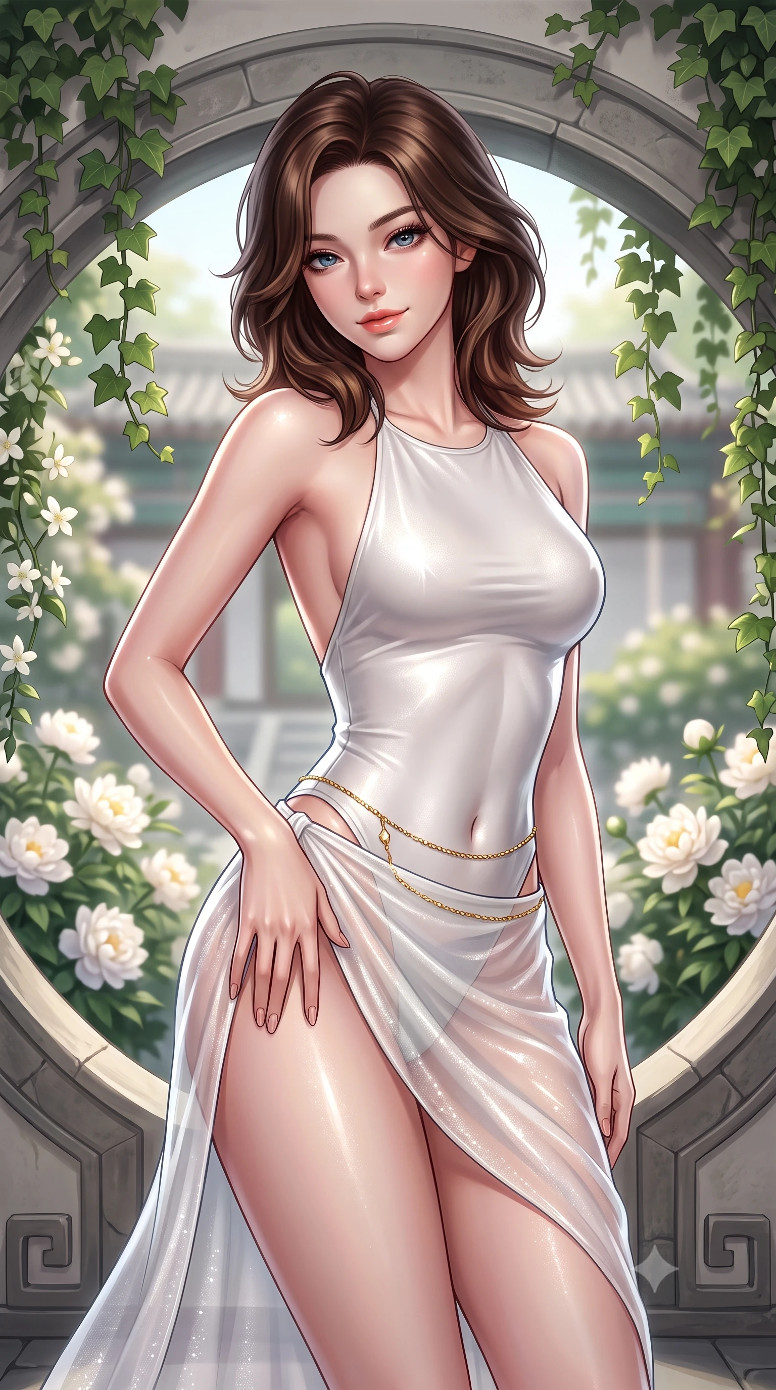 score_9, masterpiece, best quality, ultra-detailed, high-budget anime keyframe, semi-realistic 3D game render, editorial fashion photography, tasteful artistic composition, Korean woman. close-up cowboy shot from the waist and thighs up, the character dominates the composition, filling the frame with her large presence. tilting her head with a teasing half-smile, running one hand slowly down the side of her hip in a flirtatious S-curve as ambient light caresses her silhouette while framed within the circular stone moon gate, arching her spine with enchanting siren grace as ivy trails around her shoulders. The background shows a soft-focus clusters of night-blooming white peonies, climbing jasmine, and distant palace courtyards blurred into cream, emerald, and silver bokeh. She has an exceptionally elegant, slender, and willowy female figure with an ultra-slim waist, flat toned midriff, narrow ribcage, and sculpted feminine hips creating an alluring, slim hourglass silhouette without bulk. sharp v-shaped jawline, high-bridge nose, sparkling eyes with hypnotic seductive depth, thick curled eyelashes, glossy parted lips with a natural dewy peach sheen, alluring bedroom-eyes with an enchanting coquettish smile, exuding magnetic siren charisma and sophisticated glamour, flawlessly proportioned anatomical accuracy, strict slender model proportions, natural body alignment, perfectly sculpted long slender limbs, ultra-slim waistline, clean dynamic posture without body distortion. wearing a liquid-tight backless silk halter leotard styled with a sheer wrap overskirt revealing her long slender legs and hip curve in pure pearl alabaster with platinum sheen, woven from stretch metallic lurex jersey casting radiant starlight glints across her silhouette, finished with a dainty gold belly chain resting across her flat midriff and curving hips, the high-slit wrap tailoring accentuating her ultra-slim waistline and the enchanting curve of her feminine hips with alluring seductive charm. illuminated by stone bounce fill and sharp platinum rim lights defining her collarbones, narrow waist, and curvy hips. highly saturated vibrant anime colors, detailed shading with soft gradients, rich glossy textures, high-contrast stereoscopic depth, volumetric dynamic lighting, master piece, 9:16 ratio
