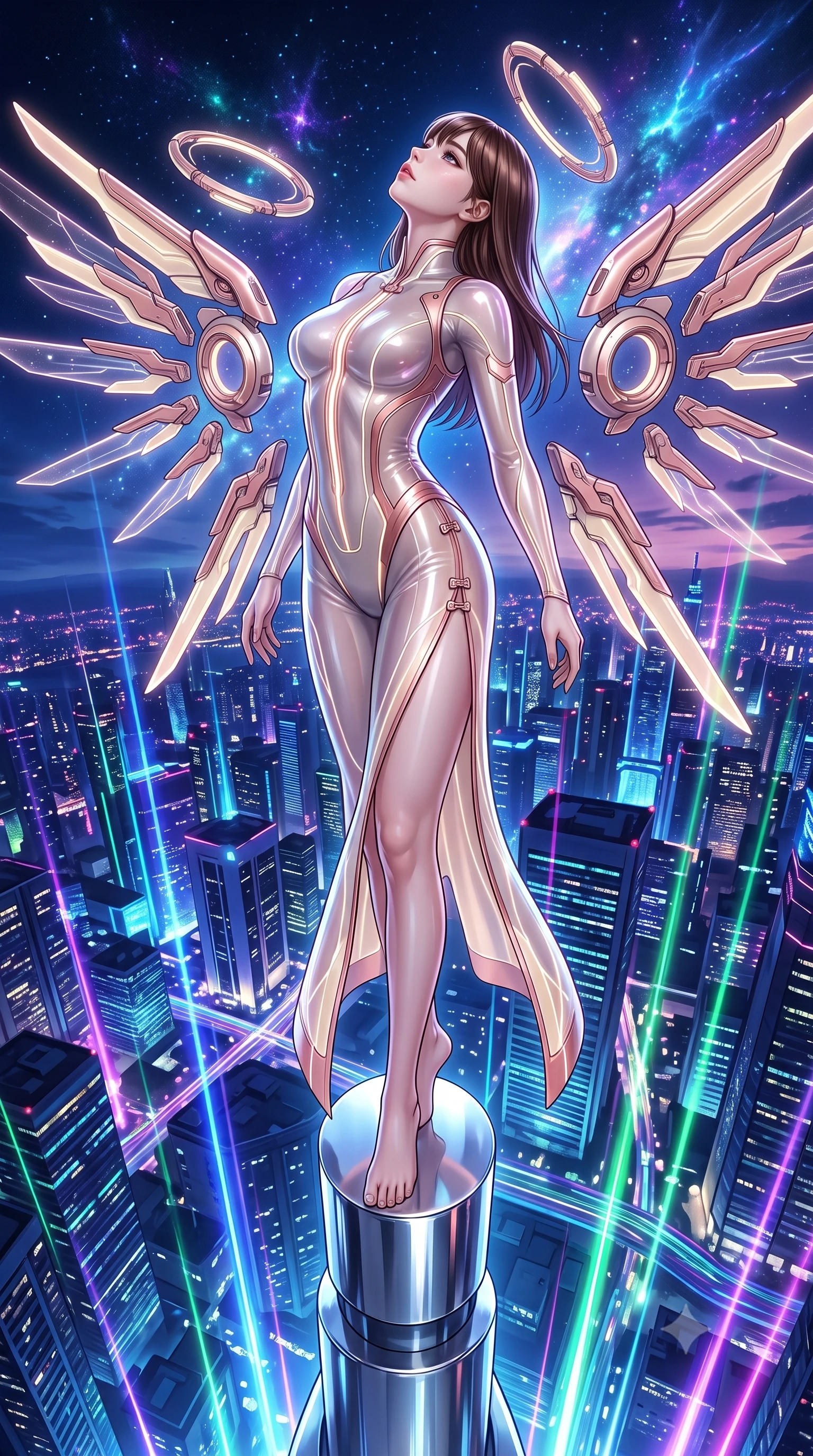 score_9, masterpiece, best quality, ultra-detailed, high-budget anime keyframe, semi-realistic 3D game render, editorial fashion photography, tasteful artistic composition, Korean woman. low angle full-body shot from head to toe showing her feet, filling the entire 9:16 vertical frame with her statuesque presence, stretching her vertical silhouette. arching her back gracefully in mid-air as glowing mechanical wings and floating cybernetic halos frame her statuesque presence while standing with statuesque majesty on the extreme chrome spire tip of a 200-story skyscraper above a neon metropolis. The surrounding environment is rendered in vivid detail and crisp panoramic clarity. vibrant high-contrast night skyline and electrifying cosmic phenomena rendered in panoramic precision. She has an absolutely perfect, statuesque 8.5-heads proportion, an exceptionally tall and slender model-like female figure with impossibly long slender legs, a toned flat midriff, and an ultra-slim waist. sharp v-shaped jawline, high-bridge nose, intricate jewel-like eyes with depth, thick eyelashes, glossy lips with a natural sheen, flawlessly proportioned anatomical accuracy, strict slender model proportions, natural body alignment, perfectly sculpted long slender limbs, ultra-slim waistline, clean dynamic posture without body distortion. wearing an ultra-sleek aerodynamic tech-jumpsuit sculpted tightly to her figure, accented with glowing fiber-optic spine lines in sculpted rose gold and luminescent champagne ivory, tailored from semi-translucent cybernetic vinyl with glowing micro-filaments, finished with an ultra-high side slit secured by miniature magnetic clasps, the sleek second-skin cut tightly hugging her graceful clavicle, narrow waist, and feminine curves with athletic precision. surrounded by an exhilarating, supreme, and fiercely alluring cyber-monarch aura. rich saturated anime colors with glowing neon highlights, detailed shading with soft gradients, rich glossy textures, high-contrast stereoscopic depth, volumetric dynamic lighting, master piece, 9:16 ratio