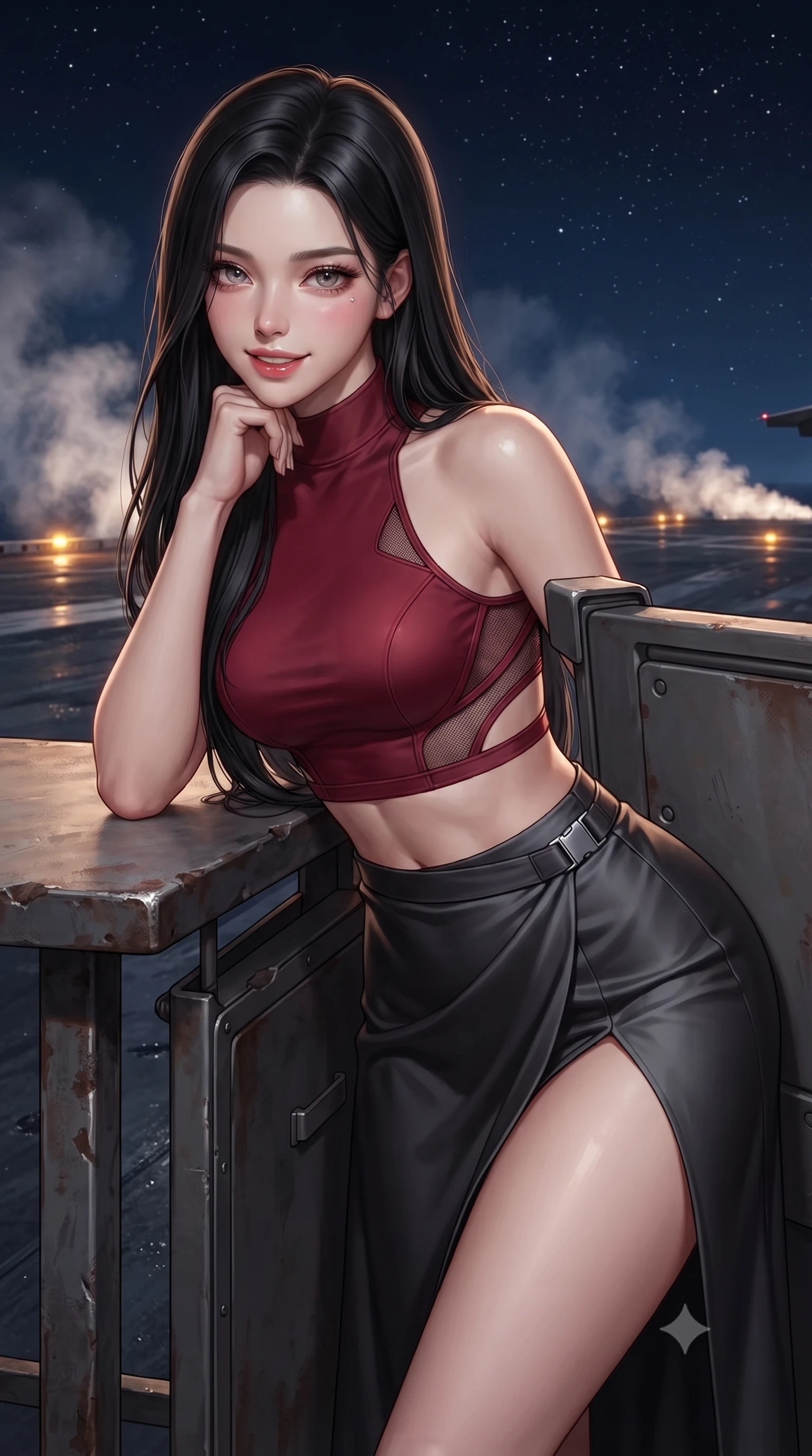 score_9, masterpiece, best quality, ultra-detailed, high-budget anime keyframe, editorial fashion photography, tasteful artistic composition, Korean woman. close-up cowboy shot from the waist and thighs up, the character dominates the composition, filling the frame with her large presence. resting one elbow on the table and supporting her chin, leaning close to the camera with heavy-lidded sparkling eyes and parted lips while leaning against the hydraulic blast shield with hips cocked back, gazing down the 500-meter glowing launch track into the starlit void with smoldering bedroom-eyes. The background shows a soft-focus swirling thermal exhaust vapor softened in carrier flight deck shallow focus. She has an exceptionally elegant, slender, and willowy female figure with an ultra-slim waist, flat toned midriff, narrow ribcage, and sculpted feminine hips creating an alluring, slim hourglass silhouette without bulk. sharp v-shaped jawline, high-bridge nose, intricate jewel-like sparkling eyes with depth, thick eyelashes, glossy parted lips with a natural peach sheen, bright cheerful beaming smile with an enchanting and coquettish sensual glint, exuding both youthful cute charm and seductive allure, flawlessly proportioned anatomical accuracy, strict slender model proportions, natural body alignment, perfectly sculpted long slender limbs, ultra-slim waistline, clean dynamic posture without body distortion. wearing an alluring tactical crop top with asymmetrical side-rib cutouts and high-neck collar paired with a high-slit wrap skirt in deep crimson hazard red and matte dark titanium, crafted from fluid liquid silk satin that clings smoothly to her narrow waist and rounded hips with a dewy sheen, finished with sleek magnetic buckle closures fluttering in the breeze, the glove-like clinging cut tightly following the natural contour of her hips and long slender legs with youthful 8.5-heads elegance. illuminated by wet metal deck bounce and sharp amber-gold rim lights defining her dewy collarbones, ultra-slim waist, and curvy hips. ultra-reflective glossy finish, specular highlights, rich textural contrasts, high-contrast stereoscopic depth, volumetric dynamic lighting, 2k, ultra detail, master piece, 9:16 ratio