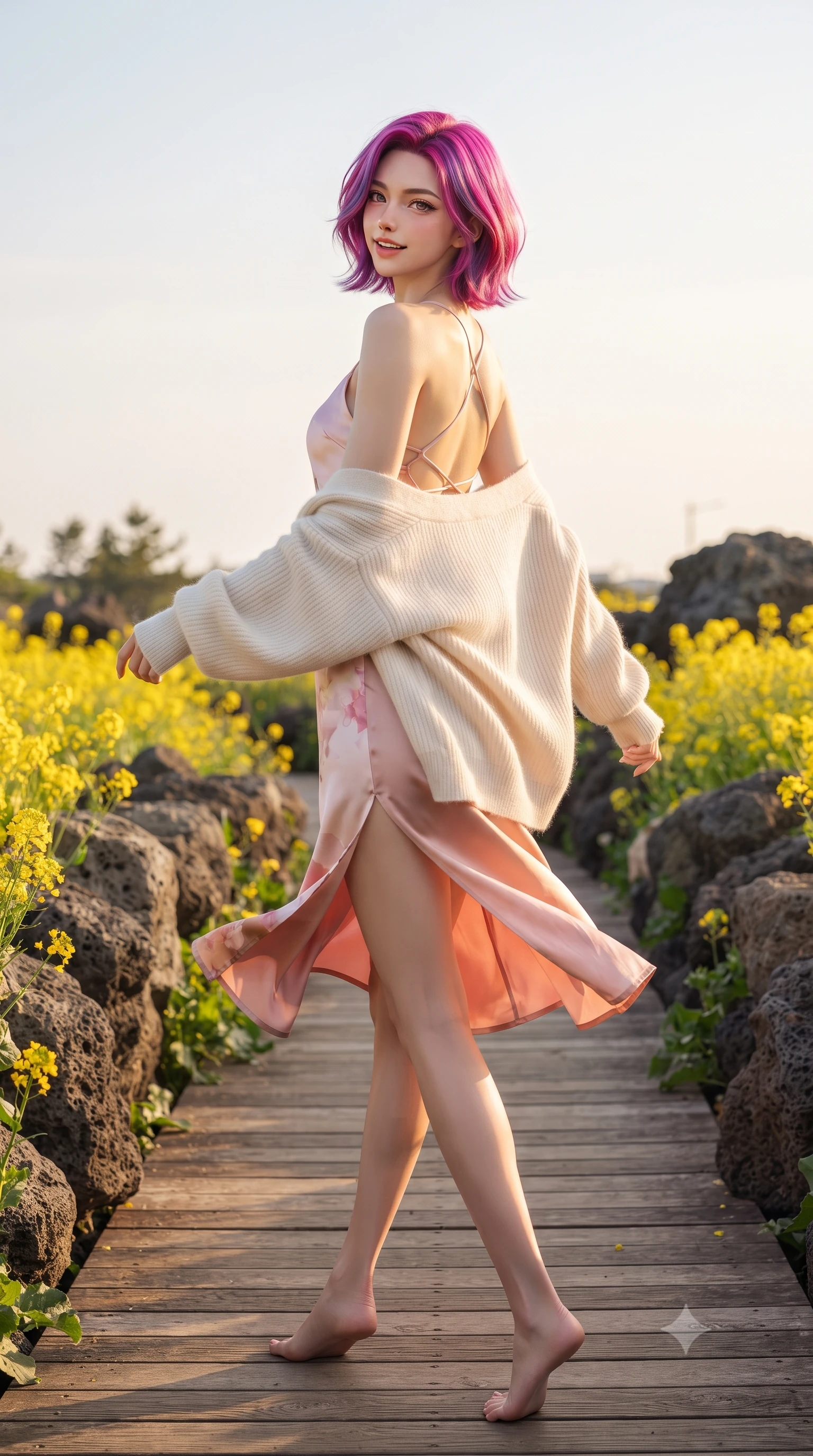 score_9, masterpiece, best quality, ultra-detailed, high-budget anime keyframe, editorial fashion photography, tasteful artistic composition, Caucasian woman. low angle full-body shot from head to toe showing her feet, filling the entire 9:16 vertical frame with her statuesque presence, stretching her vertical silhouette. executing a cheerful mid-motion pivot turn as her skirt flutters around her slender legs, glancing over her shoulder with an intoxicating, teasing cute expression while leaning against the rustic timber railing with hips cocked back, looking over her shoulder with an intoxicating, wind-kissed cute smile. The surrounding environment is rendered in vivid detail and crisp panoramic clarity. sharp canola blossom petals, porous volcanic basalt rock textures, and wooden boardwalk grain in deep focus. She has an exceptionally tall and slender model-like 8.5-heads proportion, an ultra-slim waist, a flat toned midriff, narrow delicate ribcage, and beautifully sculpted feminine hips creating a graceful, slim hourglass silhouette without any bulky heaviness, with impossibly long slender legs. sharp v-shaped jawline, high-bridge nose, intricate jewel-like sparkling eyes with depth, thick eyelashes, glossy parted lips with a natural peach sheen, bright cheerful beaming smile with an enchanting and coquettish sensual glint, exuding both youthful cute charm and seductive allure, flawlessly proportioned anatomical accuracy, strict slender model proportions, natural body alignment, perfectly sculpted long slender limbs, ultra-slim waistline, clean dynamic posture without body distortion. wearing a breezy silk-satin slip dress featuring a thigh-high side slit ascending to the high hip and criss-cross back straps in cherry blossom pink and soft rose gold, crafted from soft cozy cashmere yarn with an airy drape, complemented by an oversized soft knit cardigan slipping off one bare shoulder, the glove-like silhouette tightly following the natural contour of her hips and long slender legs with youthful 8.5-heads elegance. illuminated by warm golden sunbursts sharply carving her razor-sharp jawline, narrow waist, and curvy hips. ultra-reflective glossy finish, specular highlights, rich textural contrasts, high-contrast stereoscopic depth, volumetric dynamic lighting, 2k, ultra detail, master piece, 9:16 ratio