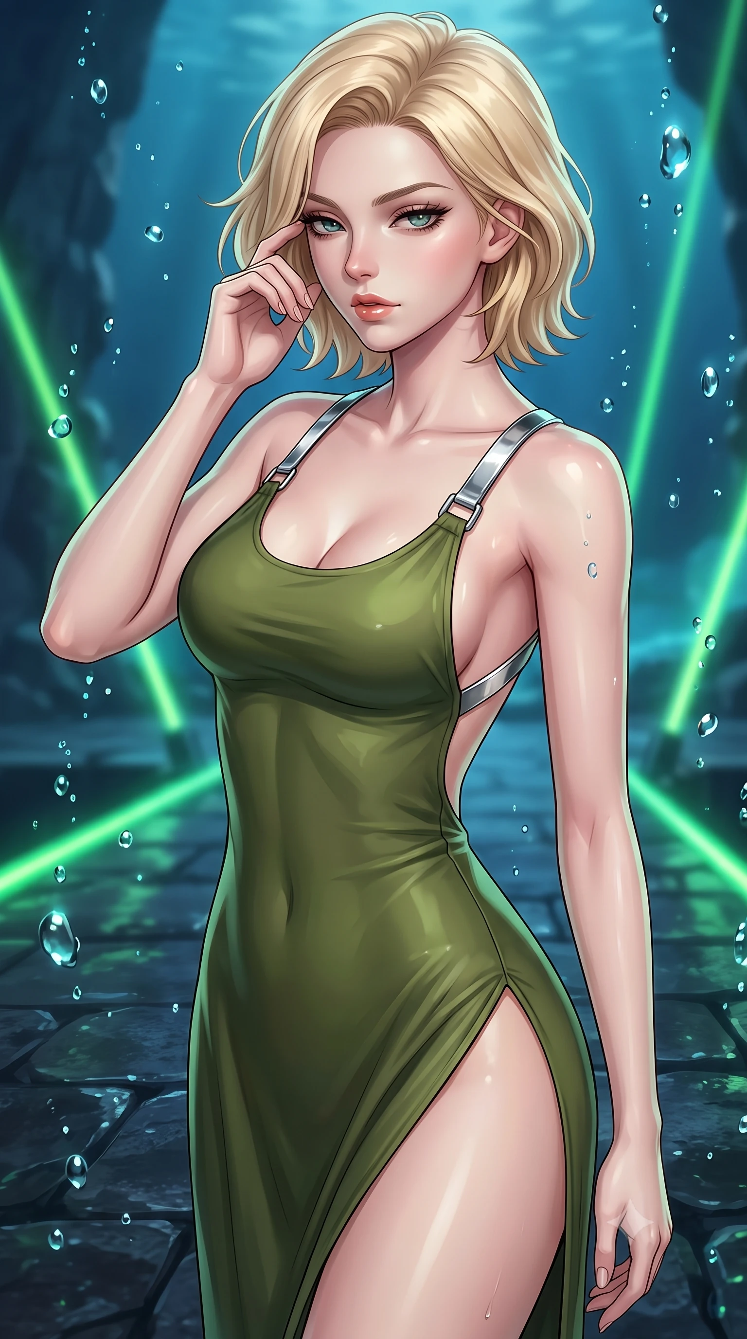 score_9, masterpiece, best quality, ultra-detailed, high-budget anime keyframe, editorial fashion photography, tasteful artistic composition, Caucasian woman. close-up cowboy shot from the waist and thighs up, the character dominates the composition, filling the frame with her large presence, background elements kept in soft focus. gently touching the side of her temple, casting a heavy-lidded, sultry look past the camera, the background shows a soft-focus an underwater ballroom dock for personal submarines made of dark basalt stone. She has an exceptionally elegant, slender, and willowy female figure with an ultra-slim waist, a gracefully sculpted slender torso, and a refined silhouette. sharp v-shaped jawline, high-bridge nose, intricate jewel-like eyes with depth, thick eyelashes, glossy lips with a natural sheen. wearing a form-contouring dramatic open-back maxi combat dress in olive green, featuring a high thigh slit and chrome straps. fluorescent green dock status lasers refracting through water droplets. highly saturated vibrant anime colors, detailed shading with soft gradients, rich glossy textures, high-contrast stereoscopic depth, volumetric dynamic lighting, master piece, 9:16 ratio