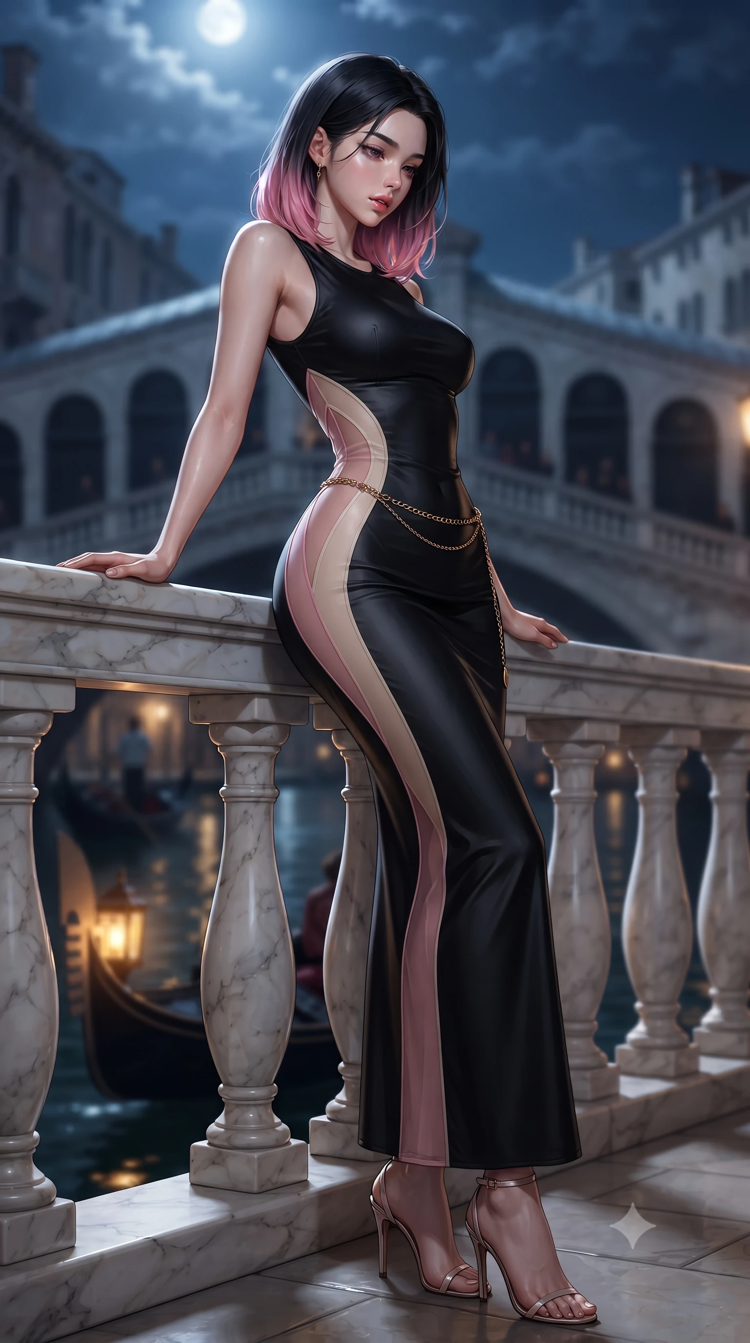 score_9, masterpiece, best quality, ultra-detailed, high-budget anime keyframe, editorial fashion photography, tasteful artistic composition, Korean woman. low angle full-body shot from head to toe showing her feet, filling the entire 9:16 vertical frame with her statuesque presence, stretching her vertical silhouette. leaning deep against the structural architecture with hips cocked in an unapologetically bold, seductive high-fashion stance while leaning against the marble balustrade of a Grand Canal palazzo with hips cocked back, gazing down at the passing gondolas with seductive bedroom-eyes. The composition keeps background elements in soft focus with creamy bokeh. moonlit Grand Canal waters and distant Venetian palazzo arches blurred into deep sapphire, antique gold, and emerald bokeh. She has an exceptionally tall and slender model-like 8.5-heads proportion, an ultra-slim waist, a flat toned midriff, narrow delicate ribcage, and beautifully sculpted feminine hips creating a graceful, slim hourglass silhouette without any bulky heaviness, with impossibly long slender legs. sharp v-shaped jawline, high-bridge nose, intricate jewel-like eyes with depth, thick eyelashes, glossy parted lips with a natural sheen, intensely captivating and seductive bedroom-eyes expression, flawlessly proportioned anatomical accuracy, strict slender model proportions, natural body alignment, perfectly sculpted long slender limbs, ultra-slim waistline, clean dynamic posture without body distortion. wearing a second-skin black silk jersey maxi dress with asymmetrical sheer mesh side panels tracing the full curve of her hip in sakura blossom pink and warm ivory, tailored from liquid silk jersey adhering flawlessly to her slender build, accented with a delicate gold chain belt resting loosely on her curvy hips, the liquid-tight tailored fabric clinging flawlessly to her narrow waist and rounded feminine hips, emphasizing every millimeter of her sculpted slim hourglass curves without any bulky heaviness. bathed in cool silver full-moon light streaming from above and warm amber gondola lantern uplights. ultra-reflective glossy finish, specular highlights, rich textural contrasts, high-contrast stereoscopic depth, volumetric dynamic lighting, 2k, ultra detail, master piece, 9:16 ratio