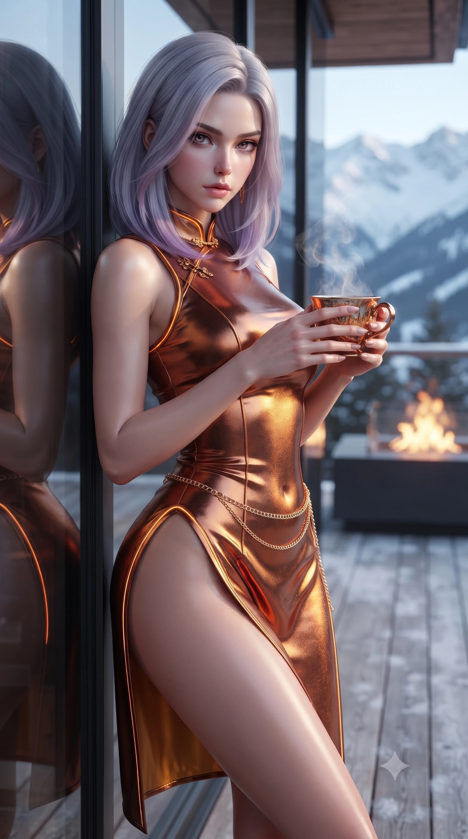 score_9, masterpiece, best quality, ultra-detailed, high-budget anime keyframe, editorial fashion photography, tasteful artistic composition, Caucasian woman. close-up cowboy shot from the waist and thighs up, the character dominates the composition, filling the frame with her large presence. leaning back with relaxed seductive grace, her sculpted collarbones and narrow waist highlighted as she casts smoldering bedroom-eyes directly into the camera while leaning against the floor-to-ceiling glass wall with hips cocked, holding a steaming cup while casting smoldering bedroom-eyes. The surrounding environment is rendered in vivid detail and crisp panoramic clarity. sharp frosted timber deck grain, glass wall silicone seams, and distant mountain peak snow ridges in deep focus. She has an exceptionally elegant, slender, and willowy female figure with an ultra-slim waist, flat toned midriff, narrow ribcage, and sculpted feminine hips creating an alluring, slim hourglass silhouette without bulk. sharp v-shaped jawline, high-bridge nose, intricate jewel-like eyes with depth, thick eyelashes, glossy parted lips with a natural sheen, intensely captivating and seductive bedroom-eyes expression, flawlessly proportioned anatomical accuracy, strict slender model proportions, natural body alignment, perfectly sculpted long slender limbs, ultra-slim waistline, clean dynamic posture without body distortion. wearing a modernized cyber-qipao mini dress with an ultra-high side slit ascending to the hip and glowing piping in rich copper bronze and warm amber, crafted from luxurious metallic lamé that shifts radiance with every step, accented with a delicate gold chain belt resting loosely on her curvy hips, the form-contouring material adhering flawlessly to her sculpted flat midriff and slender torso, emphasizing her long leg lines and perfectly proportioned willowy build. bathed in crisp alpine blue daylight ambient fill and warm roaring suspended fire pit uplights. ultra-reflective glossy finish, specular highlights, rich textural contrasts, high-contrast stereoscopic depth, volumetric dynamic lighting, 2k, ultra detail, master piece, 9:16 ratio