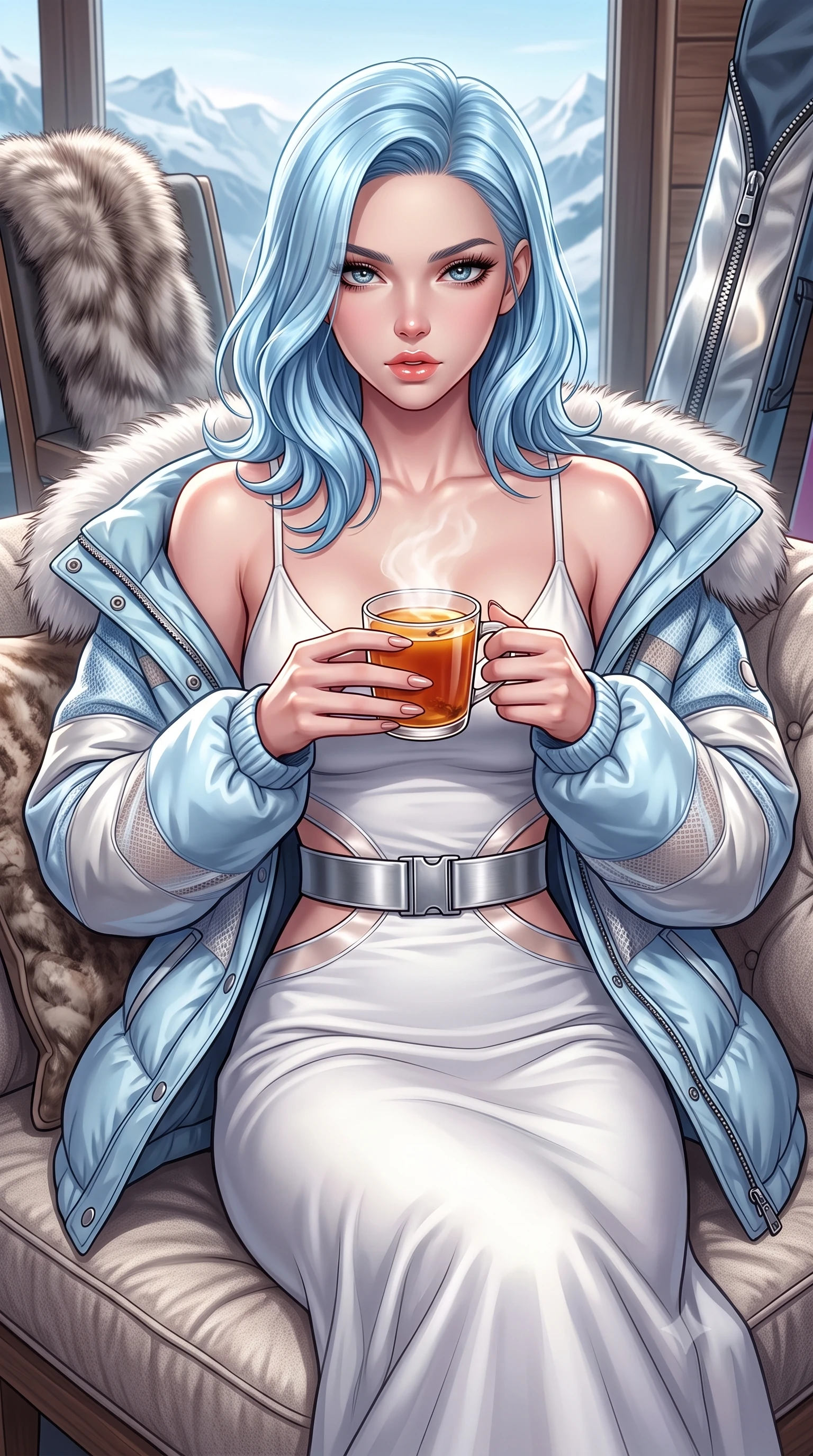 score_9, masterpiece, best quality, ultra-detailed, high-budget anime keyframe, semi-realistic 3D game render, editorial fashion photography, tasteful artistic composition, Korean woman. close-up cowboy shot from the waist and thighs up, the character dominates the composition, filling the frame with her large presence. leaning back with relaxed seductive grace, her sculpted collarbones highlighted by light, casting smoldering bedroom-eyes directly into the lens while holding a steaming mug of spiced cider with both hands, looking over the steaming rim with sparkling, romantic eyes. The surrounding environment is rendered in vivid detail and crisp panoramic clarity. detailed fur stole fibers, metallic zipper reflections, and distant alpine glacier ridges in high clarity. She has an exceptionally elegant, slender, and willowy female figure with an ultra-slim waist, a gracefully sculpted slender torso, toned flat midriff, and a refined slim silhouette. sharp v-shaped jawline, high-bridge nose, intricate jewel-like eyes with depth, thick eyelashes, glossy parted lips with a natural sheen, intensely captivating and seductive expression, flawlessly proportioned anatomical accuracy, strict slender model proportions, natural body alignment, perfectly sculpted long slender limbs, ultra-slim waistline, clean dynamic posture without body distortion. wearing a luxurious snow-white cashmere slip gown layered under an unbuttoned oversized down jacket in ice crystal blue and brushed platinum, made of thermal technical mesh with sheer ventilation panels, accented with a wide metallic ski belt cinching her ultra-slim waistline, the precision-cut daring openings accentuating her delicate midriff, graceful bare collarbones, and ultra-slim feminine waistline. surrounded by a glamorous, elite, and heart-meltingly alluring winter sanctuary goddess aura. highly saturated vibrant anime colors, detailed shading with soft gradients, rich glossy textures, high-contrast stereoscopic depth, volumetric dynamic lighting, master piece, 9:16 ratio