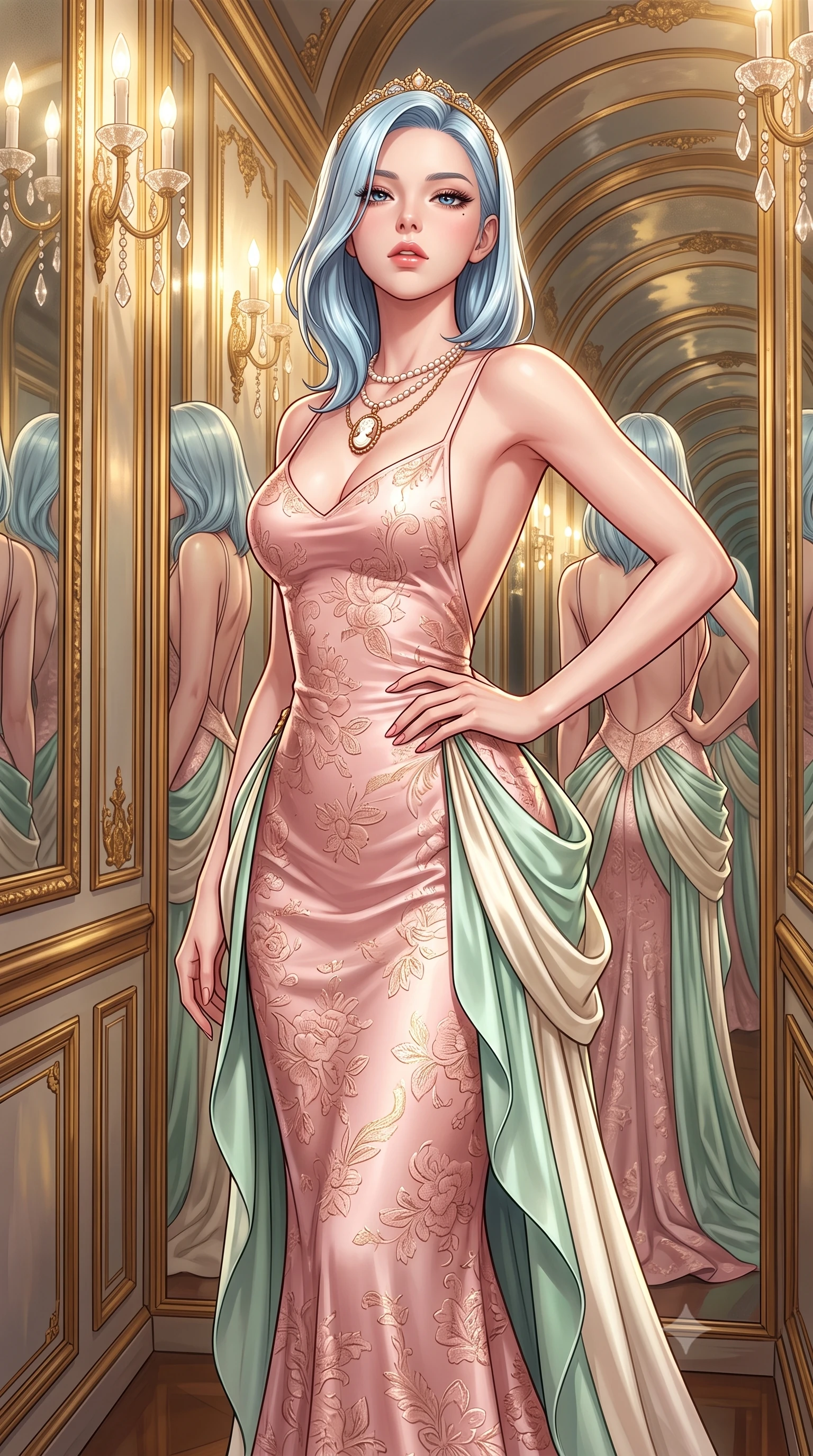 score_9, masterpiece, best quality, ultra-detailed, high-budget anime keyframe, semi-realistic 3D game render, editorial fashion photography, tasteful artistic composition, Korean woman. close-up cowboy shot from the waist and thighs up, the character dominates the composition, filling the frame with her large presence. tilting her chin up with proud, sovereign allure while gazing through thick eyelashes, one hand resting on her waist in pure supermodel charisma while gliding down the mirror-lined corridor with supermodel momentum, pivoting gracefully as infinite reflections multiply her curvy silhouette. The surrounding environment is rendered in vivid detail and crisp panoramic clarity. detailed silk brocade patterns, antique mirror bevels, and pearl jewelry luster in high resolution. She has an exceptionally elegant, slender, and willowy female figure with an ultra-slim waist, a gracefully sculpted slender torso, toned flat midriff, and rounded feminine hips creating an alluring hourglass silhouette. sharp v-shaped jawline, high-bridge nose, intricate jewel-like eyes with depth, thick eyelashes, glossy parted lips with a natural sheen, intensely captivating and seductive bedroom-eyes expression, flawlessly proportioned anatomical accuracy, strict slender model proportions, natural body alignment, perfectly sculpted long slender limbs, ultra-slim waistline, clean dynamic posture without body distortion. wearing a backless blush-pink duchess satin slip gown descending to the small of her back with cascading hip drapes in delicate mint green and antique ivory, made of rich embossed floral silk jacquard with subtle gold thread, complemented by a delicate golden tiara headband and carved cameo pendant, the precision-cut side openings and low-back scoop framing her graceful spine and the sensual sweep of her hips. bathed in radiant golden chandelier illumination and multi-directional mirror reflections. highly saturated vibrant anime colors, detailed shading with soft gradients, rich glossy textures, high-contrast stereoscopic depth, volumetric dynamic lighting, master piece, 9:16 ratio
