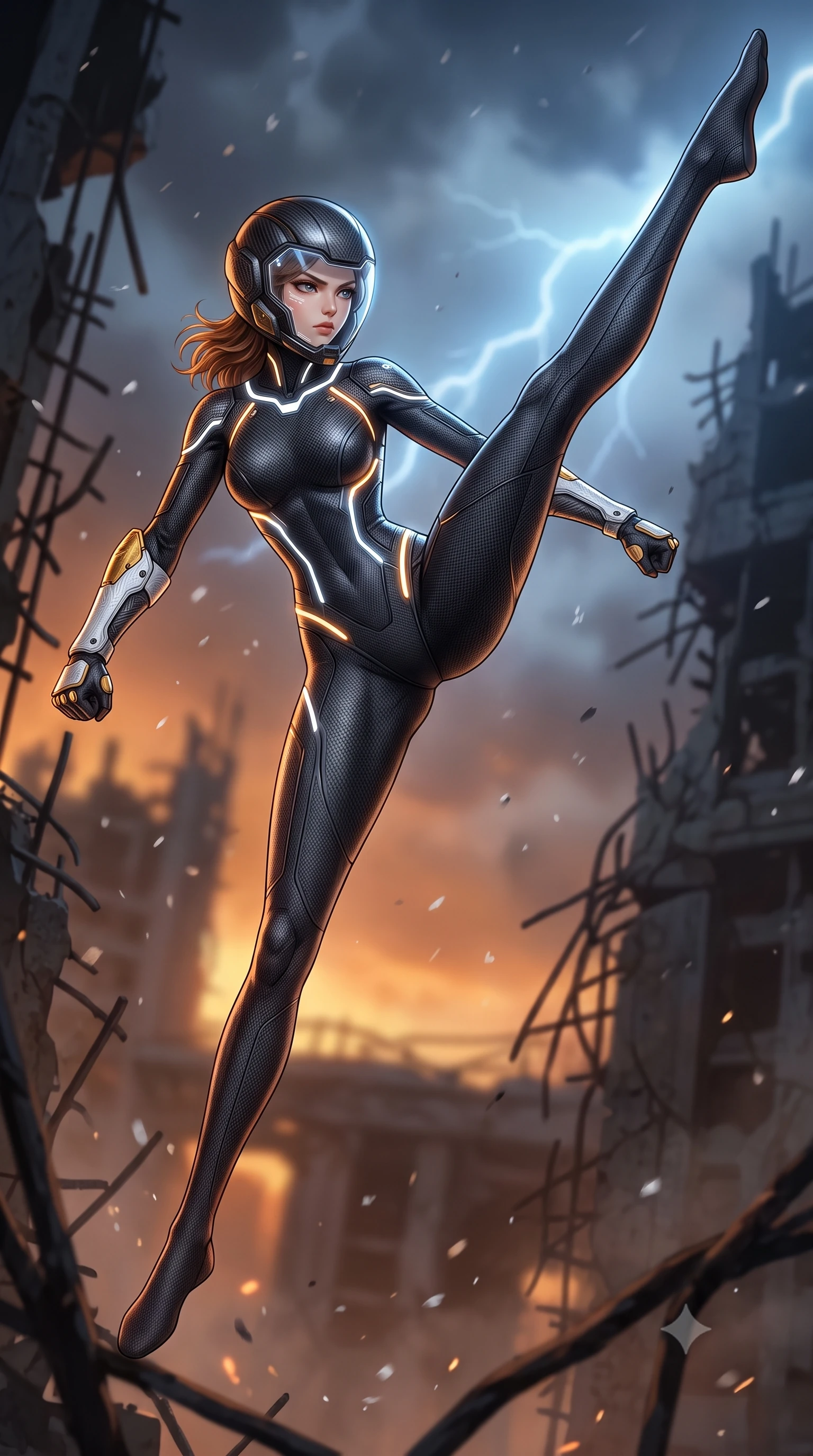 score_9, masterpiece, best quality, ultra-detailed, high-budget anime keyframe, semi-realistic 3D game render, editorial fashion photography, tasteful artistic composition, Korean woman. low angle full-body shot from head to toe showing her feet, filling the entire 9:16 vertical frame with her statuesque presence, stretching her vertical silhouette. executing a breathtaking zero-gravity high-kick with full 180-degree vertical extension, her impossibly long slender legs dominating the frame with razor-sharp poise while leaping across a gaping structural chasm between ruined towers with flawless, fearless kinetic martial grace. The composition keeps background elements in soft focus with creamy bokeh. twisted structural rebar and falling ash flakes softened in moody atmospheric depth of field. She has an absolutely perfect, statuesque 8.5-heads proportion, an exceptionally tall and slender model-like female figure with impossibly long slender legs, a toned flat midriff, and an ultra-slim waist. sharp v-shaped jawline, high-bridge nose, intricate jewel-like eyes with depth, thick eyelashes, glossy lips with a natural sheen, fierce and resolute heroine expression, flawlessly proportioned anatomical accuracy, strict slender model proportions, natural body alignment, perfectly sculpted long slender limbs, ultra-slim waistline, clean dynamic posture without body distortion. wearing an open-face aerodynamic carbon-fiber combat helmet with a retracted transparent holographic HUD visor framing her sharp jawline and jewel-like eyes, paired with a skin-tight dark carbon-weave combat bodysuit with glowing neon energy conduits and reinforced Damascus-pattern forearm strike guards in arctic white carbon composite with scratched solar gold armor plating, tailored from flexible second-skin ballistic carbon-mesh adhering flawlessly to her athletic build, accented with glowing fiber-optic telemetry conduits tracing her collarbones and hip curves, the sleek second-skin cut tightly hugging her graceful clavicle, narrow waist, and feminine curves with athletic precision. bathed in ominous amber horizon fire glow and cold blue storm lightning flashes. rich saturated anime colors with glowing neon highlights, detailed shading with soft gradients, rich glossy textures, high-contrast stereoscopic depth, volumetric dynamic lighting, master piece, 9:16 ratio