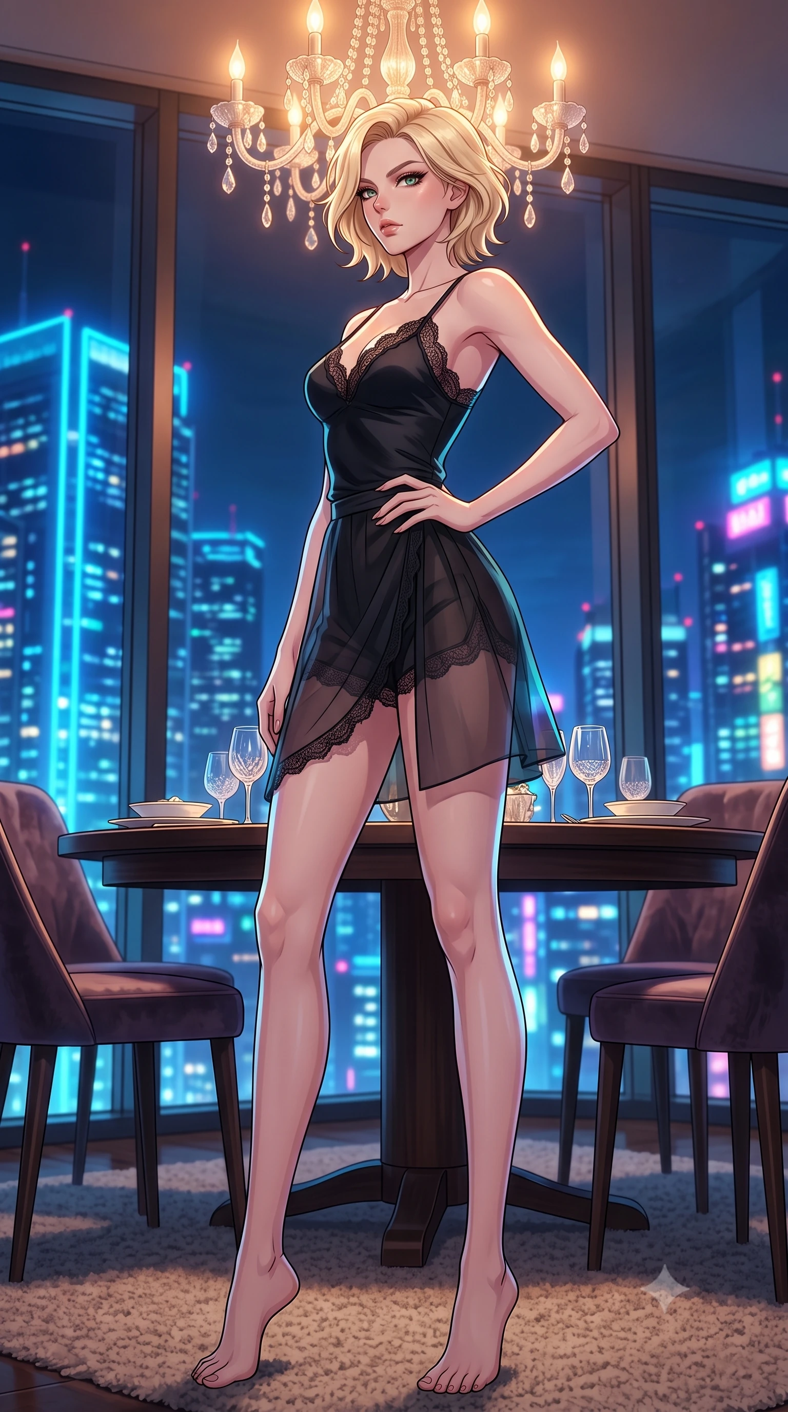 score_9, masterpiece, best quality, ultra-detailed, high-budget anime keyframe, tasteful artistic composition, Caucasian woman. low angle full-body shot from head to toe showing her feet, filling the entire 9:16 vertical frame with her statuesque presence, stretching her vertical silhouette. posing confidently with one hand on her hip, stretching her statuesque body to emphasize her curves the background shows a soft-focus an intimate dining nook in a high-rise loft facing floor-to-ceiling glass windows. She has an absolutely perfect, statuesque 8.5-heads proportion, an exceptionally tall and slender model-like female figure with impossibly long slender legs and an ultra-slim waist. sharp v-shaped jawline, high-bridge nose, intricate jewel-like eyes with depth, thick eyelashes, glossy lips with a natural sheen. wearing a body-hugging delicate lace-trim camisole in black silk, paired with a sheer organza wrap skirt and shorts. warm amber lights from the chandelier contrasting with the neon blue city glow outside. highly saturated vibrant anime colors, cel-shading, 2d style, master piece, 9:16 ratio
