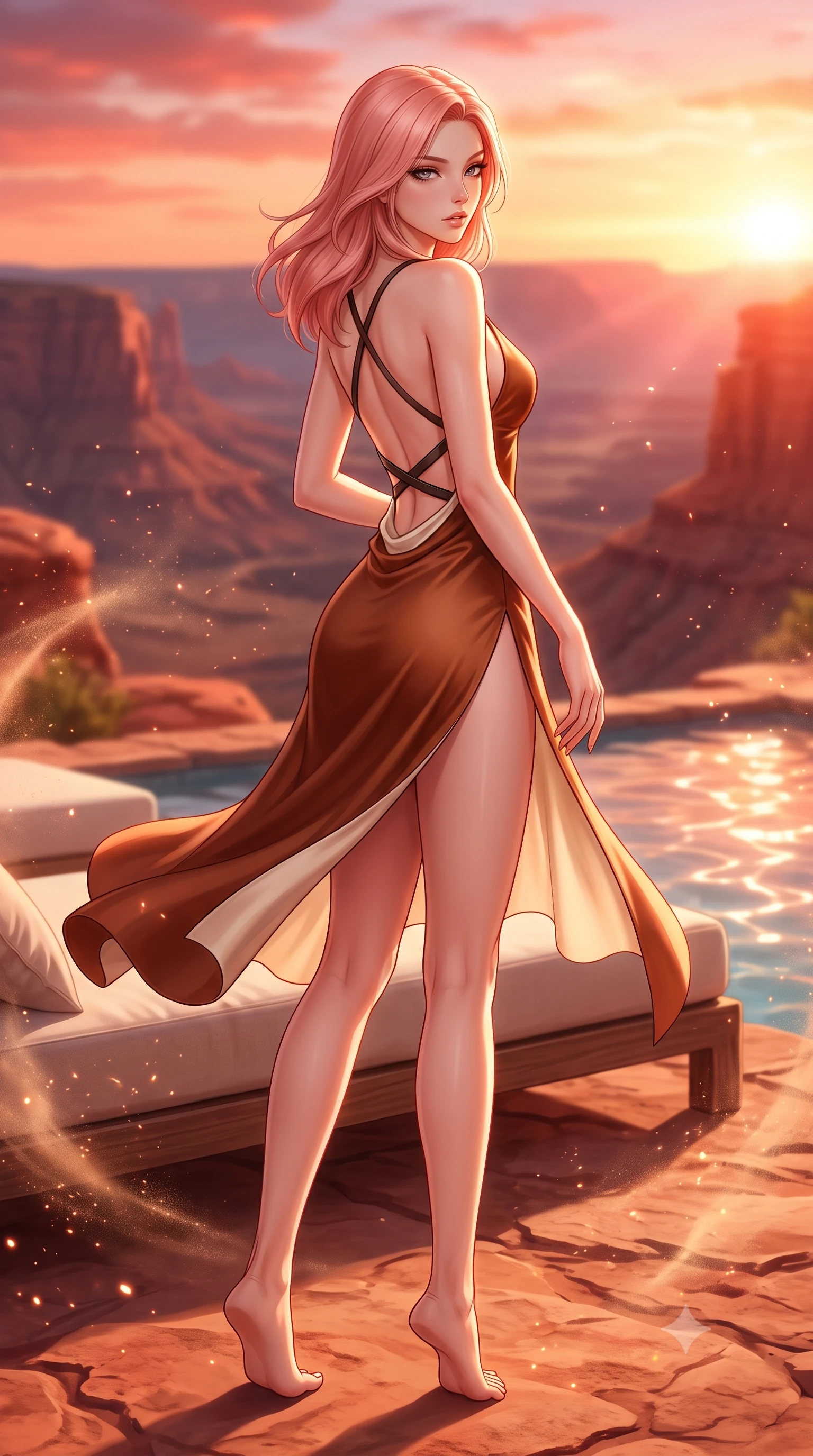 score_9, masterpiece, best quality, ultra-detailed, high-budget anime keyframe, semi-realistic 3D game render, editorial fashion photography, tasteful artistic composition, Japanese woman. low angle full-body shot from head to toe showing her feet, filling the entire 9:16 vertical frame with her statuesque presence, stretching her vertical silhouette. executing an elegant mid-motion pivot turn as garments swirl around her slender limbs, glancing over her shoulder with an intoxicating bedroom-gaze while reclining on a sun-warmed red rock terrace daybed propped on one elbow, arching her lower back to accentuate her curvy hips against the canyon panorama. The composition keeps background elements in soft focus with creamy bokeh. swirling desert dust particles and sunset pool water caustics scattering radiant copper sparkles. She has an exceptionally tall and slender model-like 8.5-heads proportion, an ultra-slim waist, a flat toned midriff, narrow delicate ribcage, and beautifully sculpted feminine hips creating a graceful, slim hourglass silhouette without any bulky heaviness, with impossibly long slender legs. sharp v-shaped jawline, high-bridge nose, intricate jewel-like eyes with depth, thick eyelashes, glossy parted lips with a natural sheen, intensely captivating and seductive bedroom-eyes expression, flawlessly proportioned anatomical accuracy, strict slender model proportions, natural body alignment, perfectly sculpted long slender limbs, ultra-slim waistline, clean dynamic posture without body distortion. wearing a backless cowl-neck satin slip dress featuring high-cut side hip slits and delicate criss-cross back straps in rich equestrian cognac brown and crisp champagne cream, made of fluid silk crepe with delicate inner corsetry boning, featuring an open-back criss-cross harness strap in dark leather, the form-contouring material adhering flawlessly to her sculpted flat midriff and slender torso, emphasizing her long leg lines and perfectly proportioned willowy build. bathed in blazing crimson and copper sunset backlighting and warm sandstone bounce fill. highly saturated vibrant anime colors, detailed shading with soft gradients, rich glossy textures, high-contrast stereoscopic depth, volumetric dynamic lighting, master piece, 9:16 ratio