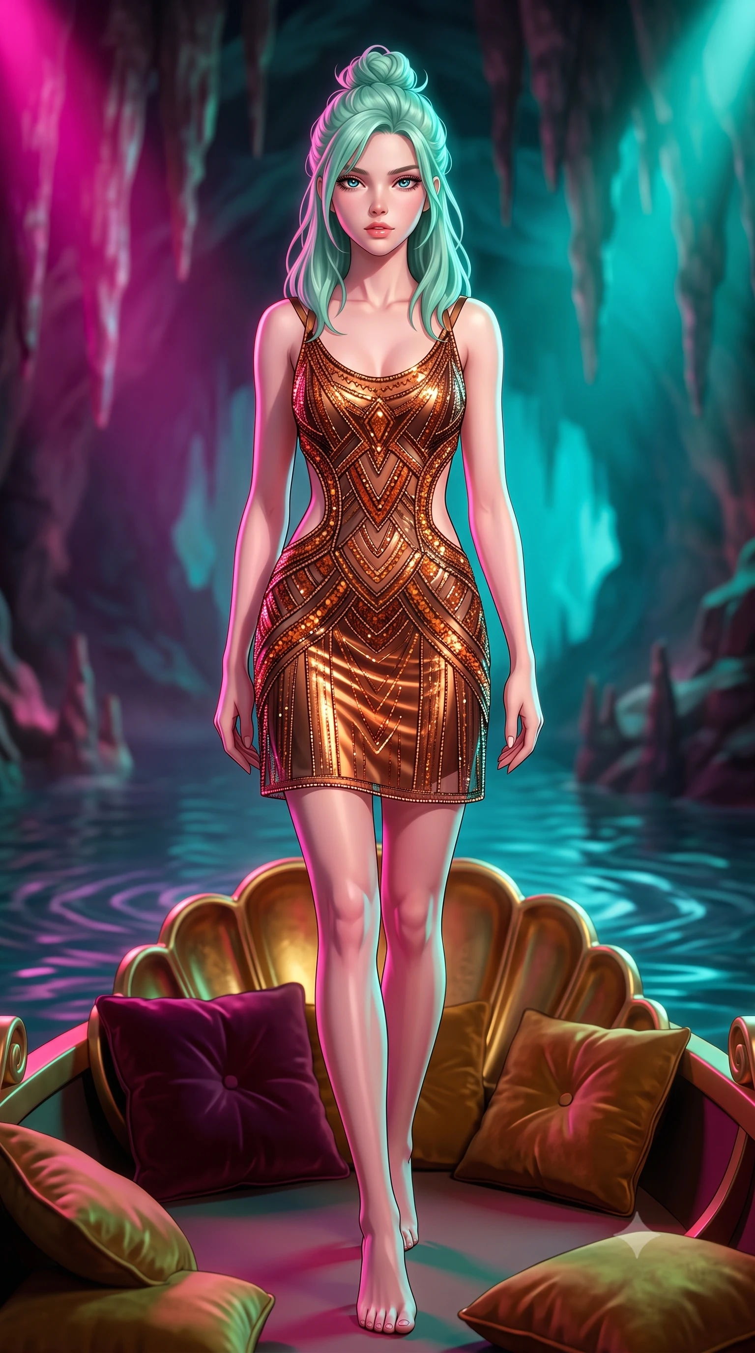 score_9, masterpiece, best quality, ultra-detailed, high-budget anime keyframe, semi-realistic 3D game render, editorial fashion photography, tasteful artistic composition, Japanese woman. low angle full-body shot from head to toe showing her feet, filling the entire 9:16 vertical frame with her statuesque presence, stretching her vertical silhouette. striding forward in a proud supermodel runway stride, hips swaying in an alluring kinetic rhythm that accentuates her curvy hourglass silhouette while sitting poised on the velvet cushions of the gilded shell barge with legs crossed, her long slender legs and narrow waist glowing in vibrant colored cave lights. The composition keeps background elements in soft focus with creamy bokeh. hanging stalactites and wave ripples on the underground lake softened in mystical Wagnerian shallow focus. She has an exceptionally tall and slender model-like 8.5-heads proportion, an ultra-slim waist, a flat toned midriff, narrow delicate ribcage, and beautifully sculpted feminine hips creating a graceful, slim hourglass silhouette without any bulky heaviness, with impossibly long slender legs. sharp v-shaped jawline, high-bridge nose, intricate jewel-like eyes with depth, thick eyelashes, glossy parted lips with a natural sheen, intensely captivating and seductive bedroom-eyes expression, flawlessly proportioned anatomical accuracy, strict slender model proportions, natural body alignment, perfectly sculpted long slender limbs, ultra-slim waistline, clean dynamic posture without body distortion. wearing a sheer vintage mesh flapper dress adorned with intricate geometric beadwork over an opaque silk slip in rich copper bronze and warm amber, crafted from luxurious metallic lamé that shifts radiance with every step, finished with criss-cross back satin straps highlighting her graceful shoulder blades, the precision-cut side openings and low-back scoop framing her graceful spine and the sensual sweep of her slim, toned hips. bathed in vibrant theatrical magenta and turquoise cave lighting contrasting with golden boat reflections. highly saturated vibrant anime colors, detailed shading with soft gradients, rich glossy textures, high-contrast stereoscopic depth, volumetric dynamic lighting, master piece, 9:16 ratio