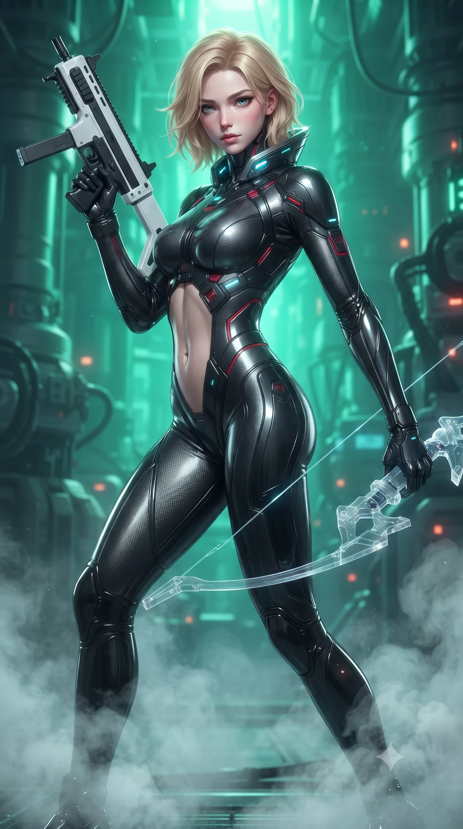score_9, masterpiece, best quality, ultra-detailed, high-budget anime keyframe, editorial fashion photography, tasteful artistic composition, Caucasian woman. close-up cowboy shot from the waist and thighs up, the character dominates the composition, filling the frame with her large presence. twisting her upper body in a dynamic S-curve combat stance, one hand steadying her weapon with commanding supermodel allure while resting her holographic bow with calm sovereign authority as swirling coolant mist flows around her slender ankles. The composition keeps background elements in soft focus with creamy bokeh. industrial reactor support pillars and steam condensation vents softened in dreamy atmospheric depth. She has an exceptionally elegant, slender, and willowy female figure with an ultra-slim waist, a gracefully sculpted slender torso, toned flat midriff, and a refined slim silhouette. sharp v-shaped jawline, high-bridge nose, intricate jewel-like eyes with depth, thick eyelashes, glossy lips with a natural sheen, flawlessly proportioned anatomical accuracy, strict slender model proportions, natural body alignment, perfectly sculpted long slender limbs, ultra-slim waistline, clean dynamic posture without body distortion. wearing a second-skin dark gunmetal carbon-weave battle-suit with crimson laser conduits, brandishing a sleek high-tech composite submachine weapon with effortless allure in monochrome white enamel carbon with high-contrast black panels, tailored from flexible second-skin carbon-mesh that clings flawlessly to her athletic curves, featuring a sleek aerodynamic collar framed by subtle glowing cybernetic status LEDs, the sleek second-skin cut tightly hugging her graceful clavicle, narrow waist, and feminine curves with athletic precision. bathed in intense radiant emerald crystal core backlighting and glowing photon bow illumination. ultra-reflective glossy finish, specular highlights, dark metallic sheen, high-contrast stereoscopic depth, volumetric dynamic lighting, 2k, ultra detail, master piece, 9:16 ratio