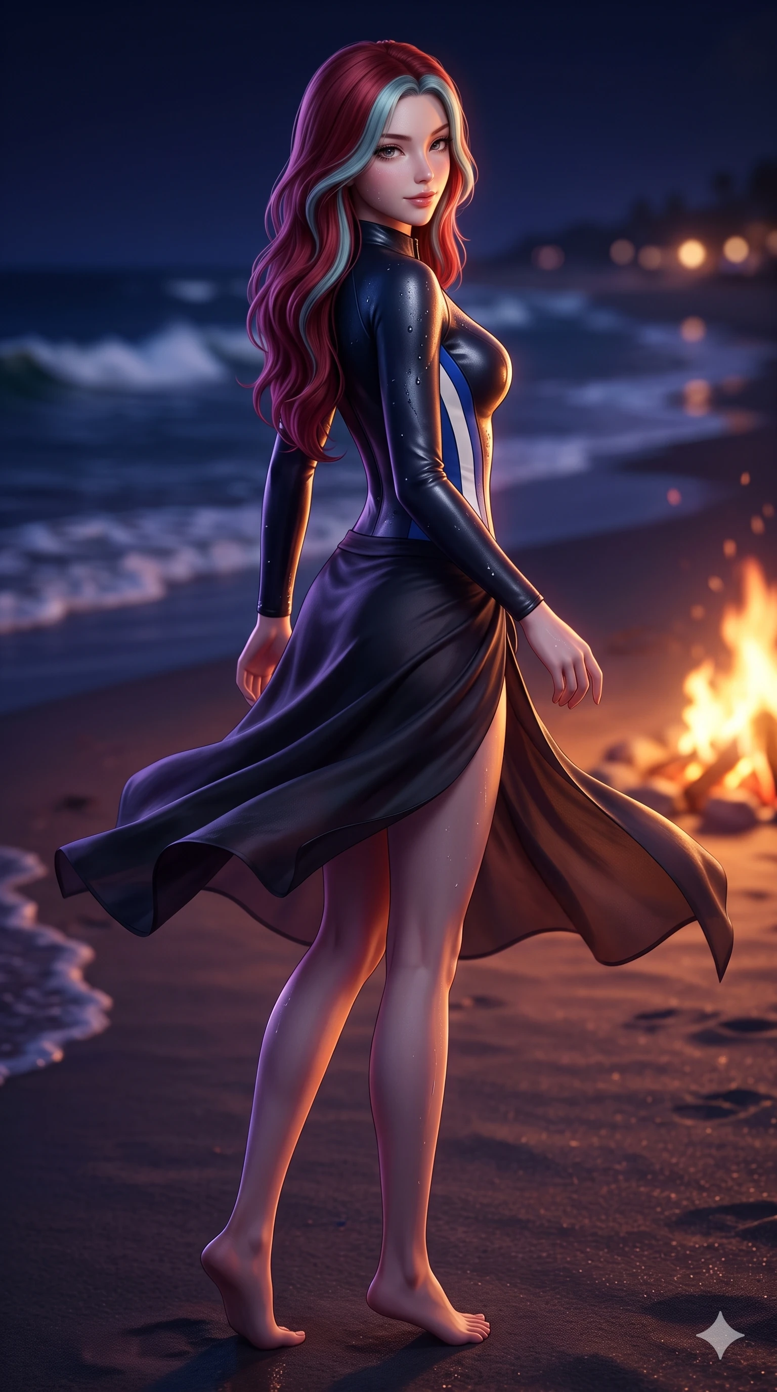 score_9, masterpiece, best quality, ultra-detailed, high-budget anime keyframe, semi-realistic 3D game render, editorial fashion photography, tasteful artistic composition, Caucasian woman. low angle full-body shot from head to toe showing her feet, filling the entire 9:16 vertical frame with her statuesque presence, stretching her vertical silhouette. executing a slow, graceful pivot turn as her silk wrap skirt sways around her slender legs, glancing back with an enchanting, teasing sensual expression while standing poised at the edge of the bonfire glow, looking back over her bare shoulder with an enchanting, smoldering gaze as the tide rolls in. The background shows a soft-focus romantic beach campfire atmosphere softened in midnight shoreline shallow focus. She has an absolutely perfect, statuesque 8.5-heads proportion, an exceptionally tall and slender model-like female figure with impossibly long slender legs, an ultra-slim waist, a flat toned midriff, narrow delicate ribcage, and beautifully sculpted feminine hips creating a graceful, slim hourglass silhouette without any bulky heaviness. sharp v-shaped jawline, high-bridge nose, sparkling eyes with hypnotic seductive depth, thick curled eyelashes, glossy parted lips with a natural dewy peach sheen, alluring bedroom-eyes with an enchanting coquettish smile, exuding magnetic siren charisma and sophisticated glamour, flawlessly proportioned anatomical accuracy, strict slender model proportions, natural body alignment, perfectly sculpted long slender limbs, ultra-slim waistline, clean dynamic posture without body distortion. wearing a form-contouring wet-look neoprene zip-front surfing bodysuit with high-cut leg openings and racing side stripes in Mykonos whitewash and cobalt blue, woven from buttery-soft stretch lambskin leather adhering to her body like a second skin, finished with glistening drops of seawater beading across her sculpted shoulders and flat midriff, the form-contouring material adhering flawlessly to her sculpted flat midriff and slender torso, emphasizing her long leg lines and perfectly proportioned willowy build. illuminated by white sand ground bounce and sharp amber-violet rim lights sculpting her razor-sharp jawline, narrow waist, and curvy hips. highly saturated vibrant anime colors, detailed shading with soft gradients, rich glossy textures, high-contrast stereoscopic depth, volumetric dynamic lighting, master piece, 9:16 ratio