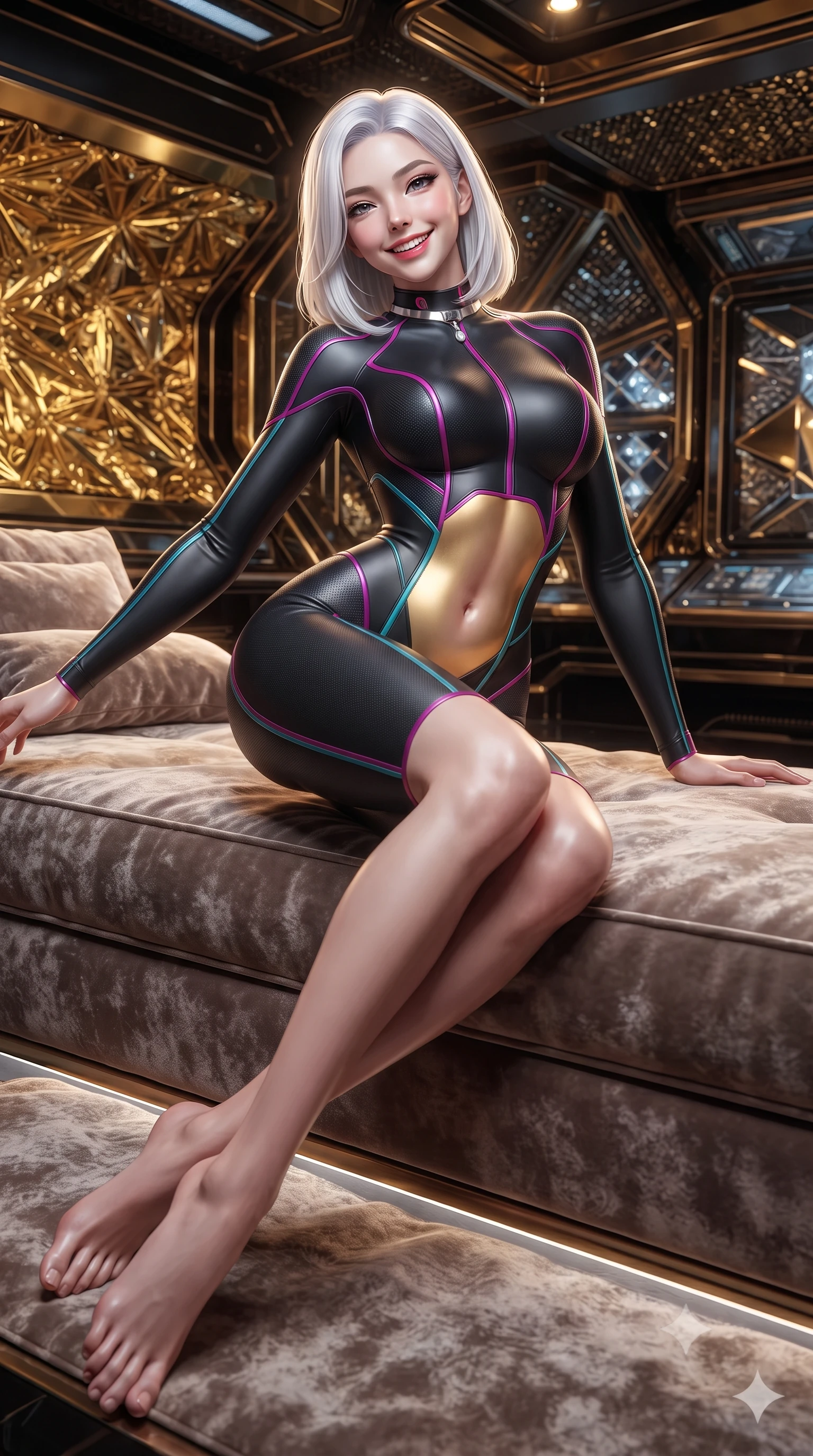 score_9, masterpiece, best quality, ultra-detailed, high-budget anime keyframe, editorial fashion photography, tasteful artistic composition, Korean woman. low angle full-body shot from head to toe showing her feet, filling the entire 9:16 vertical frame with her statuesque presence, stretching her vertical silhouette. lounging on the lavish daybed with legs crossed and hips angled toward the camera, displaying her toned midriff and long slender limbs with effortless siren poise while twisting her slender torso in an alluring S-curve, intense solar radiation filters painting golden highlights across her flat midriff and hips. The surrounding environment is rendered in vivid detail and crisp panoramic clarity: sharp gold-leaf thermal insulation foil, crystalline sensor lenses, and micro-meteorite impact shielding textures in deep focus. She has an exceptionally tall and slender model-like 8.5-heads proportion, an ultra-slim waist, a flat toned midriff, narrow delicate ribcage, and beautifully sculpted feminine hips creating a graceful, slim hourglass silhouette without any bulky heaviness, with impossibly long slender legs. sharp v-shaped jawline, high-bridge nose, intricate jewel-like sparkling eyes with depth, thick eyelashes, glossy parted lips with a natural peach sheen, bright cheerful beaming smile with an enchanting and coquettish sensual glint, exuding both youthful cute charm and seductive allure, flawlessly proportioned anatomical accuracy, strict slender model proportions, natural body alignment, perfectly sculpted long slender limbs, ultra-slim waistline, clean dynamic posture without body distortion. wearing an ultra-sleek second-skin tactical combat bodysuit made of liquid-gloss neoprene with reinforced ribcage contouring seams hugging her hourglass figure in Kowloon neon magenta and electric teal, tailored from high-density tech-wool with subtle metallic thread weave, finished with a minimalist chrome choker and a single teardrop diamond pendant, the impeccably tailored cut draping gracefully along her slender figure with aristocratic poise. illuminated by Earth albedo reflection bounce and intense solar-gold rim lights defining her razor-sharp jawline, narrow waist, and curvy hips. ultra-reflective glossy finish, specular highlights, rich textural contrasts, high-contrast stereoscopic depth, volumetric dynamic lighting, 2k, ultra detail, master piece, 9:16 ratio