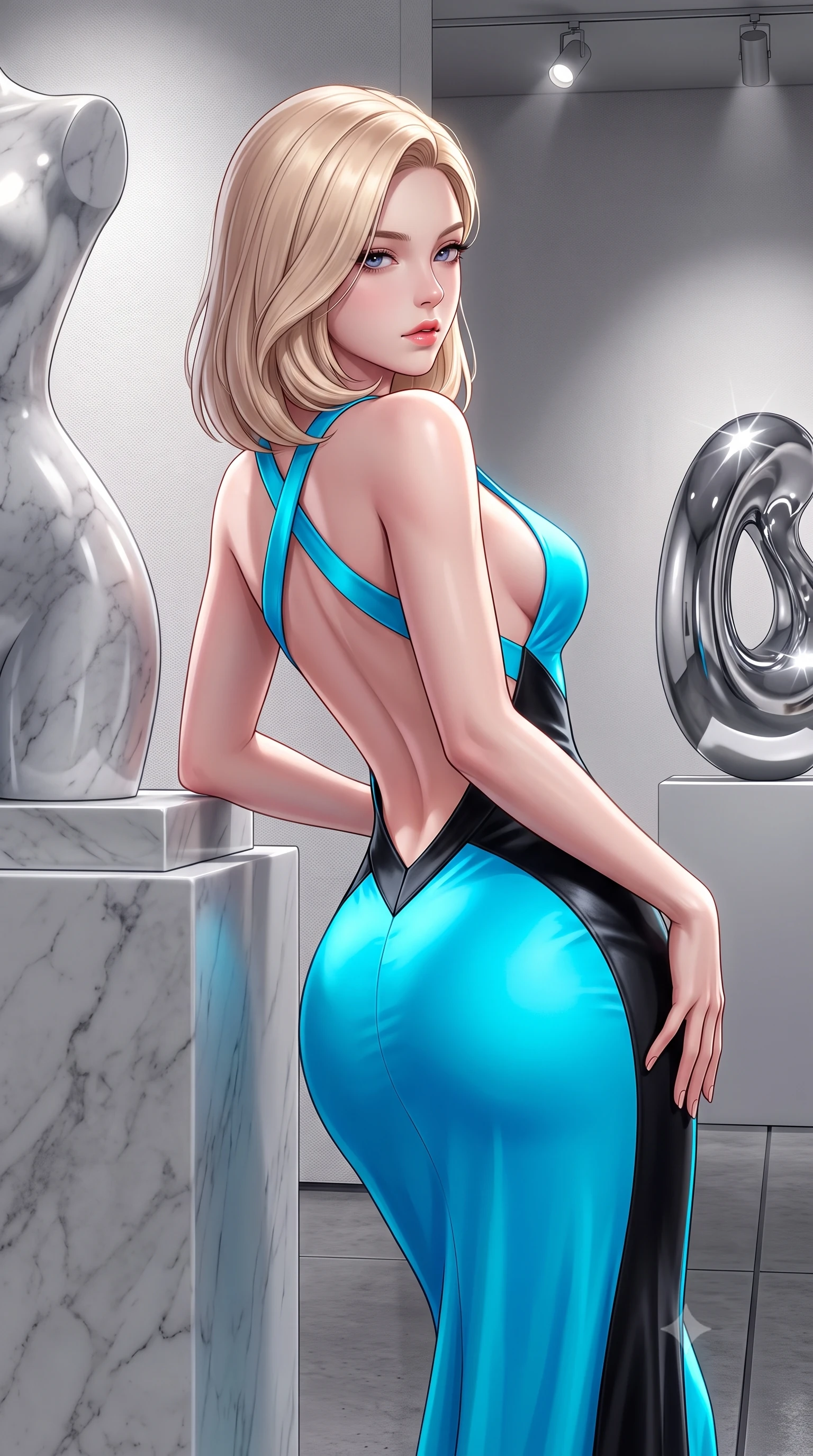 score_9, masterpiece, best quality, ultra-detailed, high-budget anime keyframe, semi-realistic 3D game render, editorial fashion photography, tasteful artistic composition, Korean woman. close-up cowboy shot from the waist and thighs up, the character dominates the composition, filling the frame with her large presence. arching her spine backward with effortless dancer poise, one hand sliding along her hip line as directional light carves specular highlights along her silhouette while leaning back against the pedestal of a minimalist marble sculpture with hips cocked, casting a cool, intellectual, and smoldering gaze at the camera. The surrounding environment is rendered in vivid detail and crisp panoramic clarity. sharp canvas texture weave, polished chrome sculpture surfaces, and concrete gallery floor seams in deep focus. She has an exceptionally elegant, slender, and willowy female figure with an ultra-slim waist, flat toned midriff, narrow ribcage, and sculpted feminine hips creating an alluring, slim hourglass silhouette without bulk. sharp v-shaped jawline, high-bridge nose, intricate jewel-like eyes with depth, thick eyelashes, glossy parted lips with a natural sheen, intensely captivating and seductive bedroom-eyes expression, flawlessly proportioned anatomical accuracy, strict slender model proportions, natural body alignment, perfectly sculpted long slender limbs, ultra-slim waistline, clean dynamic posture without body distortion. wearing a liquid-silk jersey evening gown with an ultra-deep plunging open back descending to the base of her spine and a sculpted hip-hugging skirt in neon electric cyan and lacquer black, crafted from second-skin supple lambskin leather with liquid drape, finished with criss-cross back satin straps highlighting her graceful shoulder blades, the second-skin form-contouring cut accentuating her sculpted flat midriff, narrow delicate ribcage, and gracefully curvy hips with supermodel precision. bathed in precise museum directional spotlights from above and soft floor-level ambient fill. highly saturated vibrant anime colors, detailed shading with soft gradients, rich glossy textures, high-contrast stereoscopic depth, volumetric dynamic lighting, master piece, 9:16 ratio