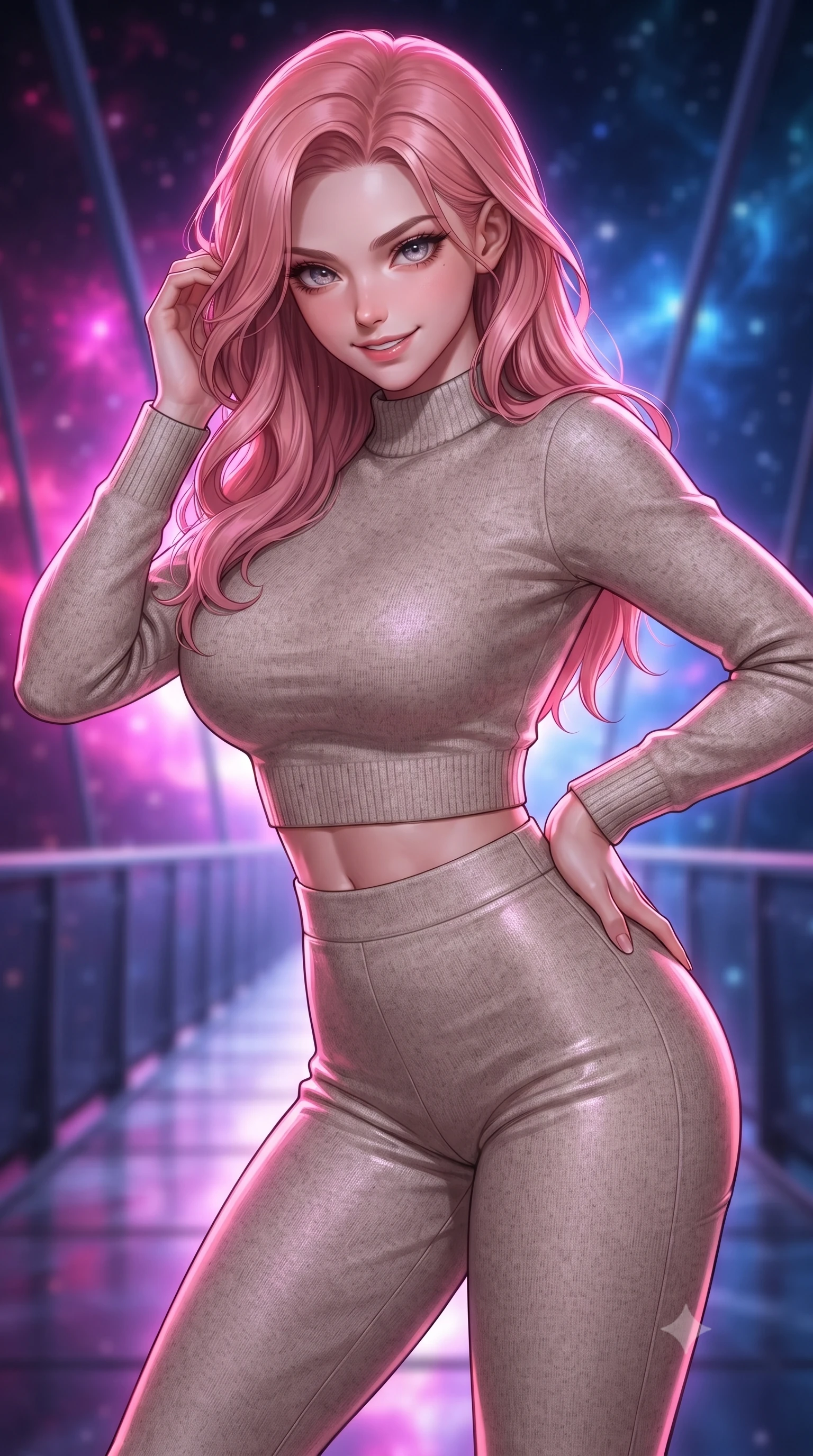 score_9, masterpiece, best quality, ultra-detailed, high-budget anime keyframe, editorial fashion photography, tasteful artistic composition, Japanese woman. close-up cowboy shot from the waist and thighs up, the character dominates the composition, filling the frame with her large presence, background elements kept in soft focus. leaning slightly forward with a playful, teasing smile, her gaze locked onto the viewer the background shows a soft-focus an ethereal glass bridge spanning over a glowing nebular rift. She has an exceptionally elegant, slender, and willowy female figure with an ultra-slim waist, a gracefully sculpted slender torso, and a refined silhouette. sharp v-shaped jawline, high-bridge nose, intricate jewel-like eyes with depth, thick eyelashes, glossy lips with a natural sheen. wearing a body-hugging tight-fitting crop sweater in oatmeal wool, paired with high-waisted form-fitting pants. vivid magenta and indigo cosmic light wrapping her in a dramatic backlight. ultra-reflective glossy finish, specular highlights, metallic sheen, high-contrast stereoscopic depth, volumetric dynamic lighting, 2k, ultra detail, master piece, 9:16 ratio