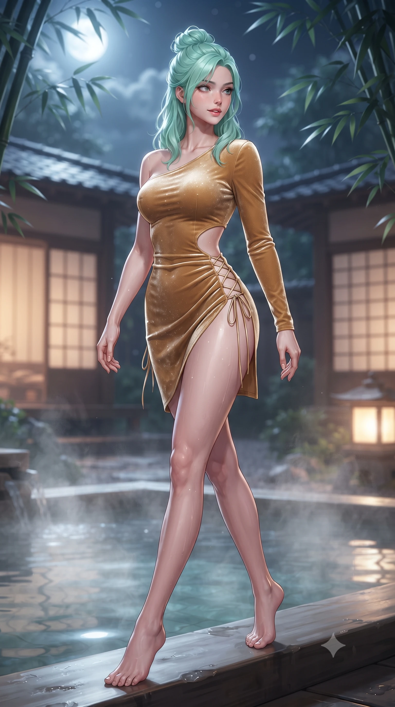 score_9, masterpiece, best quality, ultra-detailed, high-budget anime keyframe, editorial fashion photography, tasteful artistic composition, Japanese woman. low angle full-body shot from head to toe showing her feet, filling the entire 9:16 vertical frame with her statuesque presence, stretching her vertical silhouette. walking along the terrace with poise, looking back over her bare shoulder with an irresistible smoldering bedroom-gaze while standing poised on the edge of the steaming fragrant cypress hinoki bath, arching her spine with wet-look siren grace under the moonlit bamboo. The background shows a soft-focus traditional shoji pavilion softened in intimate Japanese hot spring sanctuary shallow focus. She has an exceptionally tall and slender model-like 8.5-heads proportion, an ultra-slim waist, a flat toned midriff, narrow delicate ribcage, and beautifully sculpted feminine hips creating a graceful, slim hourglass silhouette without any bulky heaviness, with impossibly long slender legs. sharp v-shaped jawline, high-bridge nose, intricate jewel-like sparkling eyes with depth, thick eyelashes, glossy parted lips with a natural peach sheen, bright cheerful beaming smile with an enchanting and coquettish sensual glint, exuding both youthful cute charm and seductive allure, flawlessly proportioned anatomical accuracy, strict slender model proportions, natural body alignment, perfectly sculpted long slender limbs, ultra-slim waistline, clean dynamic posture without body distortion. wearing an asymmetrical cut-out tech-couture mini dress with one long sleeve, bare shoulder, and side-waist cutouts in Dubai desert golden hour amber and pure starlight platinum, tailored from ultra-plush silk velvet with rich tactile depth and deep shadow gradients, featuring fine criss-cross lace-up side ties revealing tantalizing glimpses of her hip curve, the high-slit wrap tailoring accentuating her ultra-slim waistline and the enchanting curve of her feminine hips with alluring seductive charm. bathed in mystical cool silver moonlight filtering through swaying bamboo leaves combined with warm 2700K stone lantern glow. ultra-reflective glossy finish, specular highlights, rich textural contrasts, high-contrast stereoscopic depth, volumetric dynamic lighting, 2k, ultra detail, master piece, 9:16 ratio