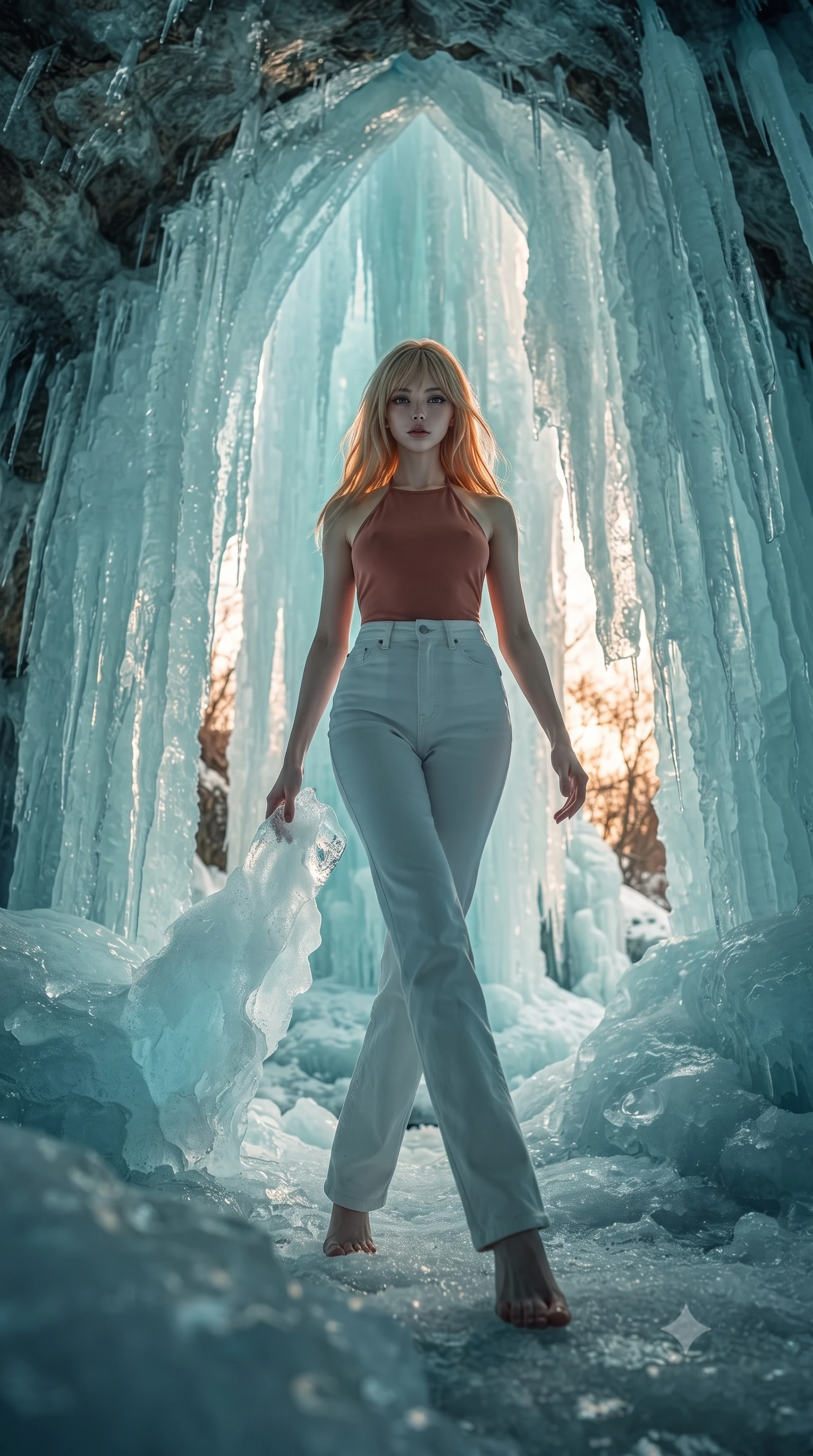 score_9, masterpiece, best quality, ultra-detailed, high-budget anime keyframe, editorial fashion photography, tasteful artistic composition, Japanese woman. low angle full-body shot from head to toe showing her feet, filling the entire 9:16 vertical frame with her statuesque presence, stretching her vertical silhouette. navigating with fluid motion through inside a hidden grotto behind a completely frozen waterfall with massive ice formations creating prismatic arches and columns frozen mid-cascade water transformed into translucent sculptural curtains of blue-white ice. She has a statuesque 8.5-heads proportion, an exceptionally tall, slender and willowy model-like build with impossibly long legs and a highly sculpted ultra-slim waist. sharp v-shaped jawline, high-bridge nose, intricate jewel-like eyes with depth, thick eyelashes, glossy lips with a natural sheen. wearing a backless halter-neck top in muted terracotta, paired with high-waisted white denim trousers. warm amber rim lighting combined with cool teal fill light creating dramatic contrast. 2k, ultra detail, master piece, 9:16 ratio