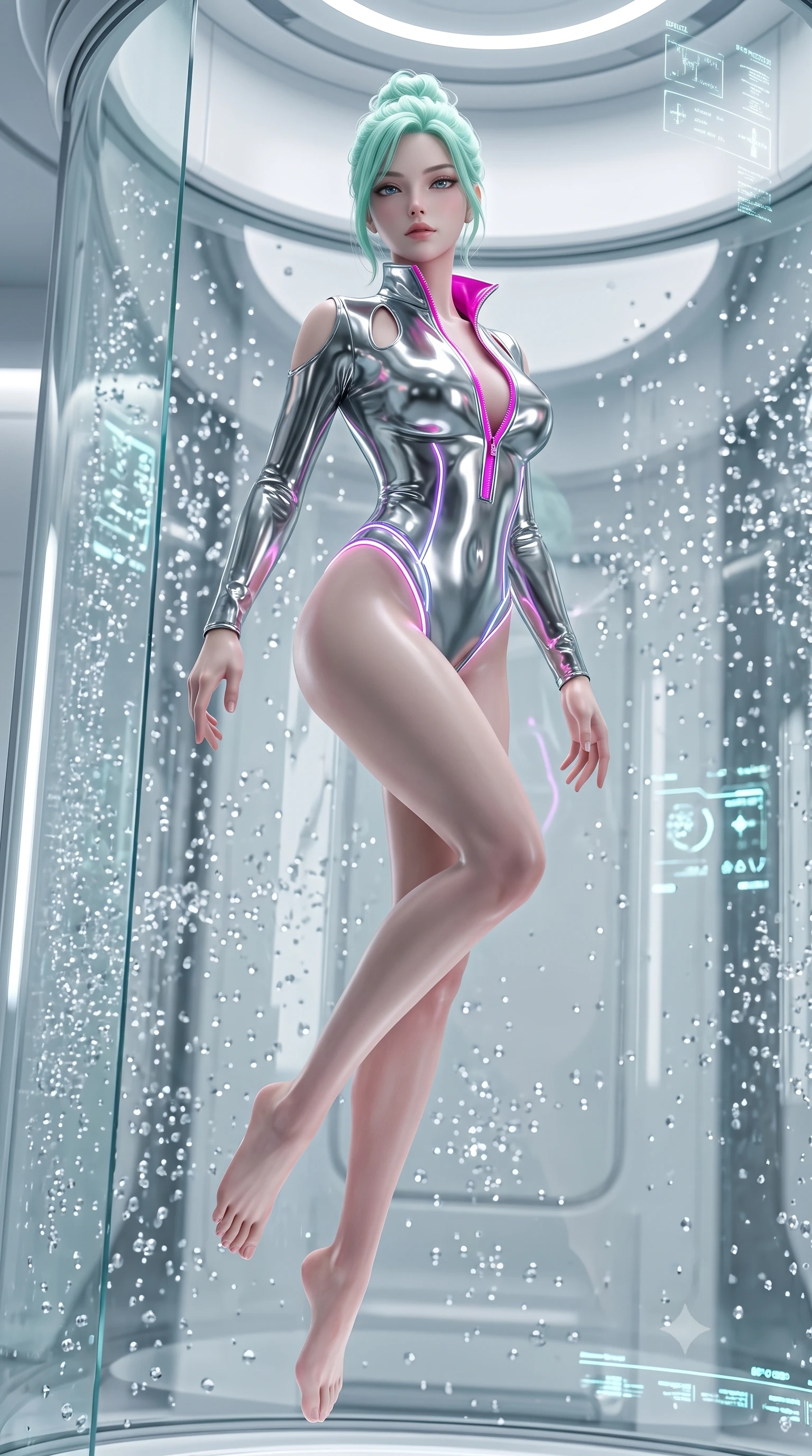 score_9, masterpiece, best quality, ultra-detailed, high-budget anime keyframe, semi-realistic 3D game render, editorial fashion photography, tasteful artistic composition, Japanese woman. low angle full-body shot from head to toe showing her feet, filling the entire 9:16 vertical frame with her statuesque presence, stretching her vertical silhouette. pivoting dynamically in mid-motion with a breathtakingly alluring posture, displaying her flawless model proportions and ultra-slim waist while floating in zero-gravity inside a medical stasis cylinder with a serene yet dangerously alluring gaze. The surrounding environment is rendered in vivid detail and crisp panoramic clarity. crisp glass chamber curvature, sparkling nano-fluid droplet textures, and glowing diagnostic glyphs in deep focus. She has an absolutely perfect, statuesque 8.5-heads proportion, an exceptionally tall and slender model-like female figure with impossibly long slender legs and an ultra-slim waist. sharp v-shaped jawline, high-bridge nose, intricate jewel-like eyes with depth, thick eyelashes, glossy lips with a natural sheen, flawlessly proportioned anatomical accuracy, natural body alignment, perfectly sculpted elegant limbs, clean dynamic posture without body distortion. wearing a form-fitting top made of molten liquid-mercury fabric that clings to her curves, with strategic tear-drop shoulder cutouts and a dangerously unzipped front collar in chromatic platinum and blazing neon magenta, formed from high-gloss patent material with specular light reflections, accented with glowing fiber-optic seams tracing her collarbones and hip curves, the liquid-tight fabric adhering flawlessly to her sculpted torso and slender silhouette. surrounded by a sterile yet deeply seductive, ethereal, and pristine android rebirth atmosphere. highly saturated vibrant anime colors, detailed shading with soft gradients, rich glossy textures, high-contrast stereoscopic depth, volumetric dynamic lighting, master piece, 9:16 ratio