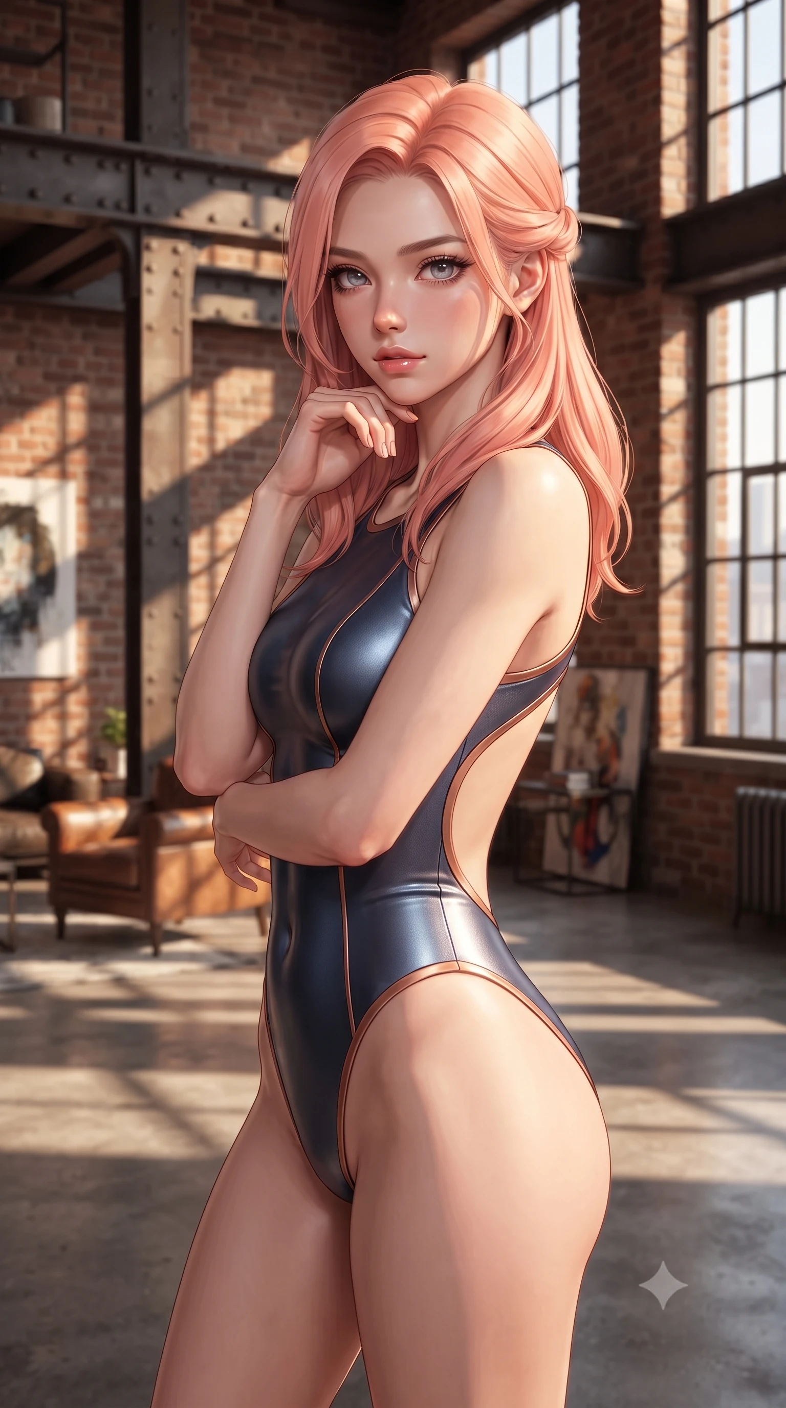 score_9, masterpiece, best quality, ultra-detailed, high-budget anime keyframe, editorial fashion photography, tasteful artistic composition, Japanese woman. close-up cowboy shot from the waist and thighs up, the character dominates the composition, filling the frame with her large presence, background elements kept in soft focus. Resting her chin on the backs of her fingers in a confident pose. set against a soft-focus background of a raw industrial space with exposed red brick walls riveted steel I-beams massive factory windows and polished concrete floors converted into a luxury living space with designer furniture and contemporary art. She has an exceptionally elegant and slender, willowy female figure with an ultra-slim waist, a gracefully sculpted slender torso, and a refined slim physique. sharp v-shaped jawline, high-bridge nose, intricate jewel-like eyes with depth, thick eyelashes, glossy lips with a natural sheen. wearing a one-piece style bodysuit in metallic navy with copper trim, featuring high-cut legs and an open-back design. strong directional afternoon light streaming through the massive multi-pane factory windows creating bold geometric shadow patterns on brick and concrete with warm industrial ambiance. 2k, ultra detail, master piece, 9:16 ratio