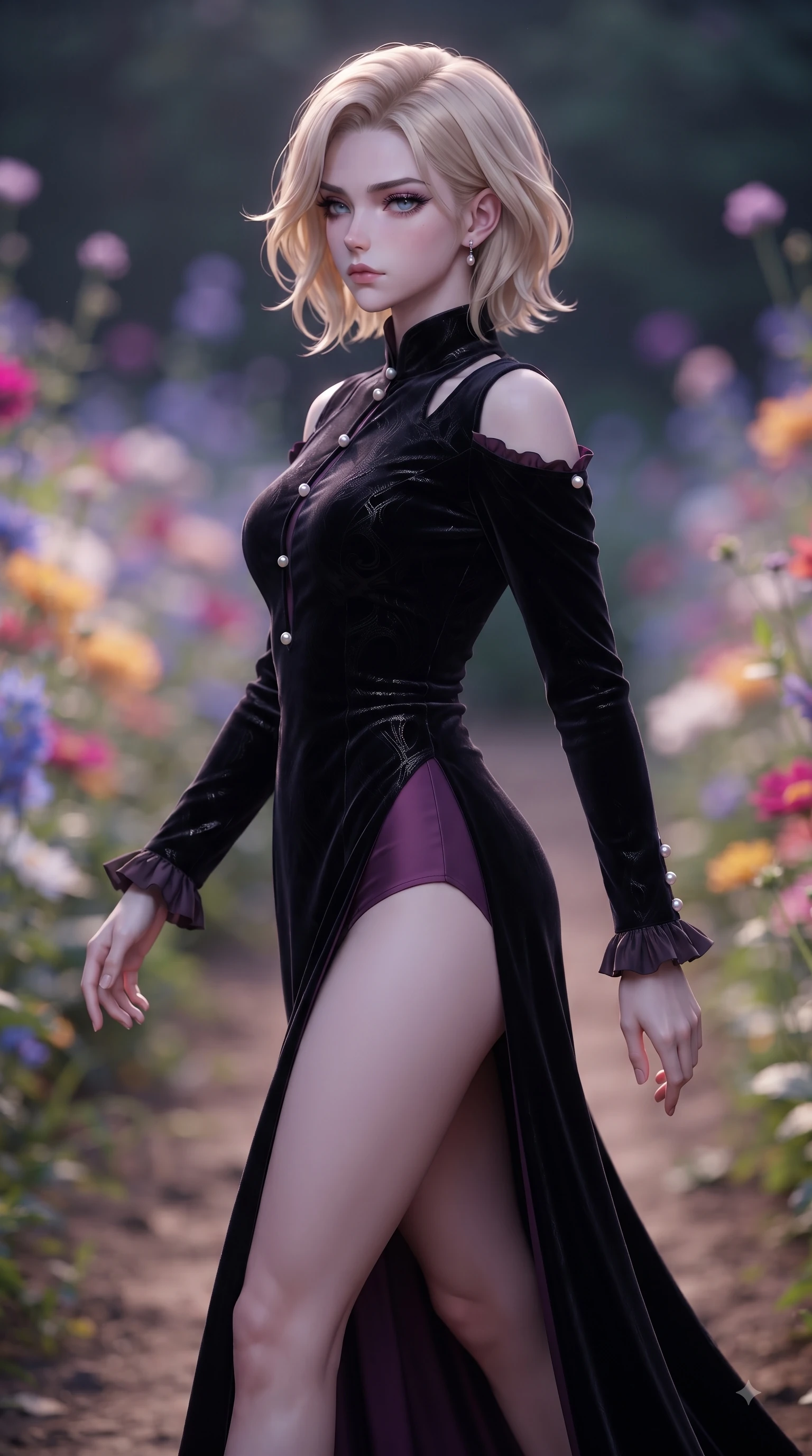 score_9, masterpiece, best quality, ultra-detailed, high-budget anime keyframe, editorial fashion photography, tasteful artistic composition, Caucasian woman. close-up cowboy shot from the waist and thighs up, the character dominates the composition, filling the frame with her large presence. Indifferent cold glance casting a disdainful side-eye from beneath long dark eyelashes with aloof confidence while stepping along a dirt path flanked by vibrant blossoms with an ethereal editorial grace. The composition keeps background elements in soft focus with dreamy bokeh. swaying flower stems and soft twilight skies softened by gentle shallow depth of field. She has an exceptionally elegant, slender, and willowy female figure with an ultra-slim waist, a gracefully sculpted slender torso, and a refined silhouette. sharp v-shaped jawline, high-bridge nose, intricate jewel-like eyes with depth, thick eyelashes, glossy lips with a natural sheen, flawlessly proportioned anatomical accuracy, natural body alignment, perfectly sculpted elegant limbs, clean dynamic posture without body distortion. wearing a dramatic black velvet evening gown with a high leg slit and subtle shoulder cutouts in rich plum violet and metallic platinum, tailored from crisp high-density cotton poplin, accented with delicate pearl buttons and refined ruffle trims, the form-contouring material accentuating her ultra-slim waist and long lines. illuminated by soft ambient lavender reflections and delicate rim highlights. ultra-reflective glossy finish, specular highlights, metallic sheen, high-contrast stereoscopic depth, volumetric dynamic lighting, 2k, ultra detail, master piece, 9:16 ratio