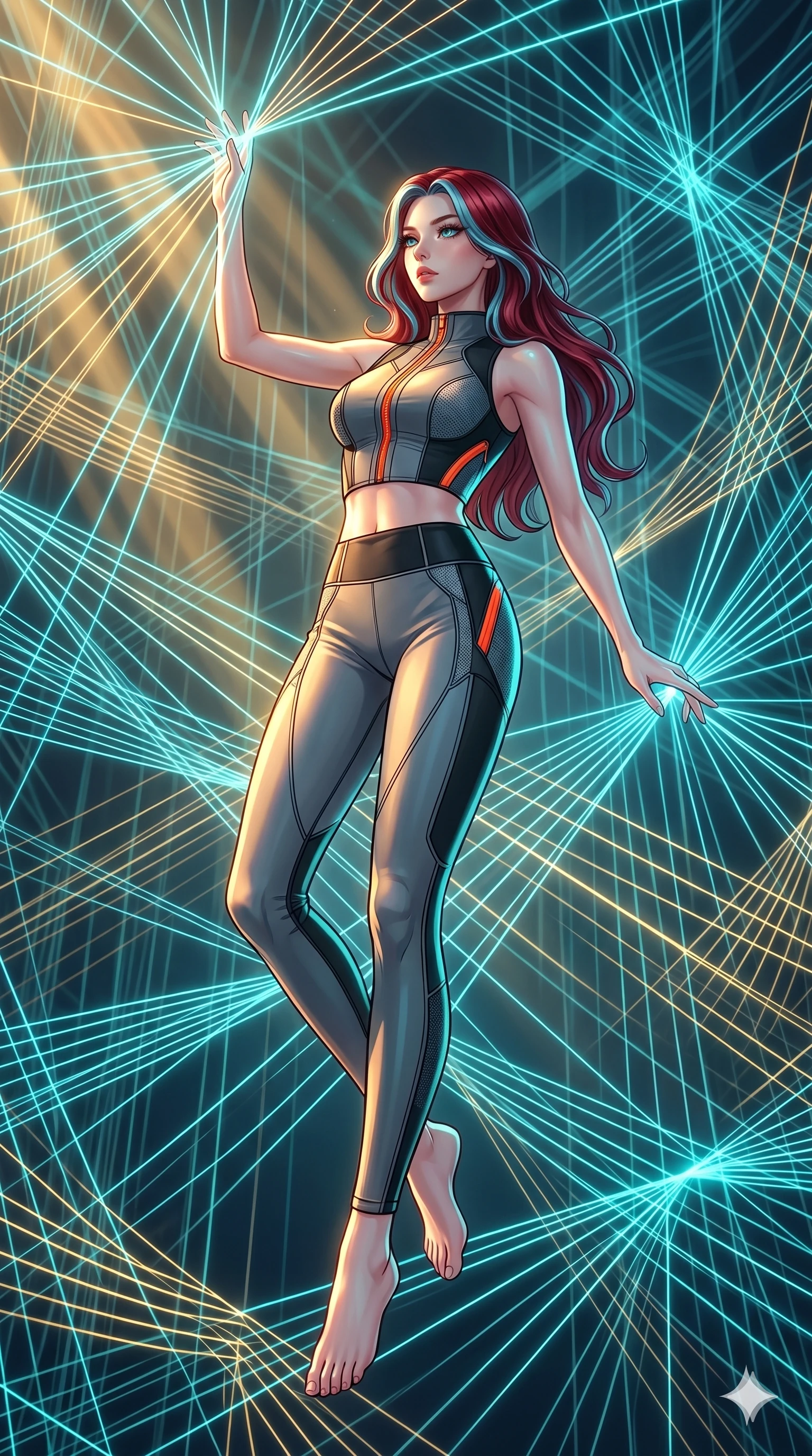 score_9, masterpiece, best quality, ultra-detailed, high-budget anime keyframe, Japanese woman. low angle full-body shot filling the entire 9:16 frame with her statuesque presence, stretching the vertical silhouette. floating suspended in an ethereal loom room where millions of luminescent cyan and gold threads intersect and weave geometric patterns. She has an absolutely perfect 8-heads proportion, an exceptionally tall and slender female figure with impossibly long slender legs and an ultra-slim waist. V-shaped jawline, high-bridge nose, intricate jewel-like eyes with depth, thick eyelashes, glossy lips with a natural sheen.. wearing a second-skin neoprene cyber-athleisure set, featuring a tight crop top and leggings with fluorescent orange zipper accents and side slash panels. showcasing a beautiful play of light and shadow, with warm golden rays clashing against cool cyan highlights. 2k, ultra detail, master piece, 9:16 ratio
