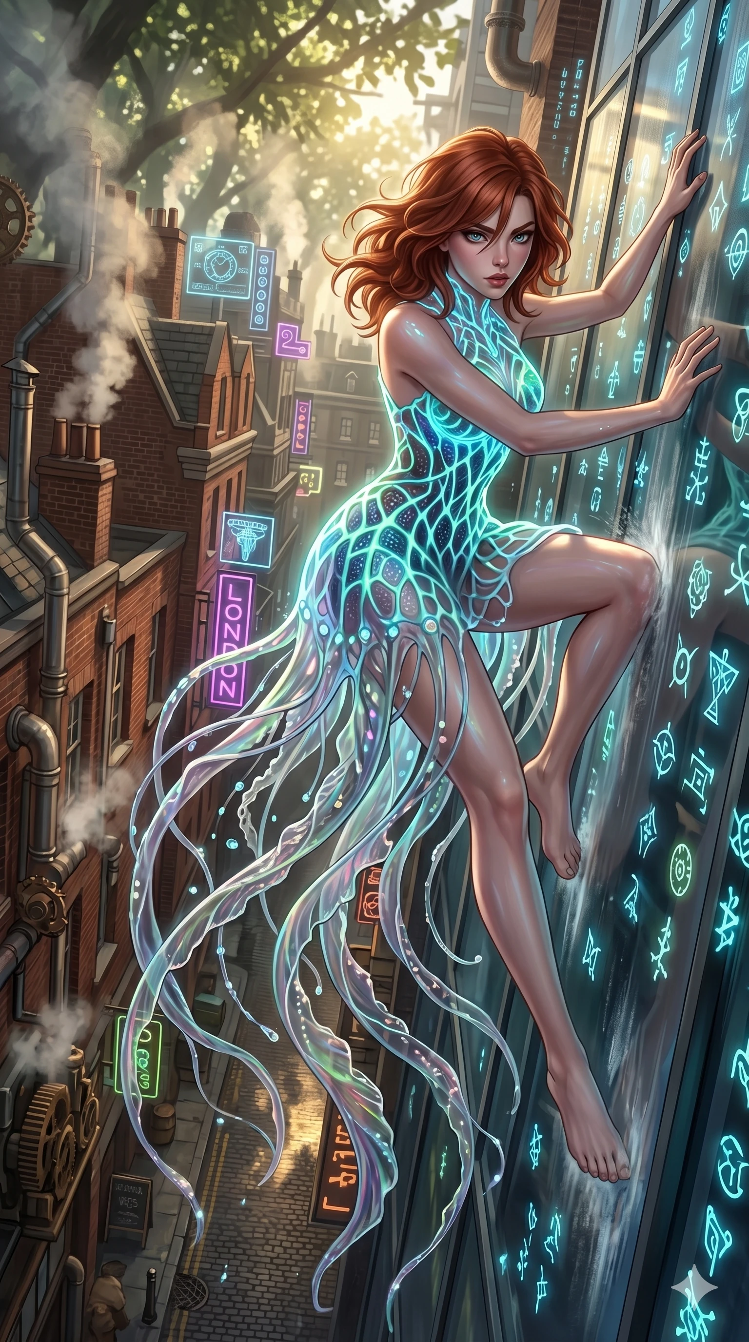 score_9, masterpiece, best quality, ultra-detailed, Set A: High-budget Anime Keyframe, Caucasian (human ears) woman. Upper body close-up from the thighs up, character filling the screen for maximum presence. Theme: Primal Nature. sliding down a glass skyscraper in a steampunk London alleyway, as a digital rain of 17 symbols washes over her. The atmosphere is filled with cinematic sunlight through leaves. She has an absolutely perfect 8-heads proportion, an exceptionally tall and slender female figure with impossibly long slender legs and an ultra-slim waist. Sharp v-shaped jawline, high-bridge nose, intricate jewel-like eyes with depth, glossy lips. Wearing Bioluminescent jellyfish-inspired dress with long flowing transparent tentacles. Cinematic lighting, vivid colors, dramatic shadows, 2k, ultra detail, master piece, 9:16 ratio