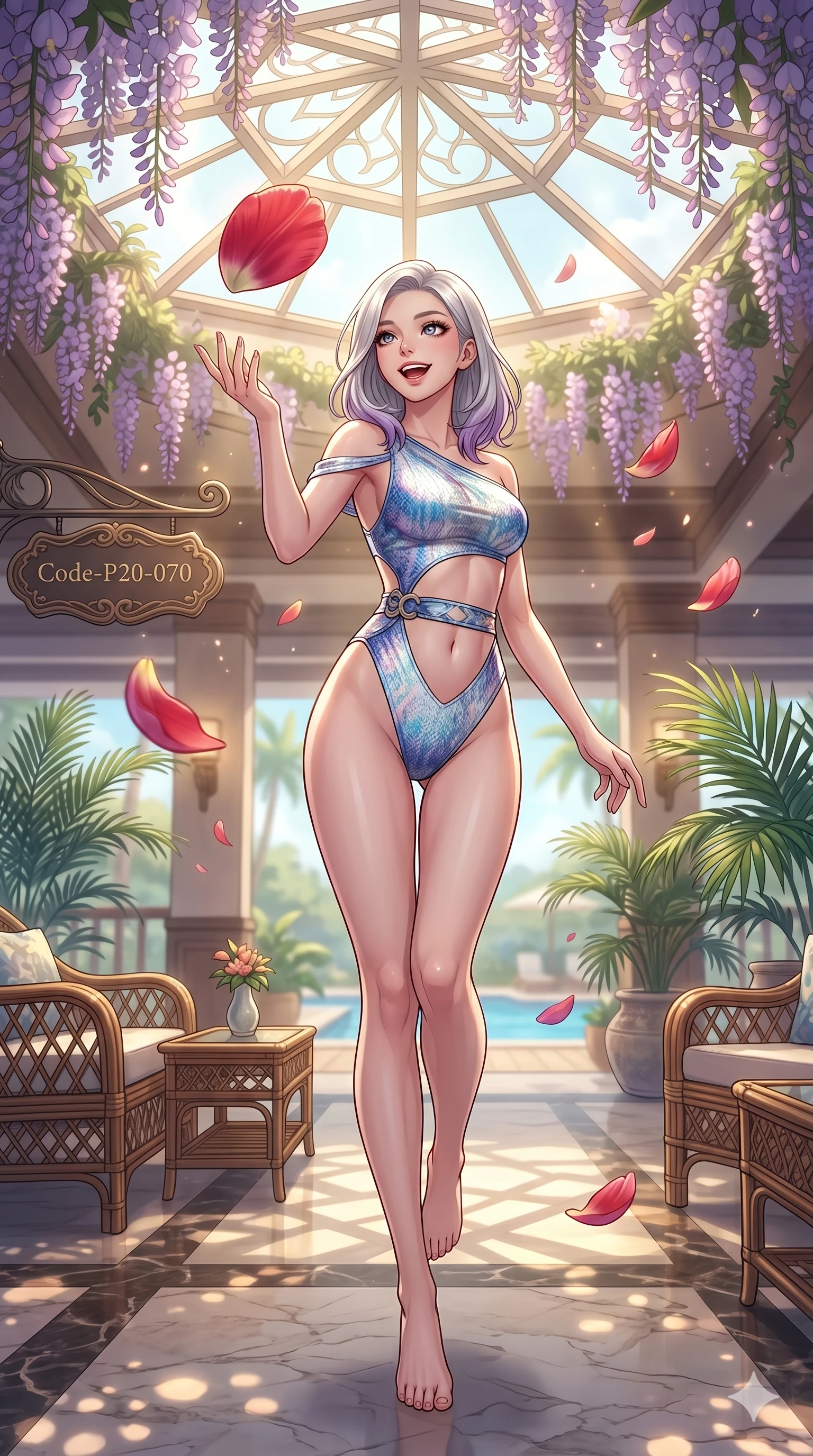 score_9, masterpiece, best quality, ultra-detailed, high-budget anime keyframe, vibrant anime aesthetic, Caucasian woman, strictly human ears. cowboy shot from the thighs up, character and outfit filling the frame for maximum presence. She is tossing a tulip petal with a happy grin, her face glowing with delight by a tropical resort lobby patio under a large skylight (Code-P20-070). She has an absolutely perfect 8-heads proportion, an exceptionally tall and slender female figure with impossibly long slender legs and an ultra-slim waist. V-shaped jawline, high-bridge nose, intricate jewel-like eyes with depth, thick eyelashes, glossy lips with a natural sheen. wearing a bodycon swimsuit with high-slit and exposed midriff. She is soft gold sunbeams filtered through wisteria vines, creating a mystical and elegant glow. 2k, ultra detail, master piece, 9:16 ratio