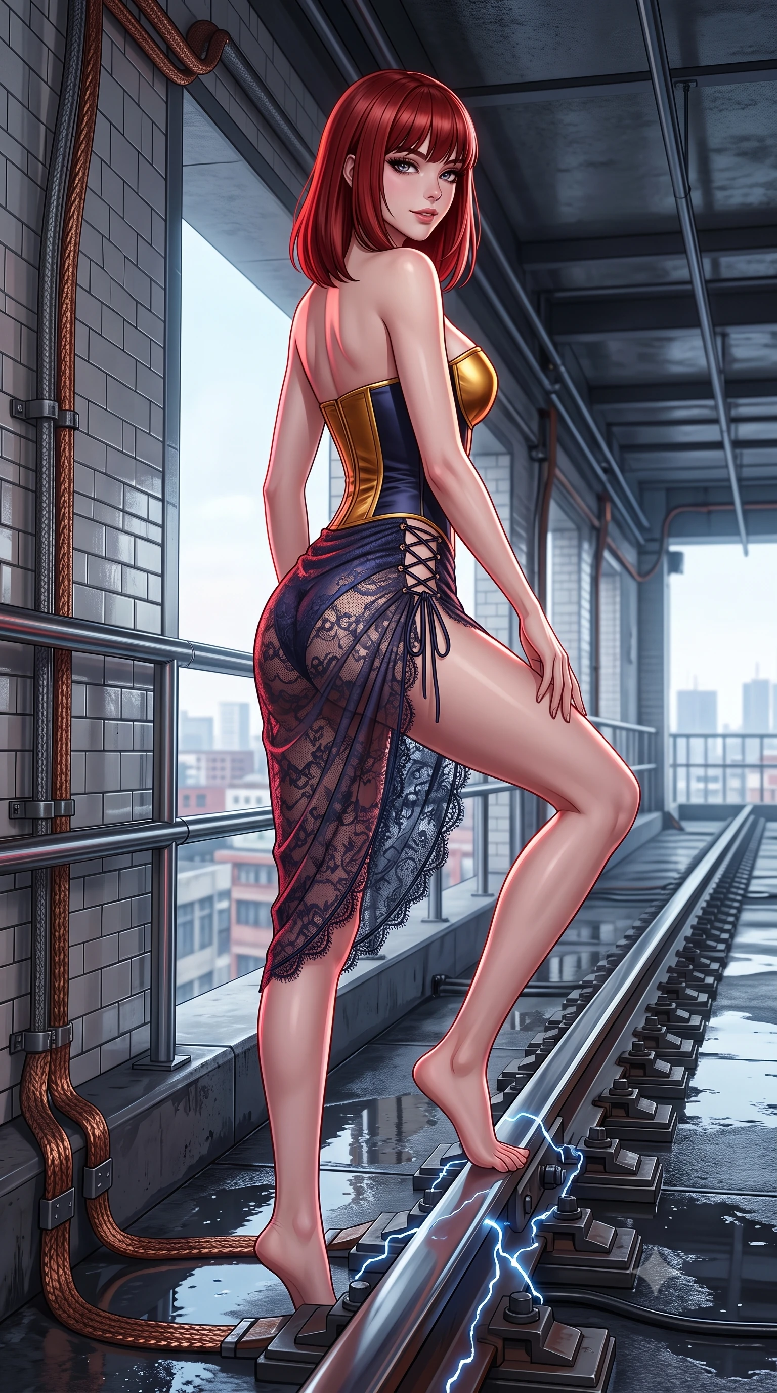 score_9, masterpiece, best quality, ultra-detailed, high-budget anime keyframe, semi-realistic 3D game render, editorial fashion photography, tasteful artistic composition, Caucasian woman. low angle full-body shot from head to toe showing her feet, filling the entire 9:16 vertical frame with her statuesque presence, stretching her vertical silhouette. walking along the terrace with poise, looking back over her bare shoulder with an irresistible smoldering bedroom-gaze while crouching poised on the electrified rail cover with one knee bent, looking up with hypnotic bedroom-eyes through dark lashes. The surrounding environment is rendered in vivid detail and crisp panoramic clarity: sharp ceramic subway wall tile crazing, steel rail sheen, and braided conduit copper ground straps in deep focus. She has an absolutely perfect, statuesque 8.5-heads proportion, an exceptionally tall and slender model-like female figure with impossibly long slender legs, an ultra-slim waist, a flat toned midriff, narrow delicate ribcage, and beautifully sculpted feminine hips creating a graceful, slim hourglass silhouette without any bulky heaviness. sharp v-shaped jawline, high-bridge nose, sparkling eyes with hypnotic seductive depth, thick curled eyelashes, glossy parted lips with a natural dewy peach sheen, alluring bedroom-eyes with an enchanting coquettish smile, exuding magnetic siren charisma and sophisticated glamour, flawlessly proportioned anatomical accuracy, strict slender model proportions, natural body alignment, perfectly sculpted long slender limbs, ultra-slim waistline, clean dynamic posture without body distortion. wearing a strapless boned satin corset bodice paired with a draped tulip ballet wrap skirt framing her hourglass curves in molten liquid gold and midnight indigo, made of delicate semi-sheer French Chantilly lace with intricate eyelash edges, finished with fine criss-cross lace-up side ties revealing tantalizing glimpses of her hip curve, the high-slit wrap tailoring accentuating her ultra-slim waistline and the enchanting curve of her feminine hips with alluring seductive charm. illuminated by wet track puddle bounce and sharp deep-red rim lights sculpting her jawline, flat midriff, and voluptuous hip curves. highly saturated vibrant anime colors, detailed shading with soft gradients, rich glossy textures, high-contrast stereoscopic depth, volumetric dynamic lighting, master piece, 9:16 ratio