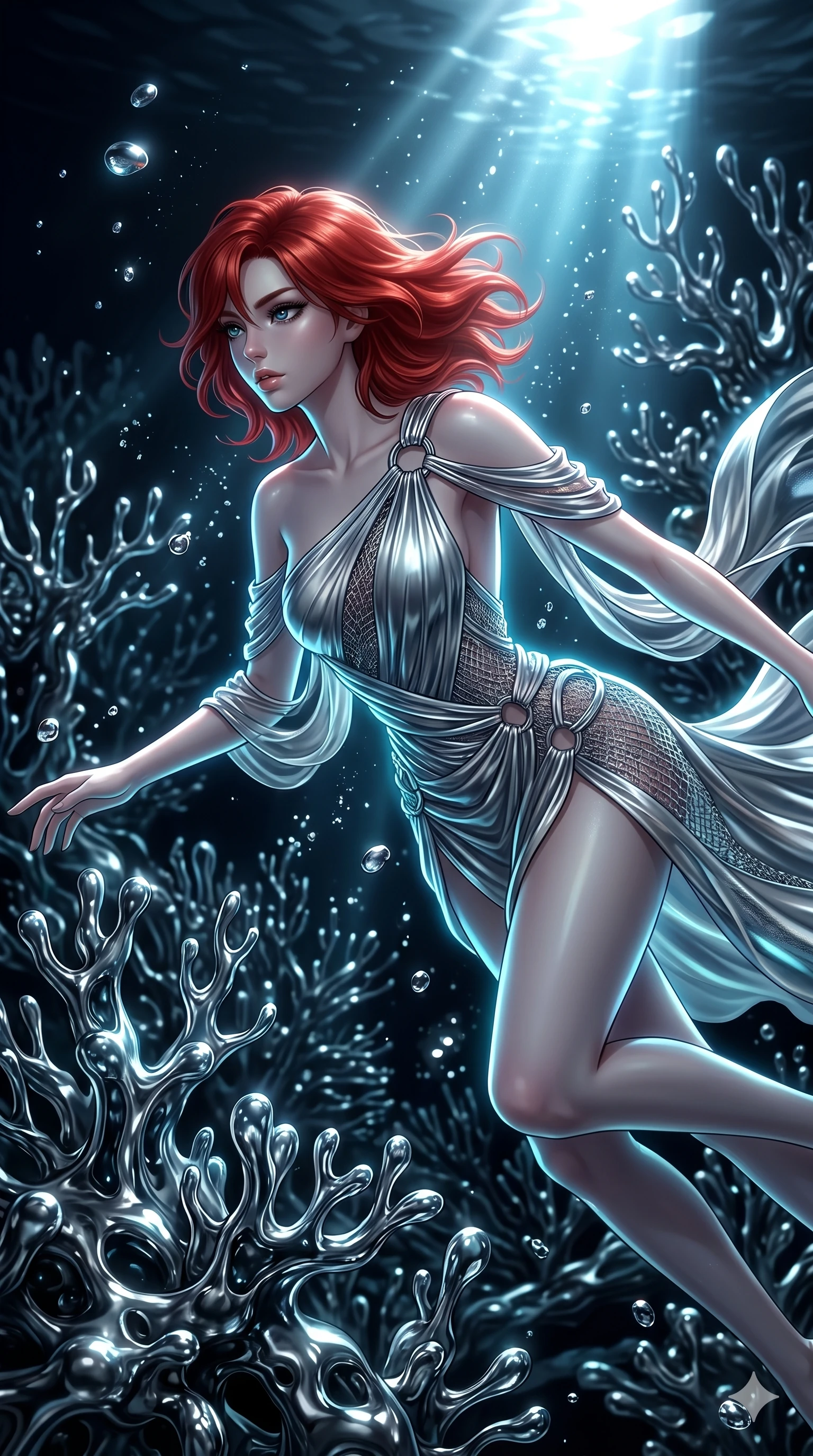 score_9, masterpiece, best quality, ultra-detailed, high-budget anime keyframe, Japanese woman. upper body close-up from the thighs up, character filling the screen for maximum presence. diving through a bionic fluid mercury reef where self-replicating liquid chrome corals pulse under dark ocean water. She has an absolutely perfect 8-heads proportion, an exceptionally tall and slender female figure with impossibly long slender legs and an ultra-slim waist. V-shaped jawline, high-bridge nose, intricate jewel-like eyes with depth, thick eyelashes, glossy lips with a natural sheen.. wearing a draped Grecian cyber-gown, featuring draped silver metallic chiffon held by metal ring hardware, displaying a high-leg line. bathed in brilliant cinematic volumetric lighting and intense neon rim light highlighting her slender form. 2k, ultra detail, master piece, 9:16 ratio