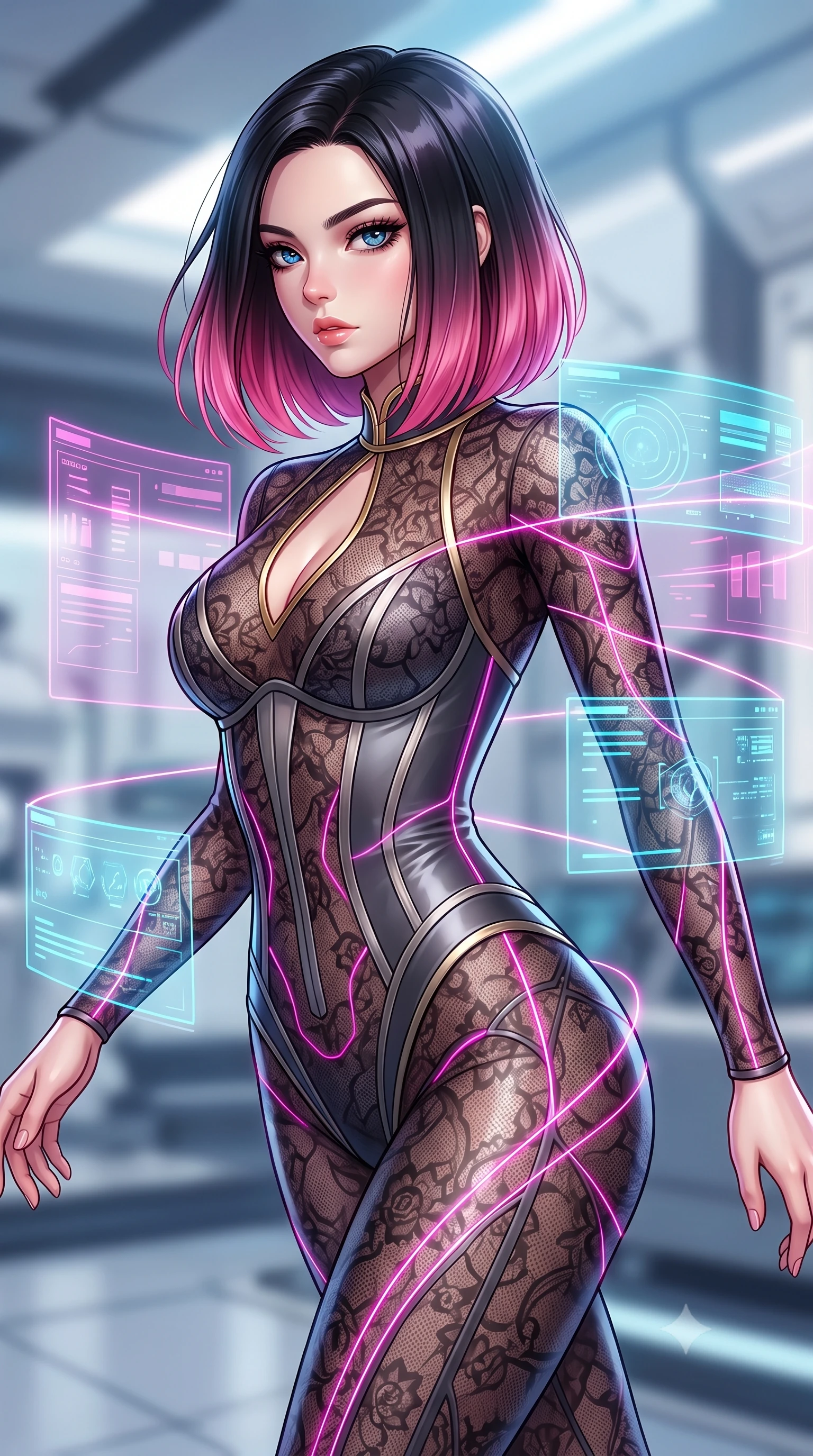 score_9, masterpiece, best quality, ultra-detailed, high-budget anime keyframe, editorial fashion photography, tasteful artistic composition, Korean woman. close-up cowboy shot from the waist and thighs up, the character dominates the composition, filling the frame with her large presence, background elements kept in soft focus. Pivoting sharply while looking back over her shoulder with heavy lashes and a confident, intense gaze while pivoting in a mid-stride turn as neon magenta laser lines trace her statuesque curves, translucent cyan and magenta holographic panels hovering dynamically around her. She has an exceptionally elegant, slender, and willowy female figure with an ultra-slim waist, a gracefully sculpted slender torso, and a refined silhouette. sharp v-shaped jawline, high-bridge nose, intricate jewel-like eyes with depth, thick eyelashes, glossy lips with a natural sheen, flawlessly proportioned anatomical accuracy, natural body alignment, perfectly sculpted elegant limbs, clean dynamic posture without body distortion. wearing a sheer dark lace pattern bodysuit with structured corsetry boning in charcoal grey and platinum, crafted from smooth liquid silk, accented with a Tasteful chest slit framing her clavicle gracefully, the form-contouring material highlighting her ultra-slim waist and long lines. surrounded by a crisp high-tech illumination with high specular contrast. highly saturated vibrant anime colors, detailed shading with soft gradients, rich glossy textures, high-contrast stereoscopic depth, volumetric dynamic lighting, master piece, 9:16 ratio