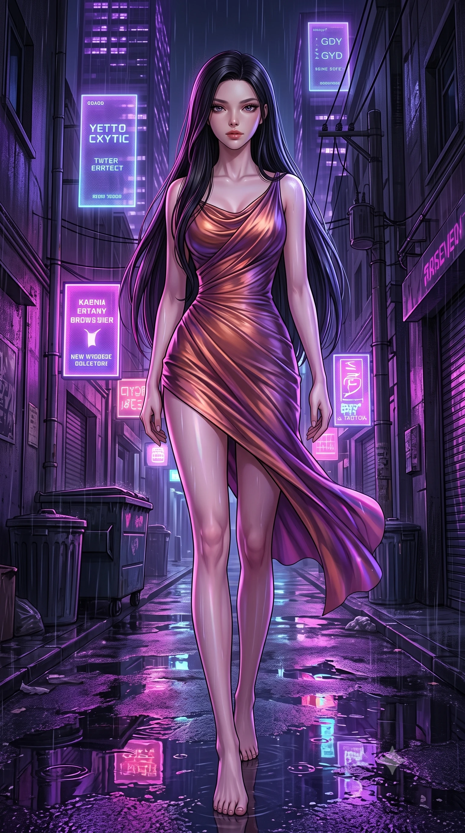 score_9, masterpiece, best quality, ultra-detailed, high-budget anime keyframe, editorial fashion photography, tasteful artistic composition, Korean woman. low angle full-body shot from head to toe showing her feet, filling the entire 9:16 vertical frame with her statuesque presence, stretching her vertical silhouette. navigating with fluid, playful motion through in a narrow alleyway at night during a rainstorm, with wet concrete reflecting the purple neon of nearby skyscrapers and floating holographic ads. She has a statuesque 8.5-heads proportion, an exceptionally tall, slender and willowy model-like build with impossibly long legs and a highly sculpted ultra-slim waist. sharp v-shaped jawline, high-bridge nose, intricate jewel-like eyes with depth, thick eyelashes, glossy lips with a natural sheen. wearing a draped jersey dress in a shifting copper and violet gradient, the fluid fabric clinging to her slender waist with every movement. saturated purple and pink neon light reflecting off the wet asphalt, creating sharp colorful specular highlights. 2k, ultra detail, master piece, 9:16 ratio
